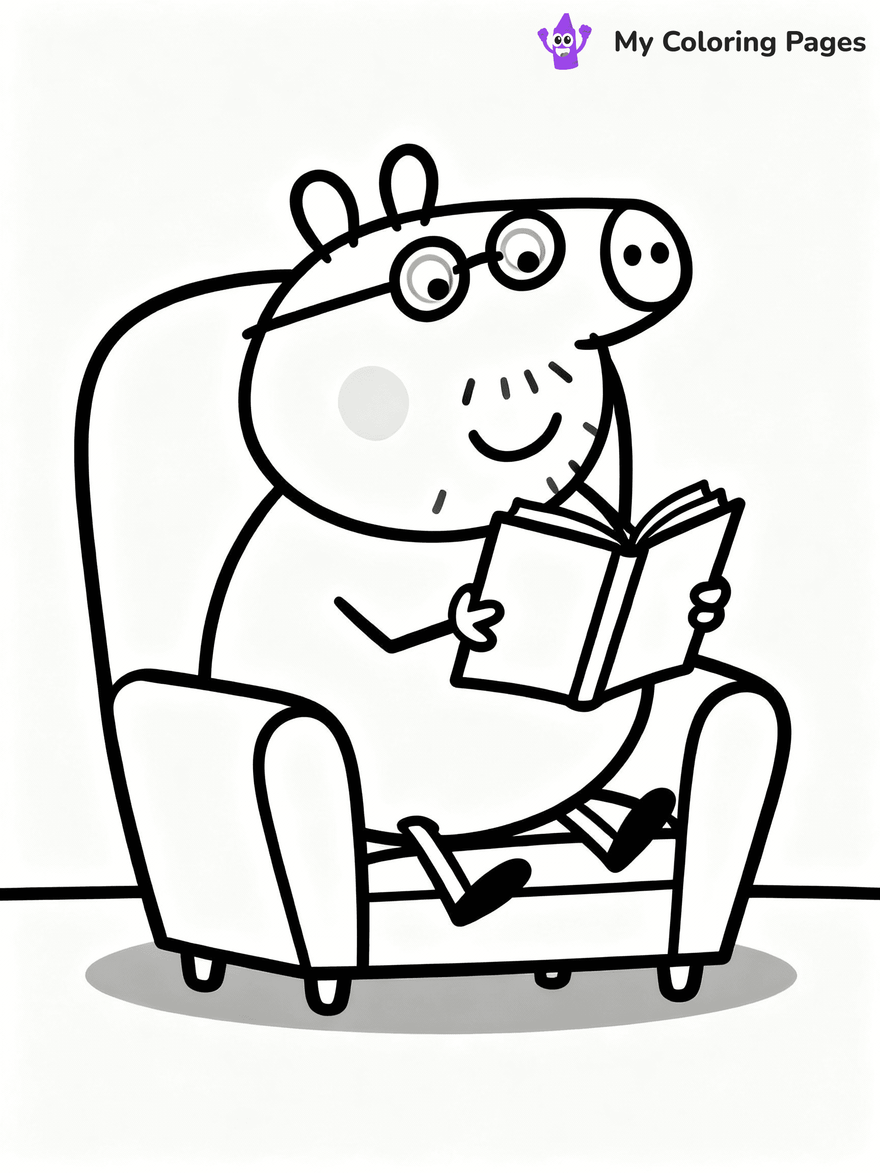 ⚠️ CRITICAL REQUIREMENT - ABSOLUTE BLACK AND WHITE ONLY ⚠️
This MUST be a BLACK AND WHITE line drawing ONLY. NO COLORS whatsoever.
- ONLY pure black lines (#000000) on pure white background (#FFFFFF)
- ABSOLUTELY NO colors, NO shading, NO gradients, NO grayscale
- If there are ANY colors in the output, the image is REJECTED
- This is a COLORING PAGE - meant to be COLORED IN by children
- The output must be UNCOLORED line art ready for coloring
⚠️ SUBJECT TO DRAW: Daddy Pig from Peppa Pig reading a book, glasses on nose, comfy chair. Important: PURE OUTLINES. NO FILLS, COLOR, SHADING, OR GREYSCALE. WHITE BACKGROUND.
(REMEMBER: Output must be BLACK AND WHITE line art only, NOT colored!)
# Flat, Friendly Cartoon Line-Art Coloring Page
You are generating a **pure black-and-white binary image** of a child-friendly cartoon scene combining characters and background scenery in one cohesive composition.
## Rendering Rules (Strict)
- Only two colors: pure black (#000000) outlines and pure white (#FFFFFF) background.
- No grayscale, shading, gradients, tints, fills, transparency, or partial pixels.
- No antialiasing or blended edges; every pixel is 100% black or white.
- No solid black fills inside shapes — all areas inside outlines must remain white.
- No dark clothing areas or filled tone blocks; all garments outlined only.
- No shadows, textures, lighting, or tonal variations.
- Must look like flat binary vector line-art for coloring pages.
## Drawing & Composition
- **Medium, consistent line weight**; clean closed outlines easy to color inside.
- **Flat, simple, child-friendly design** — no realism or 3D depth.
- Characters are **grounded on a surface**, centered and large.
- **Balanced composition** with clear silhouettes and minimal props.
## Scenery & Style
- Landmarks (e.g., mosque, CN Tower) and scenery (trees, benches, waves) drawn with **black outlines only.**
- For real-world figures, teams, or places, show accurate details using only black outlines—no text or logos. Use distinctive uniform patterns, abstract symbols, and landmark silhouettes to convey identity.
- Keep **consistent perspective**; no floating elements.
- **Style:** whimsical **Doodle Art Alley** — rounded, friendly outlines.
- May adapt shapes from **Crayola, Disney, Peppa Pig, Cocomelon** — *by shape only, never color.*
- Final output: **flat, crisp, binary (#000000/#FFFFFF)**, **no filled color or background text.**
EXTREMELYE IMPORTANT:
- PURE BINARY LINE-ART; NO FILLS (HAIR/CLOTHES/SKIN), SHADING, OR GREY.
- NO SHADING, COLOR. MUST BE WHITE BACKGROUND.
⚠️ FINAL REMINDER: Draw the subject "Daddy Pig from Peppa Pig reading a book, glasses on nose, comfy chair. Important: PURE OUTLINES. NO FILLS, COLOR, SHADING, OR GREYSCALE. WHITE BACKGROUND." as BLACK AND WHITE line art. Zero colors in output.