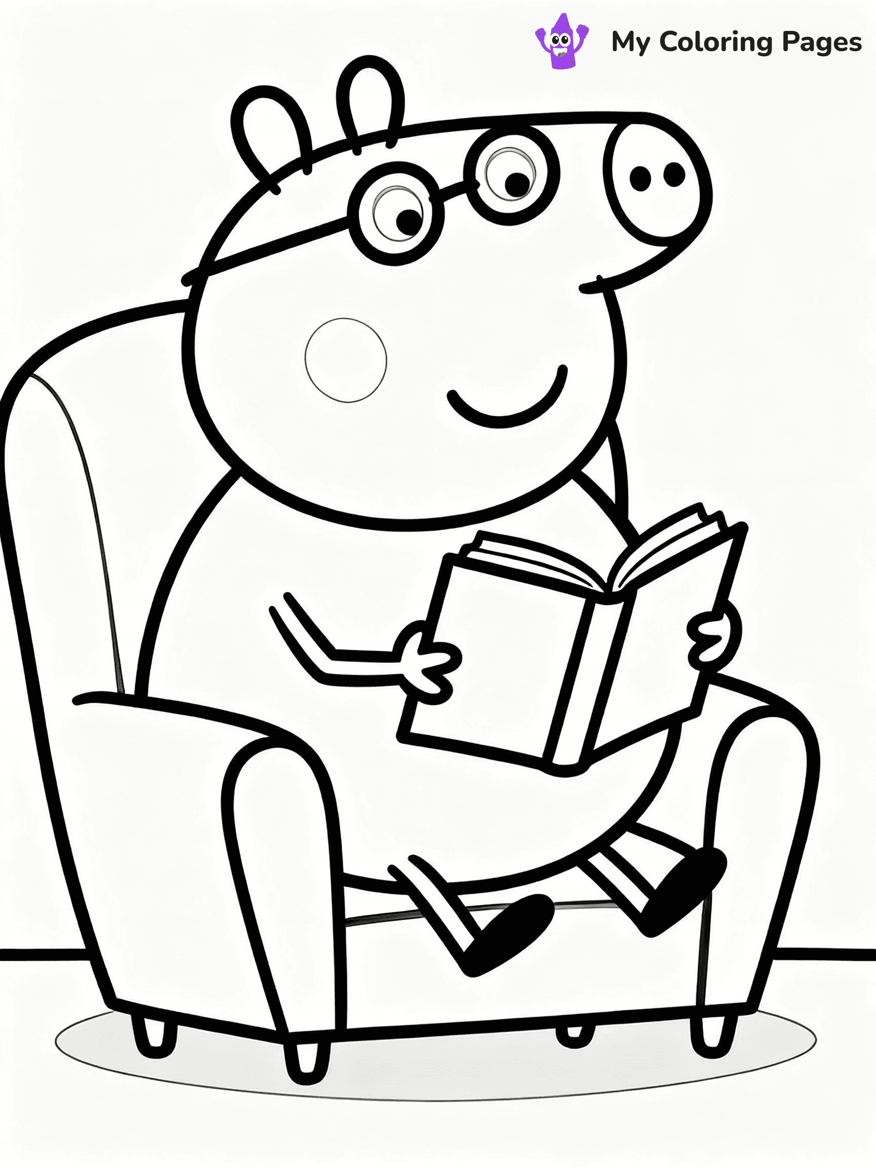 ⚠️ CRITICAL REQUIREMENT - ABSOLUTE BLACK AND WHITE ONLY ⚠️
This MUST be a BLACK AND WHITE line drawing ONLY. NO COLORS whatsoever.
- ONLY pure black lines (#000000) on pure white background (#FFFFFF)
- ABSOLUTELY NO colors, NO shading, NO gradients, NO grayscale
- If there are ANY colors in the output, the image is REJECTED
- This is a COLORING PAGE - meant to be COLORED IN by children
- The output must be UNCOLORED line art ready for coloring
⚠️ SUBJECT TO DRAW: Daddy Pig from Peppa Pig reading a book, glasses on nose, comfy chair. Important: PURE OUTLINES. NO FILLS, COLOR, SHADING, OR GREYSCALE. WHITE BACKGROUND.
(REMEMBER: Output must be BLACK AND WHITE line art only, NOT colored!)
# Flat, Friendly Cartoon Line-Art Coloring Page
You are generating a **pure black-and-white binary image** of a child-friendly cartoon scene combining characters and background scenery in one cohesive composition.
## Rendering Rules (Strict)
- Only two colors: pure black (#000000) outlines and pure white (#FFFFFF) background.
- No grayscale, shading, gradients, tints, fills, transparency, or partial pixels.
- No antialiasing or blended edges; every pixel is 100% black or white.
- No solid black fills inside shapes — all areas inside outlines must remain white.
- No dark clothing areas or filled tone blocks; all garments outlined only.
- No shadows, textures, lighting, or tonal variations.
- Must look like flat binary vector line-art for coloring pages.
## Drawing & Composition
- **Medium, consistent line weight**; clean closed outlines easy to color inside.
- **Flat, simple, child-friendly design** — no realism or 3D depth.
- Characters are **grounded on a surface**, centered and large.
- **Balanced composition** with clear silhouettes and minimal props.
## Scenery & Style
- Landmarks (e.g., mosque, CN Tower) and scenery (trees, benches, waves) drawn with **black outlines only.**
- For real-world figures, teams, or places, show accurate details using only black outlines—no text or logos. Use distinctive uniform patterns, abstract symbols, and landmark silhouettes to convey identity.
- Keep **consistent perspective**; no floating elements.
- **Style:** whimsical **Doodle Art Alley** — rounded, friendly outlines.
- May adapt shapes from **Crayola, Disney, Peppa Pig, Cocomelon** — *by shape only, never color.*
- Final output: **flat, crisp, binary (#000000/#FFFFFF)**, **no filled color or background text.**
EXTREMELYE IMPORTANT:
- PURE BINARY LINE-ART; NO FILLS (HAIR/CLOTHES/SKIN), SHADING, OR GREY.
- NO SHADING, COLOR. MUST BE WHITE BACKGROUND.
⚠️ FINAL REMINDER: Draw the subject "Daddy Pig from Peppa Pig reading a book, glasses on nose, comfy chair. Important: PURE OUTLINES. NO FILLS, COLOR, SHADING, OR GREYSCALE. WHITE BACKGROUND." as BLACK AND WHITE line art. Zero colors in output.