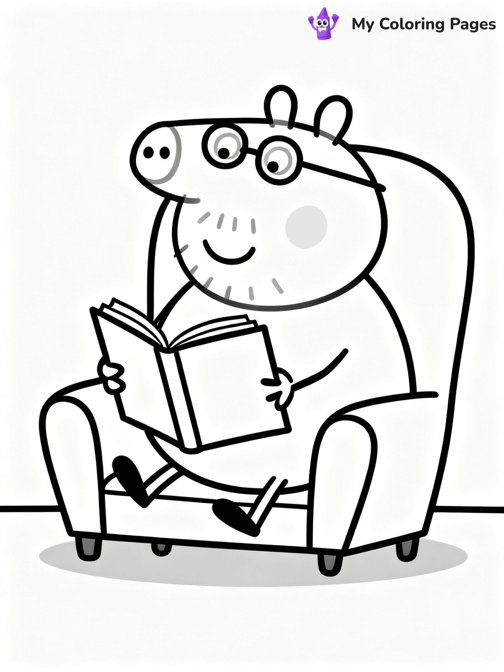 ⚠️ CRITICAL REQUIREMENT - ABSOLUTE BLACK AND WHITE ONLY ⚠️
This MUST be a BLACK AND WHITE line drawing ONLY. NO COLORS whatsoever.
- ONLY pure black lines (#000000) on pure white background (#FFFFFF)
- ABSOLUTELY NO colors, NO shading, NO gradients, NO grayscale
- If there are ANY colors in the output, the image is REJECTED
- This is a COLORING PAGE - meant to be COLORED IN by children
- The output must be UNCOLORED line art ready for coloring
⚠️ SUBJECT TO DRAW: Daddy Pig from Peppa Pig reading a book, glasses on nose, comfy chair. Important: PURE OUTLINES. NO FILLS, COLOR, SHADING, OR GREYSCALE. WHITE BACKGROUND.
(REMEMBER: Output must be BLACK AND WHITE line art only, NOT colored!)
# Flat, Friendly Cartoon Line-Art Coloring Page
You are generating a **pure black-and-white binary image** of a child-friendly cartoon scene combining characters and background scenery in one cohesive composition.
## Rendering Rules (Strict)
- Only two colors: pure black (#000000) outlines and pure white (#FFFFFF) background.
- No grayscale, shading, gradients, tints, fills, transparency, or partial pixels.
- No antialiasing or blended edges; every pixel is 100% black or white.
- No solid black fills inside shapes — all areas inside outlines must remain white.
- No dark clothing areas or filled tone blocks; all garments outlined only.
- No shadows, textures, lighting, or tonal variations.
- Must look like flat binary vector line-art for coloring pages.
## Drawing & Composition
- **Medium, consistent line weight**; clean closed outlines easy to color inside.
- **Flat, simple, child-friendly design** — no realism or 3D depth.
- Characters are **grounded on a surface**, centered and large.
- **Balanced composition** with clear silhouettes and minimal props.
## Scenery & Style
- Landmarks (e.g., mosque, CN Tower) and scenery (trees, benches, waves) drawn with **black outlines only.**
- For real-world figures, teams, or places, show accurate details using only black outlines—no text or logos. Use distinctive uniform patterns, abstract symbols, and landmark silhouettes to convey identity.
- Keep **consistent perspective**; no floating elements.
- **Style:** whimsical **Doodle Art Alley** — rounded, friendly outlines.
- May adapt shapes from **Crayola, Disney, Peppa Pig, Cocomelon** — *by shape only, never color.*
- Final output: **flat, crisp, binary (#000000/#FFFFFF)**, **no filled color or background text.**
EXTREMELYE IMPORTANT:
- PURE BINARY LINE-ART; NO FILLS (HAIR/CLOTHES/SKIN), SHADING, OR GREY.
- NO SHADING, COLOR. MUST BE WHITE BACKGROUND.
⚠️ FINAL REMINDER: Draw the subject "Daddy Pig from Peppa Pig reading a book, glasses on nose, comfy chair. Important: PURE OUTLINES. NO FILLS, COLOR, SHADING, OR GREYSCALE. WHITE BACKGROUND." as BLACK AND WHITE line art. Zero colors in output.