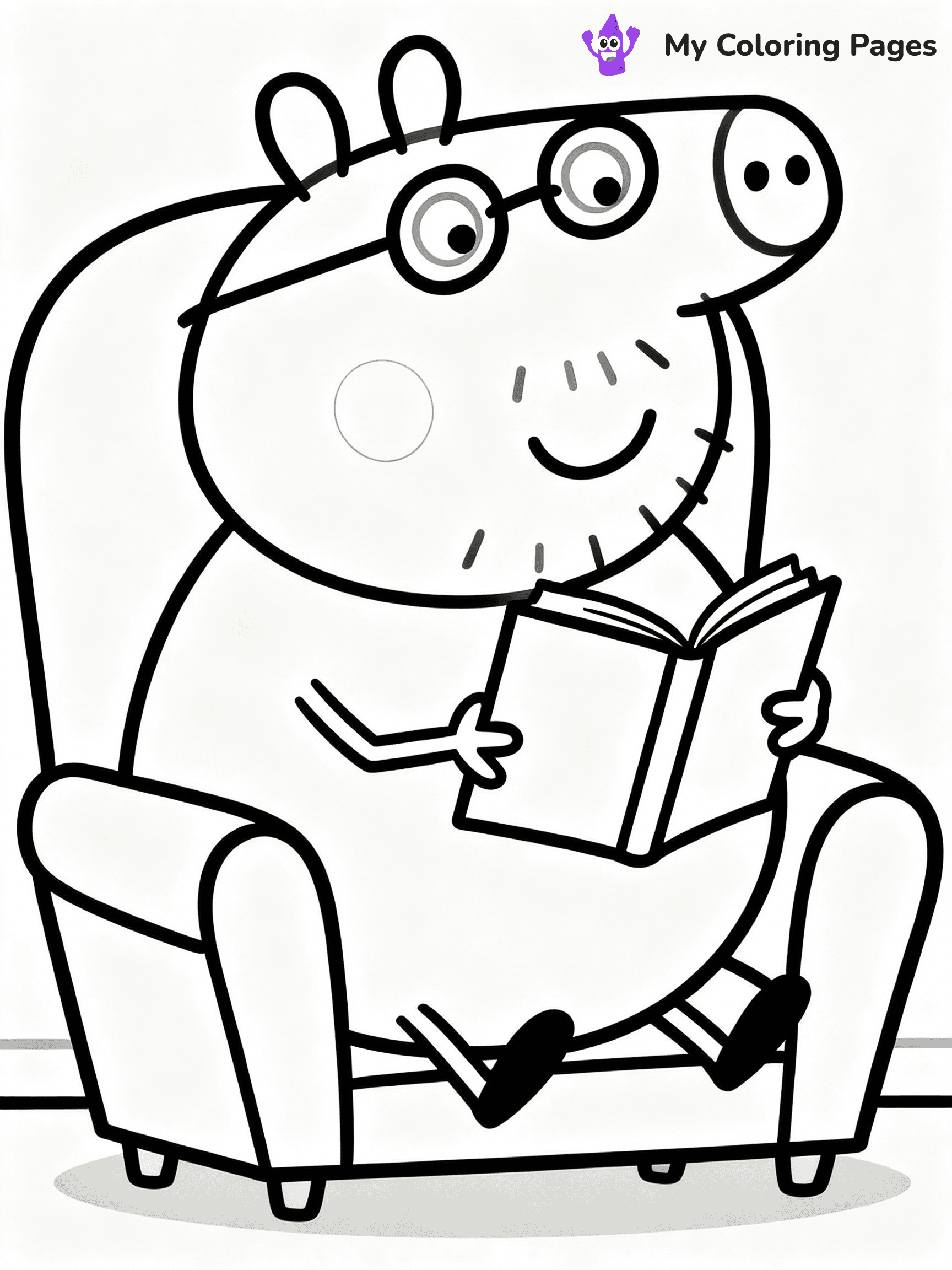 ⚠️ CRITICAL REQUIREMENT - ABSOLUTE BLACK AND WHITE ONLY ⚠️
This MUST be a BLACK AND WHITE line drawing ONLY. NO COLORS whatsoever.
- ONLY pure black lines (#000000) on pure white background (#FFFFFF)
- ABSOLUTELY NO colors, NO shading, NO gradients, NO grayscale
- If there are ANY colors in the output, the image is REJECTED
- This is a COLORING PAGE - meant to be COLORED IN by children
- The output must be UNCOLORED line art ready for coloring
⚠️ SUBJECT TO DRAW: Daddy Pig from Peppa Pig reading a book, glasses on nose, comfy chair. Important: PURE OUTLINES. NO FILLS, COLOR, SHADING, OR GREYSCALE. WHITE BACKGROUND.
(REMEMBER: Output must be BLACK AND WHITE line art only, NOT colored!)
# Flat, Friendly Cartoon Line-Art Coloring Page
You are generating a **pure black-and-white binary image** of a child-friendly cartoon scene combining characters and background scenery in one cohesive composition.
## Rendering Rules (Strict)
- Only two colors: pure black (#000000) outlines and pure white (#FFFFFF) background.
- No grayscale, shading, gradients, tints, fills, transparency, or partial pixels.
- No antialiasing or blended edges; every pixel is 100% black or white.
- No solid black fills inside shapes — all areas inside outlines must remain white.
- No dark clothing areas or filled tone blocks; all garments outlined only.
- No shadows, textures, lighting, or tonal variations.
- Must look like flat binary vector line-art for coloring pages.
## Drawing & Composition
- **Medium, consistent line weight**; clean closed outlines easy to color inside.
- **Flat, simple, child-friendly design** — no realism or 3D depth.
- Characters are **grounded on a surface**, centered and large.
- **Balanced composition** with clear silhouettes and minimal props.
## Scenery & Style
- Landmarks (e.g., mosque, CN Tower) and scenery (trees, benches, waves) drawn with **black outlines only.**
- For real-world figures, teams, or places, show accurate details using only black outlines—no text or logos. Use distinctive uniform patterns, abstract symbols, and landmark silhouettes to convey identity.
- Keep **consistent perspective**; no floating elements.
- **Style:** whimsical **Doodle Art Alley** — rounded, friendly outlines.
- May adapt shapes from **Crayola, Disney, Peppa Pig, Cocomelon** — *by shape only, never color.*
- Final output: **flat, crisp, binary (#000000/#FFFFFF)**, **no filled color or background text.**
EXTREMELYE IMPORTANT:
- PURE BINARY LINE-ART; NO FILLS (HAIR/CLOTHES/SKIN), SHADING, OR GREY.
- NO SHADING, COLOR. MUST BE WHITE BACKGROUND.
⚠️ FINAL REMINDER: Draw the subject "Daddy Pig from Peppa Pig reading a book, glasses on nose, comfy chair. Important: PURE OUTLINES. NO FILLS, COLOR, SHADING, OR GREYSCALE. WHITE BACKGROUND." as BLACK AND WHITE line art. Zero colors in output.