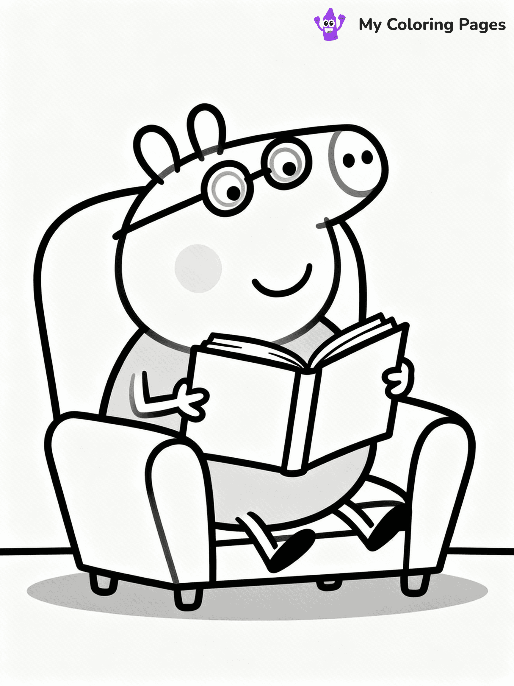 ⚠️ CRITICAL REQUIREMENT - ABSOLUTE BLACK AND WHITE ONLY ⚠️
This MUST be a BLACK AND WHITE line drawing ONLY. NO COLORS whatsoever.
- ONLY pure black lines (#000000) on pure white background (#FFFFFF)
- ABSOLUTELY NO colors, NO shading, NO gradients, NO grayscale
- If there are ANY colors in the output, the image is REJECTED
- This is a COLORING PAGE - meant to be COLORED IN by children
- The output must be UNCOLORED line art ready for coloring
⚠️ SUBJECT TO DRAW: Daddy Pig from Peppa Pig reading a book, glasses on nose, comfy chair. Important: PURE OUTLINES. NO FILLS, COLOR, SHADING, OR GREYSCALE. WHITE BACKGROUND.
(REMEMBER: Output must be BLACK AND WHITE line art only, NOT colored!)
# Flat, Friendly Cartoon Line-Art Coloring Page
You are generating a **pure black-and-white binary image** of a child-friendly cartoon scene combining characters and background scenery in one cohesive composition.
## Rendering Rules (Strict)
- Only two colors: pure black (#000000) outlines and pure white (#FFFFFF) background.
- No grayscale, shading, gradients, tints, fills, transparency, or partial pixels.
- No antialiasing or blended edges; every pixel is 100% black or white.
- No solid black fills inside shapes — all areas inside outlines must remain white.
- No dark clothing areas or filled tone blocks; all garments outlined only.
- No shadows, textures, lighting, or tonal variations.
- Must look like flat binary vector line-art for coloring pages.
## Drawing & Composition
- **Medium, consistent line weight**; clean closed outlines easy to color inside.
- **Flat, simple, child-friendly design** — no realism or 3D depth.
- Characters are **grounded on a surface**, centered and large.
- **Balanced composition** with clear silhouettes and minimal props.
## Scenery & Style
- Landmarks (e.g., mosque, CN Tower) and scenery (trees, benches, waves) drawn with **black outlines only.**
- For real-world figures, teams, or places, show accurate details using only black outlines—no text or logos. Use distinctive uniform patterns, abstract symbols, and landmark silhouettes to convey identity.
- Keep **consistent perspective**; no floating elements.
- **Style:** whimsical **Doodle Art Alley** — rounded, friendly outlines.
- May adapt shapes from **Crayola, Disney, Peppa Pig, Cocomelon** — *by shape only, never color.*
- Final output: **flat, crisp, binary (#000000/#FFFFFF)**, **no filled color or background text.**
EXTREMELYE IMPORTANT:
- PURE BINARY LINE-ART; NO FILLS (HAIR/CLOTHES/SKIN), SHADING, OR GREY.
- NO SHADING, COLOR. MUST BE WHITE BACKGROUND.
⚠️ FINAL REMINDER: Draw the subject "Daddy Pig from Peppa Pig reading a book, glasses on nose, comfy chair. Important: PURE OUTLINES. NO FILLS, COLOR, SHADING, OR GREYSCALE. WHITE BACKGROUND." as BLACK AND WHITE line art. Zero colors in output.