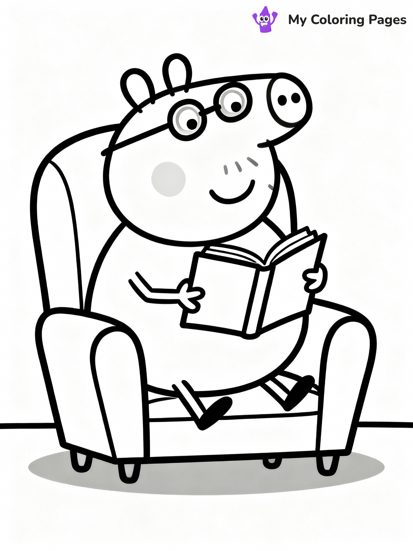 ⚠️ CRITICAL REQUIREMENT - ABSOLUTE BLACK AND WHITE ONLY ⚠️
This MUST be a BLACK AND WHITE line drawing ONLY. NO COLORS whatsoever.
- ONLY pure black lines (#000000) on pure white background (#FFFFFF)
- ABSOLUTELY NO colors, NO shading, NO gradients, NO grayscale
- If there are ANY colors in the output, the image is REJECTED
- This is a COLORING PAGE - meant to be COLORED IN by children
- The output must be UNCOLORED line art ready for coloring
⚠️ SUBJECT TO DRAW: Daddy Pig from Peppa Pig reading a book, glasses on nose, comfy chair. Important: PURE OUTLINES. NO FILLS, COLOR, SHADING, OR GREYSCALE. WHITE BACKGROUND.
(REMEMBER: Output must be BLACK AND WHITE line art only, NOT colored!)
# Flat, Friendly Cartoon Line-Art Coloring Page
You are generating a **pure black-and-white binary image** of a child-friendly cartoon scene combining characters and background scenery in one cohesive composition.
## Rendering Rules (Strict)
- Only two colors: pure black (#000000) outlines and pure white (#FFFFFF) background.
- No grayscale, shading, gradients, tints, fills, transparency, or partial pixels.
- No antialiasing or blended edges; every pixel is 100% black or white.
- No solid black fills inside shapes — all areas inside outlines must remain white.
- No dark clothing areas or filled tone blocks; all garments outlined only.
- No shadows, textures, lighting, or tonal variations.
- Must look like flat binary vector line-art for coloring pages.
## Drawing & Composition
- **Medium, consistent line weight**; clean closed outlines easy to color inside.
- **Flat, simple, child-friendly design** — no realism or 3D depth.
- Characters are **grounded on a surface**, centered and large.
- **Balanced composition** with clear silhouettes and minimal props.
## Scenery & Style
- Landmarks (e.g., mosque, CN Tower) and scenery (trees, benches, waves) drawn with **black outlines only.**
- For real-world figures, teams, or places, show accurate details using only black outlines—no text or logos. Use distinctive uniform patterns, abstract symbols, and landmark silhouettes to convey identity.
- Keep **consistent perspective**; no floating elements.
- **Style:** whimsical **Doodle Art Alley** — rounded, friendly outlines.
- May adapt shapes from **Crayola, Disney, Peppa Pig, Cocomelon** — *by shape only, never color.*
- Final output: **flat, crisp, binary (#000000/#FFFFFF)**, **no filled color or background text.**
EXTREMELYE IMPORTANT:
- PURE BINARY LINE-ART; NO FILLS (HAIR/CLOTHES/SKIN), SHADING, OR GREY.
- NO SHADING, COLOR. MUST BE WHITE BACKGROUND.
⚠️ FINAL REMINDER: Draw the subject "Daddy Pig from Peppa Pig reading a book, glasses on nose, comfy chair. Important: PURE OUTLINES. NO FILLS, COLOR, SHADING, OR GREYSCALE. WHITE BACKGROUND." as BLACK AND WHITE line art. Zero colors in output.