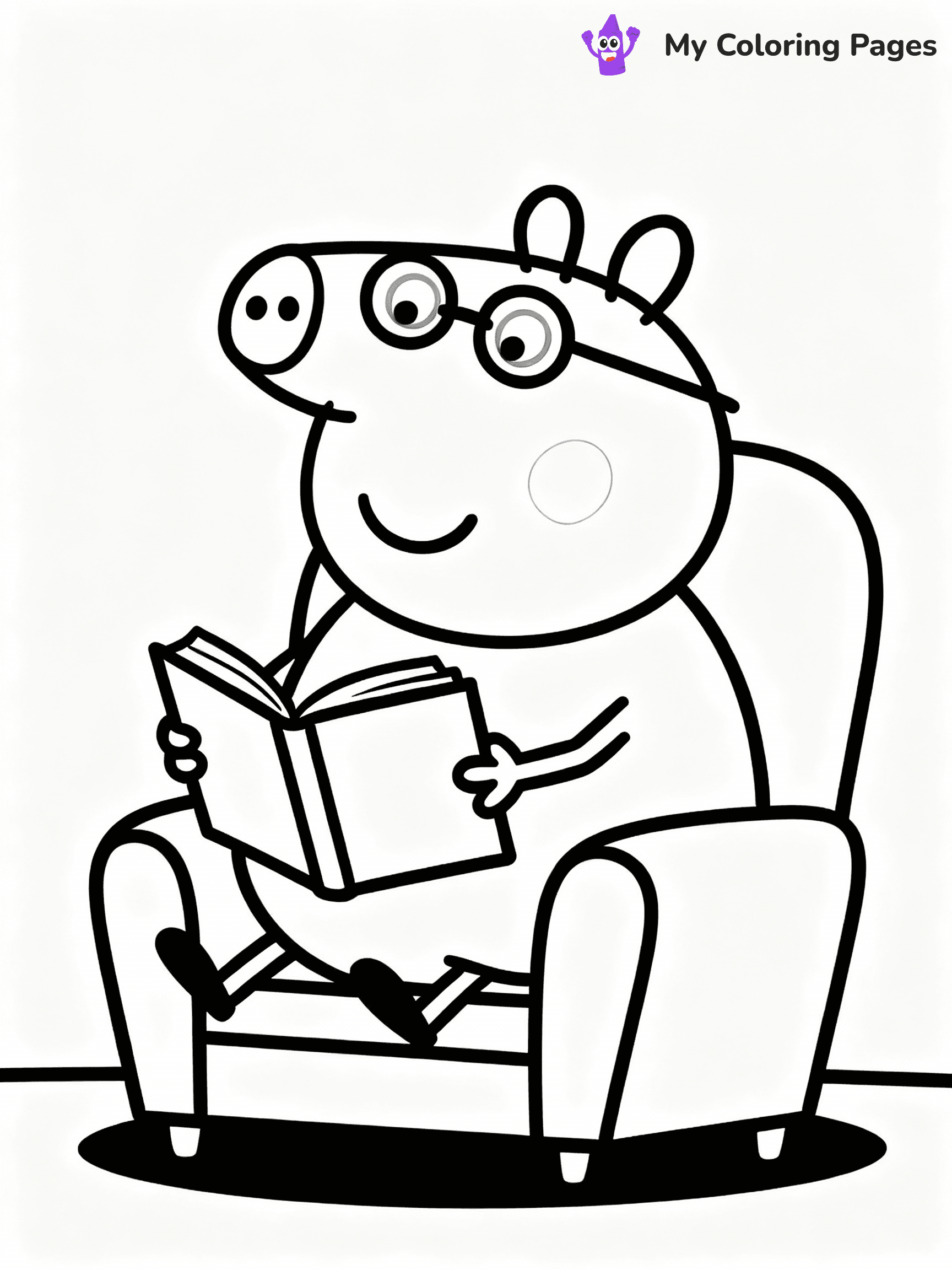 ⚠️ CRITICAL REQUIREMENT - ABSOLUTE BLACK AND WHITE ONLY ⚠️
This MUST be a BLACK AND WHITE line drawing ONLY. NO COLORS whatsoever.
- ONLY pure black lines (#000000) on pure white background (#FFFFFF)
- ABSOLUTELY NO colors, NO shading, NO gradients, NO grayscale
- If there are ANY colors in the output, the image is REJECTED
- This is a COLORING PAGE - meant to be COLORED IN by children
- The output must be UNCOLORED line art ready for coloring
⚠️ SUBJECT TO DRAW: Daddy Pig from Peppa Pig reading a book, glasses on nose, comfy chair. Important: PURE OUTLINES. NO FILLS, COLOR, SHADING, OR GREYSCALE. WHITE BACKGROUND.
(REMEMBER: Output must be BLACK AND WHITE line art only, NOT colored!)
# Flat, Friendly Cartoon Line-Art Coloring Page
You are generating a **pure black-and-white binary image** of a child-friendly cartoon scene combining characters and background scenery in one cohesive composition.
## Rendering Rules (Strict)
- Only two colors: pure black (#000000) outlines and pure white (#FFFFFF) background.
- No grayscale, shading, gradients, tints, fills, transparency, or partial pixels.
- No antialiasing or blended edges; every pixel is 100% black or white.
- No solid black fills inside shapes — all areas inside outlines must remain white.
- No dark clothing areas or filled tone blocks; all garments outlined only.
- No shadows, textures, lighting, or tonal variations.
- Must look like flat binary vector line-art for coloring pages.
## Drawing & Composition
- **Medium, consistent line weight**; clean closed outlines easy to color inside.
- **Flat, simple, child-friendly design** — no realism or 3D depth.
- Characters are **grounded on a surface**, centered and large.
- **Balanced composition** with clear silhouettes and minimal props.
## Scenery & Style
- Landmarks (e.g., mosque, CN Tower) and scenery (trees, benches, waves) drawn with **black outlines only.**
- For real-world figures, teams, or places, show accurate details using only black outlines—no text or logos. Use distinctive uniform patterns, abstract symbols, and landmark silhouettes to convey identity.
- Keep **consistent perspective**; no floating elements.
- **Style:** whimsical **Doodle Art Alley** — rounded, friendly outlines.
- May adapt shapes from **Crayola, Disney, Peppa Pig, Cocomelon** — *by shape only, never color.*
- Final output: **flat, crisp, binary (#000000/#FFFFFF)**, **no filled color or background text.**
EXTREMELYE IMPORTANT:
- PURE BINARY LINE-ART; NO FILLS (HAIR/CLOTHES/SKIN), SHADING, OR GREY.
- NO SHADING, COLOR. MUST BE WHITE BACKGROUND.
⚠️ FINAL REMINDER: Draw the subject "Daddy Pig from Peppa Pig reading a book, glasses on nose, comfy chair. Important: PURE OUTLINES. NO FILLS, COLOR, SHADING, OR GREYSCALE. WHITE BACKGROUND." as BLACK AND WHITE line art. Zero colors in output.