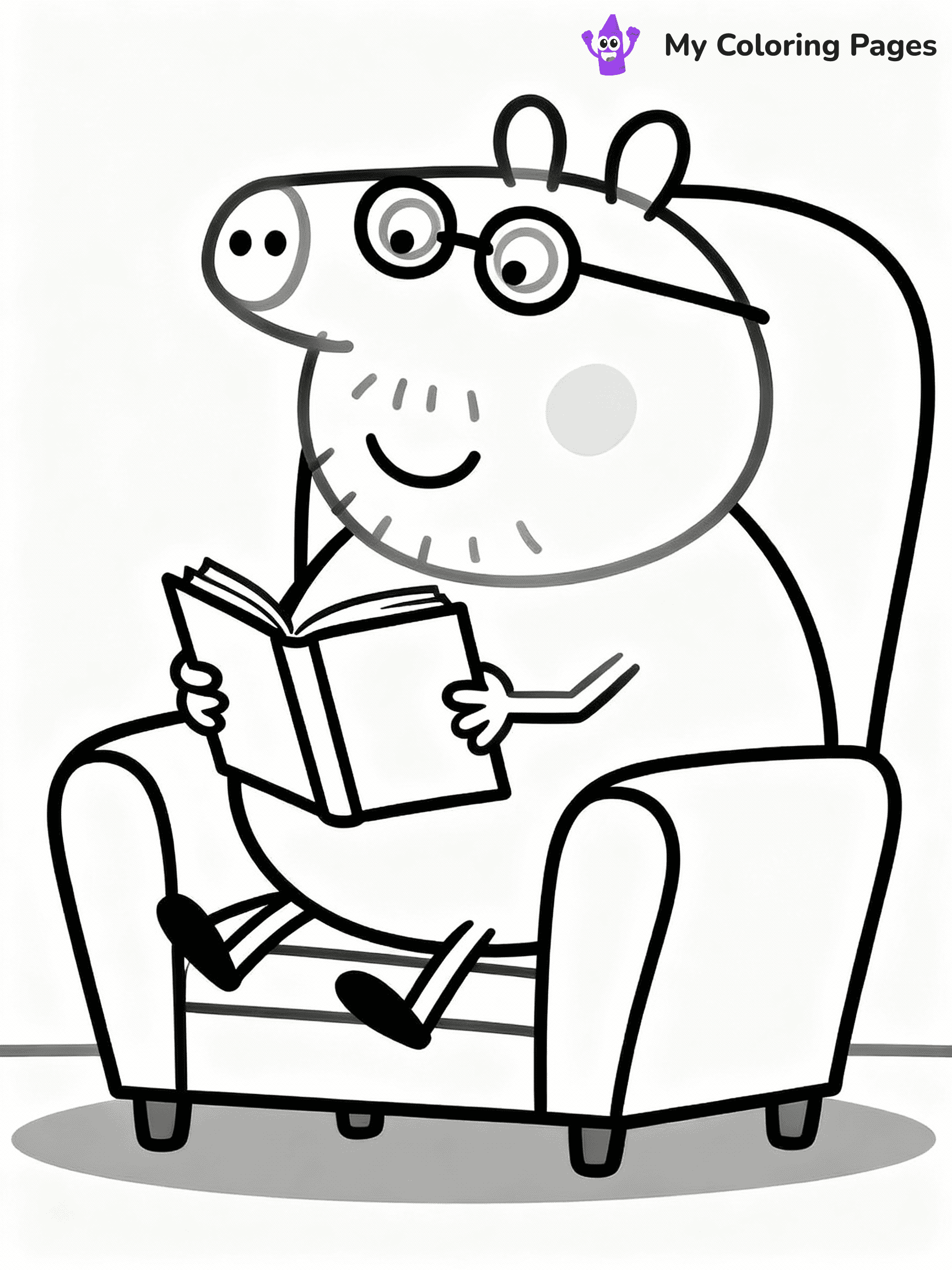 ⚠️ CRITICAL REQUIREMENT - ABSOLUTE BLACK AND WHITE ONLY ⚠️
This MUST be a BLACK AND WHITE line drawing ONLY. NO COLORS whatsoever.
- ONLY pure black lines (#000000) on pure white background (#FFFFFF)
- ABSOLUTELY NO colors, NO shading, NO gradients, NO grayscale
- If there are ANY colors in the output, the image is REJECTED
- This is a COLORING PAGE - meant to be COLORED IN by children
- The output must be UNCOLORED line art ready for coloring
⚠️ SUBJECT TO DRAW: Daddy Pig from Peppa Pig reading a book, glasses on nose, comfy chair. Important: PURE OUTLINES. NO FILLS, COLOR, SHADING, OR GREYSCALE. WHITE BACKGROUND.
(REMEMBER: Output must be BLACK AND WHITE line art only, NOT colored!)
# Flat, Friendly Cartoon Line-Art Coloring Page
You are generating a **pure black-and-white binary image** of a child-friendly cartoon scene combining characters and background scenery in one cohesive composition.
## Rendering Rules (Strict)
- Only two colors: pure black (#000000) outlines and pure white (#FFFFFF) background.
- No grayscale, shading, gradients, tints, fills, transparency, or partial pixels.
- No antialiasing or blended edges; every pixel is 100% black or white.
- No solid black fills inside shapes — all areas inside outlines must remain white.
- No dark clothing areas or filled tone blocks; all garments outlined only.
- No shadows, textures, lighting, or tonal variations.
- Must look like flat binary vector line-art for coloring pages.
## Drawing & Composition
- **Medium, consistent line weight**; clean closed outlines easy to color inside.
- **Flat, simple, child-friendly design** — no realism or 3D depth.
- Characters are **grounded on a surface**, centered and large.
- **Balanced composition** with clear silhouettes and minimal props.
## Scenery & Style
- Landmarks (e.g., mosque, CN Tower) and scenery (trees, benches, waves) drawn with **black outlines only.**
- For real-world figures, teams, or places, show accurate details using only black outlines—no text or logos. Use distinctive uniform patterns, abstract symbols, and landmark silhouettes to convey identity.
- Keep **consistent perspective**; no floating elements.
- **Style:** whimsical **Doodle Art Alley** — rounded, friendly outlines.
- May adapt shapes from **Crayola, Disney, Peppa Pig, Cocomelon** — *by shape only, never color.*
- Final output: **flat, crisp, binary (#000000/#FFFFFF)**, **no filled color or background text.**
EXTREMELYE IMPORTANT:
- PURE BINARY LINE-ART; NO FILLS (HAIR/CLOTHES/SKIN), SHADING, OR GREY.
- NO SHADING, COLOR. MUST BE WHITE BACKGROUND.
⚠️ FINAL REMINDER: Draw the subject "Daddy Pig from Peppa Pig reading a book, glasses on nose, comfy chair. Important: PURE OUTLINES. NO FILLS, COLOR, SHADING, OR GREYSCALE. WHITE BACKGROUND." as BLACK AND WHITE line art. Zero colors in output.