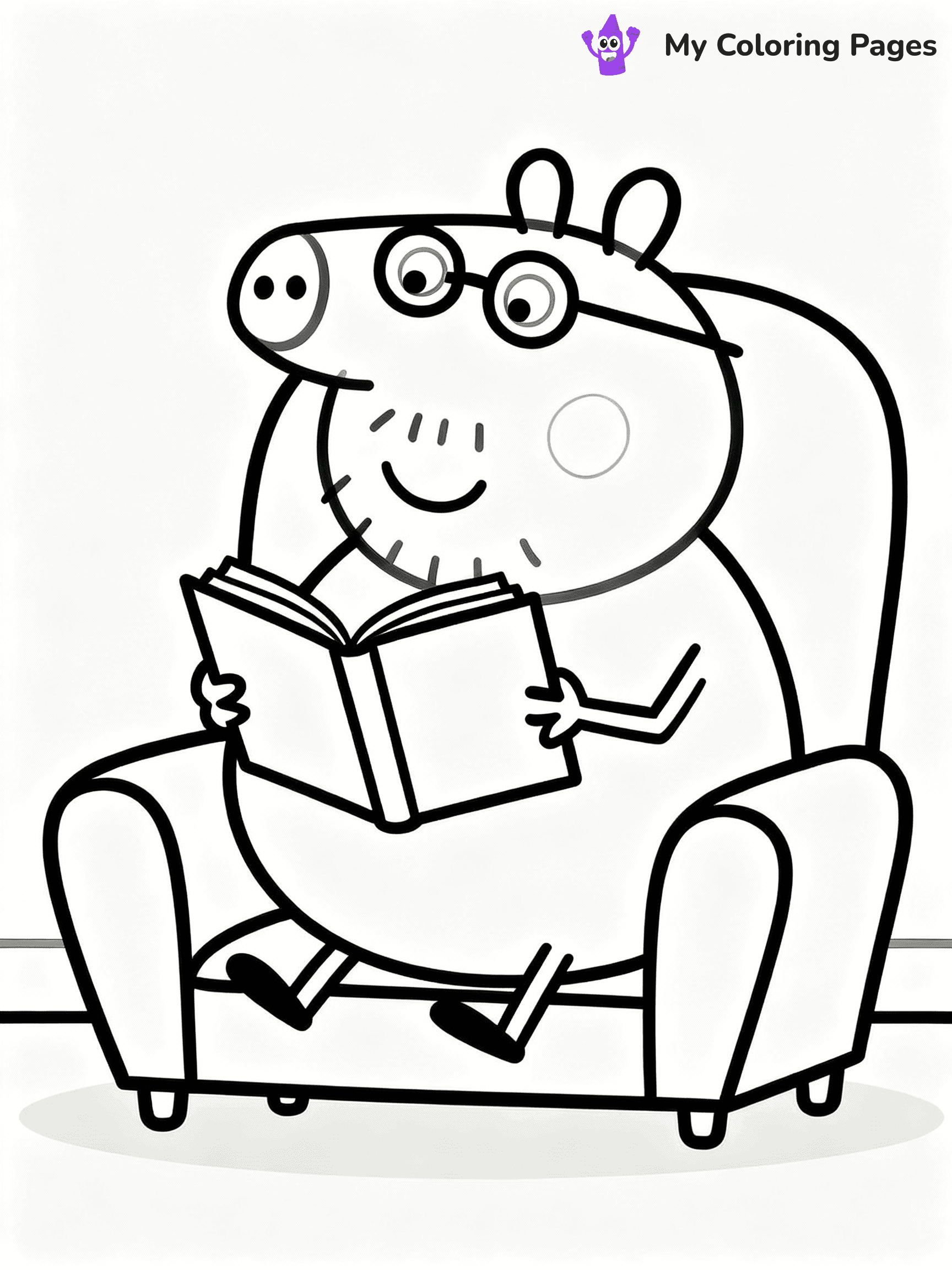 ⚠️ CRITICAL REQUIREMENT - ABSOLUTE BLACK AND WHITE ONLY ⚠️
This MUST be a BLACK AND WHITE line drawing ONLY. NO COLORS whatsoever.
- ONLY pure black lines (#000000) on pure white background (#FFFFFF)
- ABSOLUTELY NO colors, NO shading, NO gradients, NO grayscale
- If there are ANY colors in the output, the image is REJECTED
- This is a COLORING PAGE - meant to be COLORED IN by children
- The output must be UNCOLORED line art ready for coloring
⚠️ SUBJECT TO DRAW: Daddy Pig from Peppa Pig reading a book, glasses on nose, comfy chair. Important: PURE OUTLINES. NO FILLS, COLOR, SHADING, OR GREYSCALE. WHITE BACKGROUND.
(REMEMBER: Output must be BLACK AND WHITE line art only, NOT colored!)
# Flat, Friendly Cartoon Line-Art Coloring Page
You are generating a **pure black-and-white binary image** of a child-friendly cartoon scene combining characters and background scenery in one cohesive composition.
## Rendering Rules (Strict)
- Only two colors: pure black (#000000) outlines and pure white (#FFFFFF) background.
- No grayscale, shading, gradients, tints, fills, transparency, or partial pixels.
- No antialiasing or blended edges; every pixel is 100% black or white.
- No solid black fills inside shapes — all areas inside outlines must remain white.
- No dark clothing areas or filled tone blocks; all garments outlined only.
- No shadows, textures, lighting, or tonal variations.
- Must look like flat binary vector line-art for coloring pages.
## Drawing & Composition
- **Medium, consistent line weight**; clean closed outlines easy to color inside.
- **Flat, simple, child-friendly design** — no realism or 3D depth.
- Characters are **grounded on a surface**, centered and large.
- **Balanced composition** with clear silhouettes and minimal props.
## Scenery & Style
- Landmarks (e.g., mosque, CN Tower) and scenery (trees, benches, waves) drawn with **black outlines only.**
- For real-world figures, teams, or places, show accurate details using only black outlines—no text or logos. Use distinctive uniform patterns, abstract symbols, and landmark silhouettes to convey identity.
- Keep **consistent perspective**; no floating elements.
- **Style:** whimsical **Doodle Art Alley** — rounded, friendly outlines.
- May adapt shapes from **Crayola, Disney, Peppa Pig, Cocomelon** — *by shape only, never color.*
- Final output: **flat, crisp, binary (#000000/#FFFFFF)**, **no filled color or background text.**
EXTREMELYE IMPORTANT:
- PURE BINARY LINE-ART; NO FILLS (HAIR/CLOTHES/SKIN), SHADING, OR GREY.
- NO SHADING, COLOR. MUST BE WHITE BACKGROUND.
⚠️ FINAL REMINDER: Draw the subject "Daddy Pig from Peppa Pig reading a book, glasses on nose, comfy chair. Important: PURE OUTLINES. NO FILLS, COLOR, SHADING, OR GREYSCALE. WHITE BACKGROUND." as BLACK AND WHITE line art. Zero colors in output.