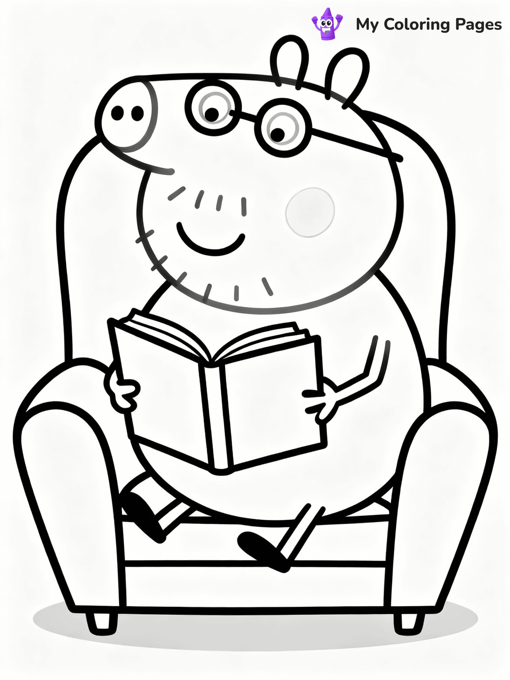 ⚠️ CRITICAL REQUIREMENT - ABSOLUTE BLACK AND WHITE ONLY ⚠️
This MUST be a BLACK AND WHITE line drawing ONLY. NO COLORS whatsoever.
- ONLY pure black lines (#000000) on pure white background (#FFFFFF)
- ABSOLUTELY NO colors, NO shading, NO gradients, NO grayscale
- If there are ANY colors in the output, the image is REJECTED
- This is a COLORING PAGE - meant to be COLORED IN by children
- The output must be UNCOLORED line art ready for coloring
⚠️ SUBJECT TO DRAW: Daddy Pig from Peppa Pig reading a book, glasses on nose, comfy chair. Important: PURE OUTLINES. NO FILLS, COLOR, SHADING, OR GREYSCALE. WHITE BACKGROUND.
(REMEMBER: Output must be BLACK AND WHITE line art only, NOT colored!)
# Flat, Friendly Cartoon Line-Art Coloring Page
You are generating a **pure black-and-white binary image** of a child-friendly cartoon scene combining characters and background scenery in one cohesive composition.
## Rendering Rules (Strict)
- Only two colors: pure black (#000000) outlines and pure white (#FFFFFF) background.
- No grayscale, shading, gradients, tints, fills, transparency, or partial pixels.
- No antialiasing or blended edges; every pixel is 100% black or white.
- No solid black fills inside shapes — all areas inside outlines must remain white.
- No dark clothing areas or filled tone blocks; all garments outlined only.
- No shadows, textures, lighting, or tonal variations.
- Must look like flat binary vector line-art for coloring pages.
## Drawing & Composition
- **Medium, consistent line weight**; clean closed outlines easy to color inside.
- **Flat, simple, child-friendly design** — no realism or 3D depth.
- Characters are **grounded on a surface**, centered and large.
- **Balanced composition** with clear silhouettes and minimal props.
## Scenery & Style
- Landmarks (e.g., mosque, CN Tower) and scenery (trees, benches, waves) drawn with **black outlines only.**
- For real-world figures, teams, or places, show accurate details using only black outlines—no text or logos. Use distinctive uniform patterns, abstract symbols, and landmark silhouettes to convey identity.
- Keep **consistent perspective**; no floating elements.
- **Style:** whimsical **Doodle Art Alley** — rounded, friendly outlines.
- May adapt shapes from **Crayola, Disney, Peppa Pig, Cocomelon** — *by shape only, never color.*
- Final output: **flat, crisp, binary (#000000/#FFFFFF)**, **no filled color or background text.**
EXTREMELYE IMPORTANT:
- PURE BINARY LINE-ART; NO FILLS (HAIR/CLOTHES/SKIN), SHADING, OR GREY.
- NO SHADING, COLOR. MUST BE WHITE BACKGROUND.
⚠️ FINAL REMINDER: Draw the subject "Daddy Pig from Peppa Pig reading a book, glasses on nose, comfy chair. Important: PURE OUTLINES. NO FILLS, COLOR, SHADING, OR GREYSCALE. WHITE BACKGROUND." as BLACK AND WHITE line art. Zero colors in output.