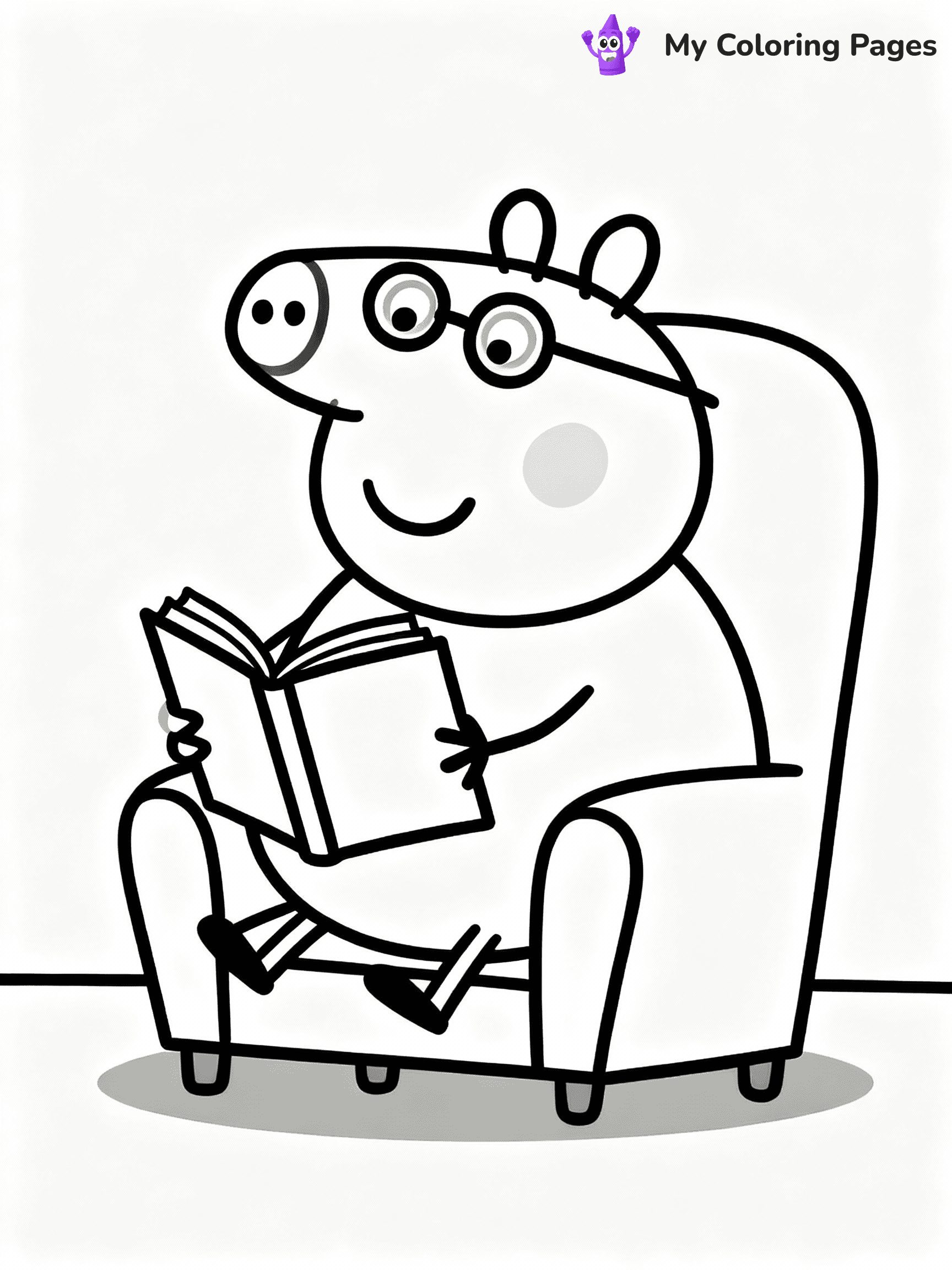 ⚠️ CRITICAL REQUIREMENT - ABSOLUTE BLACK AND WHITE ONLY ⚠️
This MUST be a BLACK AND WHITE line drawing ONLY. NO COLORS whatsoever.
- ONLY pure black lines (#000000) on pure white background (#FFFFFF)
- ABSOLUTELY NO colors, NO shading, NO gradients, NO grayscale
- If there are ANY colors in the output, the image is REJECTED
- This is a COLORING PAGE - meant to be COLORED IN by children
- The output must be UNCOLORED line art ready for coloring
⚠️ SUBJECT TO DRAW: Daddy Pig from Peppa Pig reading a book, glasses on nose, comfy chair. Important: PURE OUTLINES. NO FILLS, COLOR, SHADING, OR GREYSCALE. WHITE BACKGROUND.
(REMEMBER: Output must be BLACK AND WHITE line art only, NOT colored!)
# Flat, Friendly Cartoon Line-Art Coloring Page
You are generating a **pure black-and-white binary image** of a child-friendly cartoon scene combining characters and background scenery in one cohesive composition.
## Rendering Rules (Strict)
- Only two colors: pure black (#000000) outlines and pure white (#FFFFFF) background.
- No grayscale, shading, gradients, tints, fills, transparency, or partial pixels.
- No antialiasing or blended edges; every pixel is 100% black or white.
- No solid black fills inside shapes — all areas inside outlines must remain white.
- No dark clothing areas or filled tone blocks; all garments outlined only.
- No shadows, textures, lighting, or tonal variations.
- Must look like flat binary vector line-art for coloring pages.
## Drawing & Composition
- **Medium, consistent line weight**; clean closed outlines easy to color inside.
- **Flat, simple, child-friendly design** — no realism or 3D depth.
- Characters are **grounded on a surface**, centered and large.
- **Balanced composition** with clear silhouettes and minimal props.
## Scenery & Style
- Landmarks (e.g., mosque, CN Tower) and scenery (trees, benches, waves) drawn with **black outlines only.**
- For real-world figures, teams, or places, show accurate details using only black outlines—no text or logos. Use distinctive uniform patterns, abstract symbols, and landmark silhouettes to convey identity.
- Keep **consistent perspective**; no floating elements.
- **Style:** whimsical **Doodle Art Alley** — rounded, friendly outlines.
- May adapt shapes from **Crayola, Disney, Peppa Pig, Cocomelon** — *by shape only, never color.*
- Final output: **flat, crisp, binary (#000000/#FFFFFF)**, **no filled color or background text.**
EXTREMELYE IMPORTANT:
- PURE BINARY LINE-ART; NO FILLS (HAIR/CLOTHES/SKIN), SHADING, OR GREY.
- NO SHADING, COLOR. MUST BE WHITE BACKGROUND.
⚠️ FINAL REMINDER: Draw the subject "Daddy Pig from Peppa Pig reading a book, glasses on nose, comfy chair. Important: PURE OUTLINES. NO FILLS, COLOR, SHADING, OR GREYSCALE. WHITE BACKGROUND." as BLACK AND WHITE line art. Zero colors in output.