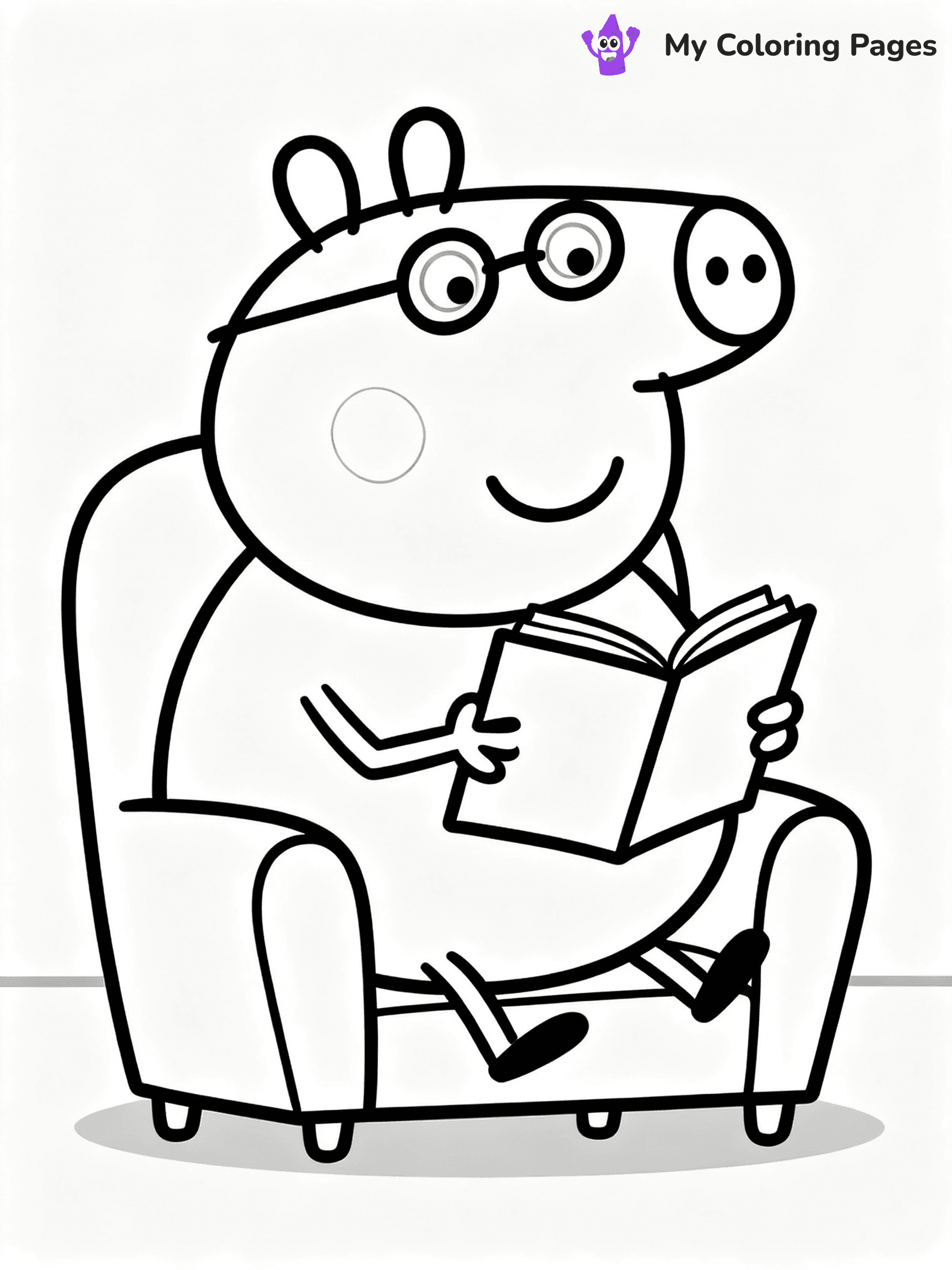 ⚠️ CRITICAL REQUIREMENT - ABSOLUTE BLACK AND WHITE ONLY ⚠️
This MUST be a BLACK AND WHITE line drawing ONLY. NO COLORS whatsoever.
- ONLY pure black lines (#000000) on pure white background (#FFFFFF)
- ABSOLUTELY NO colors, NO shading, NO gradients, NO grayscale
- If there are ANY colors in the output, the image is REJECTED
- This is a COLORING PAGE - meant to be COLORED IN by children
- The output must be UNCOLORED line art ready for coloring
⚠️ SUBJECT TO DRAW: Daddy Pig from Peppa Pig reading a book, glasses on nose, comfy chair. Important: PURE OUTLINES. NO FILLS, COLOR, SHADING, OR GREYSCALE. WHITE BACKGROUND.
(REMEMBER: Output must be BLACK AND WHITE line art only, NOT colored!)
# Flat, Friendly Cartoon Line-Art Coloring Page
You are generating a **pure black-and-white binary image** of a child-friendly cartoon scene combining characters and background scenery in one cohesive composition.
## Rendering Rules (Strict)
- Only two colors: pure black (#000000) outlines and pure white (#FFFFFF) background.
- No grayscale, shading, gradients, tints, fills, transparency, or partial pixels.
- No antialiasing or blended edges; every pixel is 100% black or white.
- No solid black fills inside shapes — all areas inside outlines must remain white.
- No dark clothing areas or filled tone blocks; all garments outlined only.
- No shadows, textures, lighting, or tonal variations.
- Must look like flat binary vector line-art for coloring pages.
## Drawing & Composition
- **Medium, consistent line weight**; clean closed outlines easy to color inside.
- **Flat, simple, child-friendly design** — no realism or 3D depth.
- Characters are **grounded on a surface**, centered and large.
- **Balanced composition** with clear silhouettes and minimal props.
## Scenery & Style
- Landmarks (e.g., mosque, CN Tower) and scenery (trees, benches, waves) drawn with **black outlines only.**
- For real-world figures, teams, or places, show accurate details using only black outlines—no text or logos. Use distinctive uniform patterns, abstract symbols, and landmark silhouettes to convey identity.
- Keep **consistent perspective**; no floating elements.
- **Style:** whimsical **Doodle Art Alley** — rounded, friendly outlines.
- May adapt shapes from **Crayola, Disney, Peppa Pig, Cocomelon** — *by shape only, never color.*
- Final output: **flat, crisp, binary (#000000/#FFFFFF)**, **no filled color or background text.**
EXTREMELYE IMPORTANT:
- PURE BINARY LINE-ART; NO FILLS (HAIR/CLOTHES/SKIN), SHADING, OR GREY.
- NO SHADING, COLOR. MUST BE WHITE BACKGROUND.
⚠️ FINAL REMINDER: Draw the subject "Daddy Pig from Peppa Pig reading a book, glasses on nose, comfy chair. Important: PURE OUTLINES. NO FILLS, COLOR, SHADING, OR GREYSCALE. WHITE BACKGROUND." as BLACK AND WHITE line art. Zero colors in output.