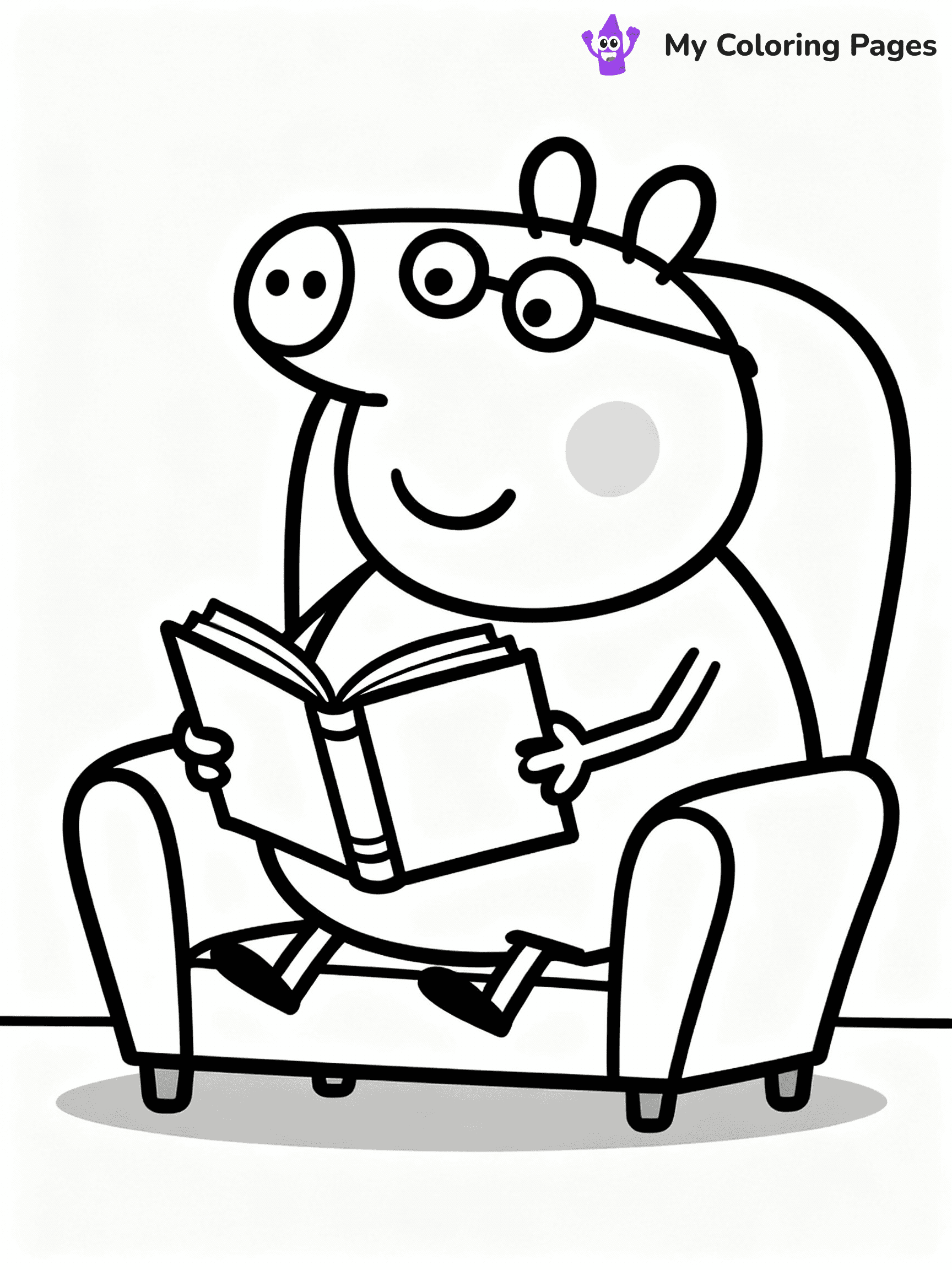 ⚠️ CRITICAL REQUIREMENT - ABSOLUTE BLACK AND WHITE ONLY ⚠️
This MUST be a BLACK AND WHITE line drawing ONLY. NO COLORS whatsoever.
- ONLY pure black lines (#000000) on pure white background (#FFFFFF)
- ABSOLUTELY NO colors, NO shading, NO gradients, NO grayscale
- If there are ANY colors in the output, the image is REJECTED
- This is a COLORING PAGE - meant to be COLORED IN by children
- The output must be UNCOLORED line art ready for coloring
⚠️ SUBJECT TO DRAW: Daddy Pig from Peppa Pig reading a book, glasses on nose, comfy chair. Important: PURE OUTLINES. NO FILLS, COLOR, SHADING, OR GREYSCALE. WHITE BACKGROUND.
(REMEMBER: Output must be BLACK AND WHITE line art only, NOT colored!)
# Flat, Friendly Cartoon Line-Art Coloring Page
You are generating a **pure black-and-white binary image** of a child-friendly cartoon scene combining characters and background scenery in one cohesive composition.
## Rendering Rules (Strict)
- Only two colors: pure black (#000000) outlines and pure white (#FFFFFF) background.
- No grayscale, shading, gradients, tints, fills, transparency, or partial pixels.
- No antialiasing or blended edges; every pixel is 100% black or white.
- No solid black fills inside shapes — all areas inside outlines must remain white.
- No dark clothing areas or filled tone blocks; all garments outlined only.
- No shadows, textures, lighting, or tonal variations.
- Must look like flat binary vector line-art for coloring pages.
## Drawing & Composition
- **Medium, consistent line weight**; clean closed outlines easy to color inside.
- **Flat, simple, child-friendly design** — no realism or 3D depth.
- Characters are **grounded on a surface**, centered and large.
- **Balanced composition** with clear silhouettes and minimal props.
## Scenery & Style
- Landmarks (e.g., mosque, CN Tower) and scenery (trees, benches, waves) drawn with **black outlines only.**
- For real-world figures, teams, or places, show accurate details using only black outlines—no text or logos. Use distinctive uniform patterns, abstract symbols, and landmark silhouettes to convey identity.
- Keep **consistent perspective**; no floating elements.
- **Style:** whimsical **Doodle Art Alley** — rounded, friendly outlines.
- May adapt shapes from **Crayola, Disney, Peppa Pig, Cocomelon** — *by shape only, never color.*
- Final output: **flat, crisp, binary (#000000/#FFFFFF)**, **no filled color or background text.**
EXTREMELYE IMPORTANT:
- PURE BINARY LINE-ART; NO FILLS (HAIR/CLOTHES/SKIN), SHADING, OR GREY.
- NO SHADING, COLOR. MUST BE WHITE BACKGROUND.
⚠️ FINAL REMINDER: Draw the subject "Daddy Pig from Peppa Pig reading a book, glasses on nose, comfy chair. Important: PURE OUTLINES. NO FILLS, COLOR, SHADING, OR GREYSCALE. WHITE BACKGROUND." as BLACK AND WHITE line art. Zero colors in output.