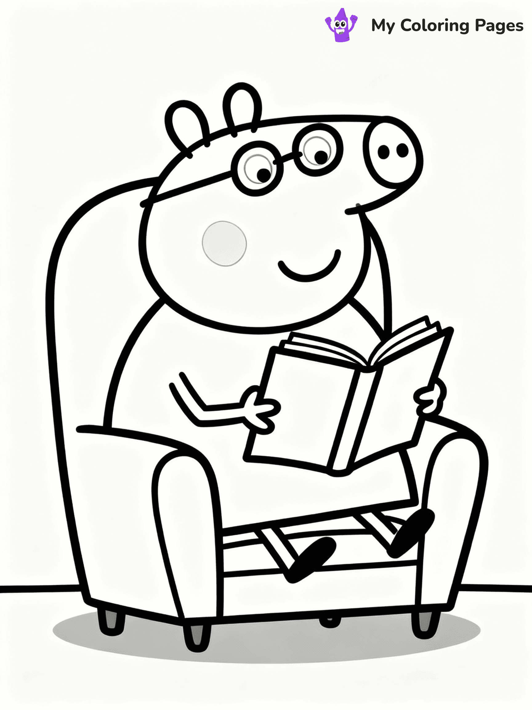 ⚠️ CRITICAL REQUIREMENT - ABSOLUTE BLACK AND WHITE ONLY ⚠️
This MUST be a BLACK AND WHITE line drawing ONLY. NO COLORS whatsoever.
- ONLY pure black lines (#000000) on pure white background (#FFFFFF)
- ABSOLUTELY NO colors, NO shading, NO gradients, NO grayscale
- If there are ANY colors in the output, the image is REJECTED
- This is a COLORING PAGE - meant to be COLORED IN by children
- The output must be UNCOLORED line art ready for coloring
⚠️ SUBJECT TO DRAW: Daddy Pig from Peppa Pig reading a book, glasses on nose, comfy chair. Important: PURE OUTLINES. NO FILLS, COLOR, SHADING, OR GREYSCALE. WHITE BACKGROUND.
(REMEMBER: Output must be BLACK AND WHITE line art only, NOT colored!)
# Flat, Friendly Cartoon Line-Art Coloring Page
You are generating a **pure black-and-white binary image** of a child-friendly cartoon scene combining characters and background scenery in one cohesive composition.
## Rendering Rules (Strict)
- Only two colors: pure black (#000000) outlines and pure white (#FFFFFF) background.
- No grayscale, shading, gradients, tints, fills, transparency, or partial pixels.
- No antialiasing or blended edges; every pixel is 100% black or white.
- No solid black fills inside shapes — all areas inside outlines must remain white.
- No dark clothing areas or filled tone blocks; all garments outlined only.
- No shadows, textures, lighting, or tonal variations.
- Must look like flat binary vector line-art for coloring pages.
## Drawing & Composition
- **Medium, consistent line weight**; clean closed outlines easy to color inside.
- **Flat, simple, child-friendly design** — no realism or 3D depth.
- Characters are **grounded on a surface**, centered and large.
- **Balanced composition** with clear silhouettes and minimal props.
## Scenery & Style
- Landmarks (e.g., mosque, CN Tower) and scenery (trees, benches, waves) drawn with **black outlines only.**
- For real-world figures, teams, or places, show accurate details using only black outlines—no text or logos. Use distinctive uniform patterns, abstract symbols, and landmark silhouettes to convey identity.
- Keep **consistent perspective**; no floating elements.
- **Style:** whimsical **Doodle Art Alley** — rounded, friendly outlines.
- May adapt shapes from **Crayola, Disney, Peppa Pig, Cocomelon** — *by shape only, never color.*
- Final output: **flat, crisp, binary (#000000/#FFFFFF)**, **no filled color or background text.**
EXTREMELYE IMPORTANT:
- PURE BINARY LINE-ART; NO FILLS (HAIR/CLOTHES/SKIN), SHADING, OR GREY.
- NO SHADING, COLOR. MUST BE WHITE BACKGROUND.
⚠️ FINAL REMINDER: Draw the subject "Daddy Pig from Peppa Pig reading a book, glasses on nose, comfy chair. Important: PURE OUTLINES. NO FILLS, COLOR, SHADING, OR GREYSCALE. WHITE BACKGROUND." as BLACK AND WHITE line art. Zero colors in output.