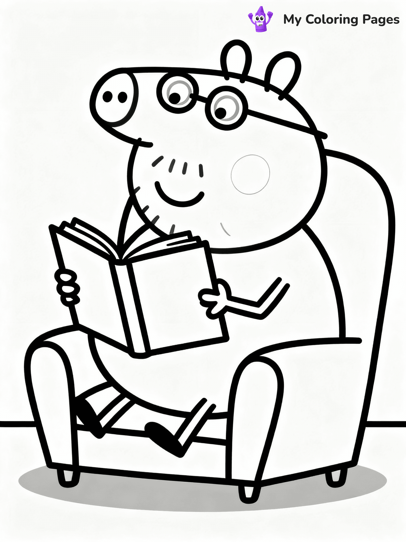 ⚠️ CRITICAL REQUIREMENT - ABSOLUTE BLACK AND WHITE ONLY ⚠️
This MUST be a BLACK AND WHITE line drawing ONLY. NO COLORS whatsoever.
- ONLY pure black lines (#000000) on pure white background (#FFFFFF)
- ABSOLUTELY NO colors, NO shading, NO gradients, NO grayscale
- If there are ANY colors in the output, the image is REJECTED
- This is a COLORING PAGE - meant to be COLORED IN by children
- The output must be UNCOLORED line art ready for coloring
⚠️ SUBJECT TO DRAW: Daddy Pig from Peppa Pig reading a book, glasses on nose, comfy chair. Important: PURE OUTLINES. NO FILLS, COLOR, SHADING, OR GREYSCALE. WHITE BACKGROUND.
(REMEMBER: Output must be BLACK AND WHITE line art only, NOT colored!)
# Flat, Friendly Cartoon Line-Art Coloring Page
You are generating a **pure black-and-white binary image** of a child-friendly cartoon scene combining characters and background scenery in one cohesive composition.
## Rendering Rules (Strict)
- Only two colors: pure black (#000000) outlines and pure white (#FFFFFF) background.
- No grayscale, shading, gradients, tints, fills, transparency, or partial pixels.
- No antialiasing or blended edges; every pixel is 100% black or white.
- No solid black fills inside shapes — all areas inside outlines must remain white.
- No dark clothing areas or filled tone blocks; all garments outlined only.
- No shadows, textures, lighting, or tonal variations.
- Must look like flat binary vector line-art for coloring pages.
## Drawing & Composition
- **Medium, consistent line weight**; clean closed outlines easy to color inside.
- **Flat, simple, child-friendly design** — no realism or 3D depth.
- Characters are **grounded on a surface**, centered and large.
- **Balanced composition** with clear silhouettes and minimal props.
## Scenery & Style
- Landmarks (e.g., mosque, CN Tower) and scenery (trees, benches, waves) drawn with **black outlines only.**
- For real-world figures, teams, or places, show accurate details using only black outlines—no text or logos. Use distinctive uniform patterns, abstract symbols, and landmark silhouettes to convey identity.
- Keep **consistent perspective**; no floating elements.
- **Style:** whimsical **Doodle Art Alley** — rounded, friendly outlines.
- May adapt shapes from **Crayola, Disney, Peppa Pig, Cocomelon** — *by shape only, never color.*
- Final output: **flat, crisp, binary (#000000/#FFFFFF)**, **no filled color or background text.**
EXTREMELYE IMPORTANT:
- PURE BINARY LINE-ART; NO FILLS (HAIR/CLOTHES/SKIN), SHADING, OR GREY.
- NO SHADING, COLOR. MUST BE WHITE BACKGROUND.
⚠️ FINAL REMINDER: Draw the subject "Daddy Pig from Peppa Pig reading a book, glasses on nose, comfy chair. Important: PURE OUTLINES. NO FILLS, COLOR, SHADING, OR GREYSCALE. WHITE BACKGROUND." as BLACK AND WHITE line art. Zero colors in output.