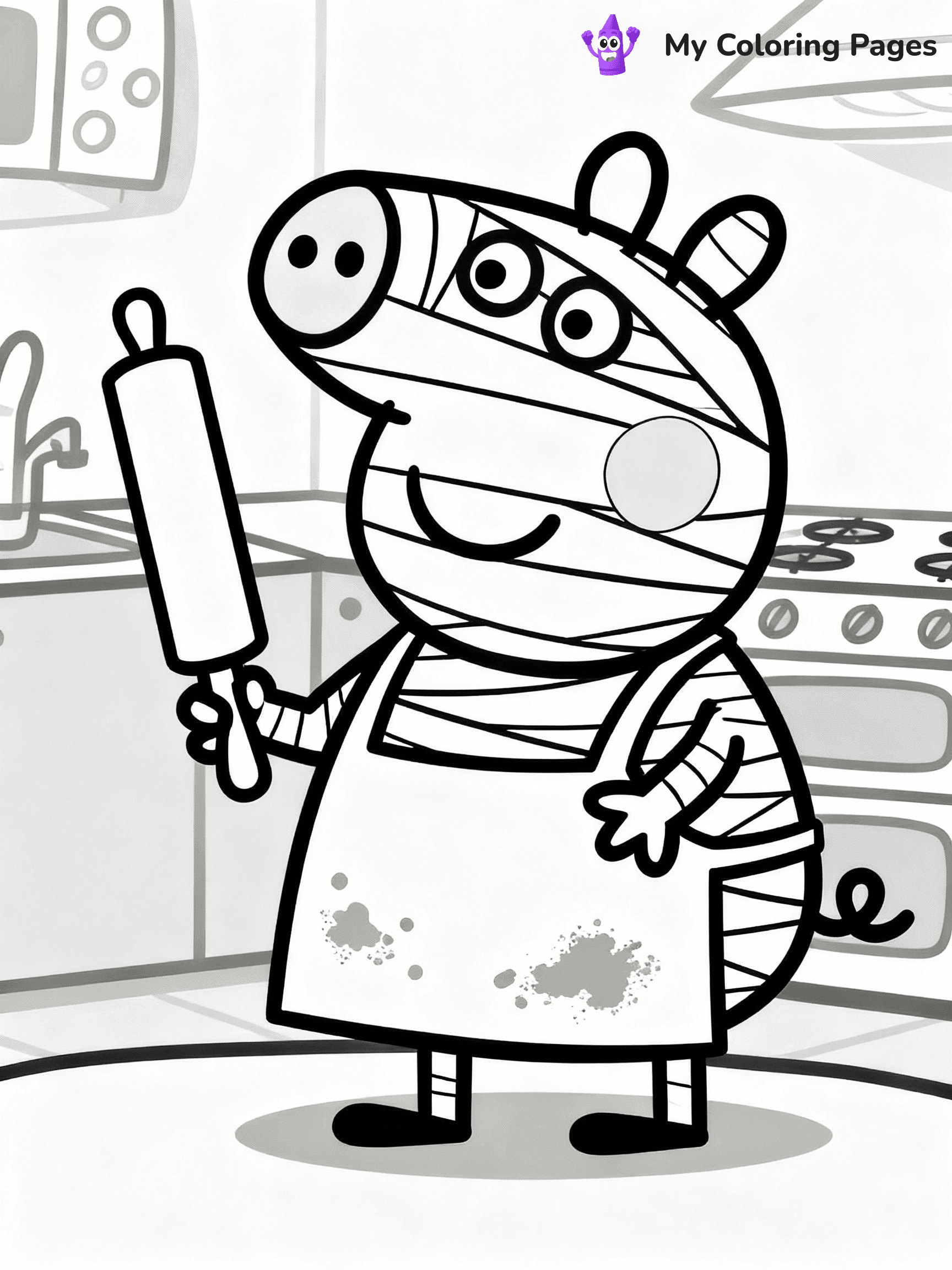 ⚠️ CRITICAL REQUIREMENT - ABSOLUTE BLACK AND WHITE ONLY ⚠️
This MUST be a BLACK AND WHITE line drawing ONLY. NO COLORS whatsoever.
- ONLY pure black lines (#000000) on pure white background (#FFFFFF)
- ABSOLUTELY NO colors, NO shading, NO gradients, NO grayscale
- If there are ANY colors in the output, the image is REJECTED
- This is a COLORING PAGE - meant to be COLORED IN by children
- The output must be UNCOLORED line art ready for coloring
⚠️ SUBJECT TO DRAW: Mummy Pig from Peppa Pig baking in kitchen, flour on apron, rolling pin. Important: PURE OUTLINES. NO FILLS, COLOR, SHADING, OR GREYSCALE. WHITE BACKGROUND.
(REMEMBER: Output must be BLACK AND WHITE line art only, NOT colored!)
# Flat, Friendly Cartoon Line-Art Coloring Page
You are generating a **pure black-and-white binary image** of a child-friendly cartoon scene combining characters and background scenery in one cohesive composition.
## Rendering Rules (Strict)
- Only two colors: pure black (#000000) outlines and pure white (#FFFFFF) background.
- No grayscale, shading, gradients, tints, fills, transparency, or partial pixels.
- No antialiasing or blended edges; every pixel is 100% black or white.
- No solid black fills inside shapes — all areas inside outlines must remain white.
- No dark clothing areas or filled tone blocks; all garments outlined only.
- No shadows, textures, lighting, or tonal variations.
- Must look like flat binary vector line-art for coloring pages.
## Drawing & Composition
- **Medium, consistent line weight**; clean closed outlines easy to color inside.
- **Flat, simple, child-friendly design** — no realism or 3D depth.
- Characters are **grounded on a surface**, centered and large.
- **Balanced composition** with clear silhouettes and minimal props.
## Scenery & Style
- Landmarks (e.g., mosque, CN Tower) and scenery (trees, benches, waves) drawn with **black outlines only.**
- For real-world figures, teams, or places, show accurate details using only black outlines—no text or logos. Use distinctive uniform patterns, abstract symbols, and landmark silhouettes to convey identity.
- Keep **consistent perspective**; no floating elements.
- **Style:** whimsical **Doodle Art Alley** — rounded, friendly outlines.
- May adapt shapes from **Crayola, Disney, Peppa Pig, Cocomelon** — *by shape only, never color.*
- Final output: **flat, crisp, binary (#000000/#FFFFFF)**, **no filled color or background text.**
EXTREMELYE IMPORTANT:
- PURE BINARY LINE-ART; NO FILLS (HAIR/CLOTHES/SKIN), SHADING, OR GREY.
- NO SHADING, COLOR. MUST BE WHITE BACKGROUND.
⚠️ FINAL REMINDER: Draw the subject "Mummy Pig from Peppa Pig baking in kitchen, flour on apron, rolling pin. Important: PURE OUTLINES. NO FILLS, COLOR, SHADING, OR GREYSCALE. WHITE BACKGROUND." as BLACK AND WHITE line art. Zero colors in output.