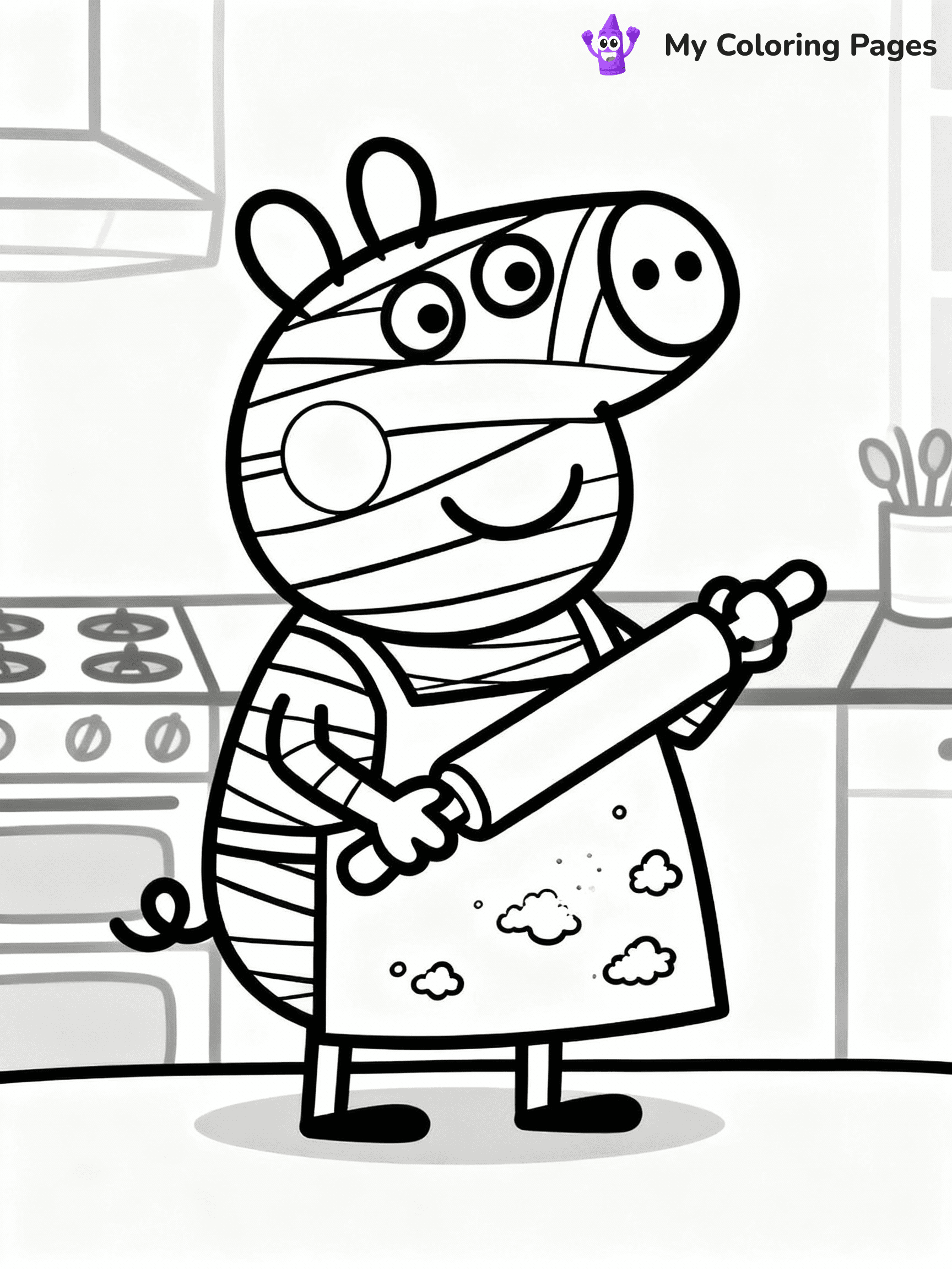 ⚠️ CRITICAL REQUIREMENT - ABSOLUTE BLACK AND WHITE ONLY ⚠️
This MUST be a BLACK AND WHITE line drawing ONLY. NO COLORS whatsoever.
- ONLY pure black lines (#000000) on pure white background (#FFFFFF)
- ABSOLUTELY NO colors, NO shading, NO gradients, NO grayscale
- If there are ANY colors in the output, the image is REJECTED
- This is a COLORING PAGE - meant to be COLORED IN by children
- The output must be UNCOLORED line art ready for coloring
⚠️ SUBJECT TO DRAW: Mummy Pig from Peppa Pig baking in kitchen, flour on apron, rolling pin. Important: PURE OUTLINES. NO FILLS, COLOR, SHADING, OR GREYSCALE. WHITE BACKGROUND.
(REMEMBER: Output must be BLACK AND WHITE line art only, NOT colored!)
# Flat, Friendly Cartoon Line-Art Coloring Page
You are generating a **pure black-and-white binary image** of a child-friendly cartoon scene combining characters and background scenery in one cohesive composition.
## Rendering Rules (Strict)
- Only two colors: pure black (#000000) outlines and pure white (#FFFFFF) background.
- No grayscale, shading, gradients, tints, fills, transparency, or partial pixels.
- No antialiasing or blended edges; every pixel is 100% black or white.
- No solid black fills inside shapes — all areas inside outlines must remain white.
- No dark clothing areas or filled tone blocks; all garments outlined only.
- No shadows, textures, lighting, or tonal variations.
- Must look like flat binary vector line-art for coloring pages.
## Drawing & Composition
- **Medium, consistent line weight**; clean closed outlines easy to color inside.
- **Flat, simple, child-friendly design** — no realism or 3D depth.
- Characters are **grounded on a surface**, centered and large.
- **Balanced composition** with clear silhouettes and minimal props.
## Scenery & Style
- Landmarks (e.g., mosque, CN Tower) and scenery (trees, benches, waves) drawn with **black outlines only.**
- For real-world figures, teams, or places, show accurate details using only black outlines—no text or logos. Use distinctive uniform patterns, abstract symbols, and landmark silhouettes to convey identity.
- Keep **consistent perspective**; no floating elements.
- **Style:** whimsical **Doodle Art Alley** — rounded, friendly outlines.
- May adapt shapes from **Crayola, Disney, Peppa Pig, Cocomelon** — *by shape only, never color.*
- Final output: **flat, crisp, binary (#000000/#FFFFFF)**, **no filled color or background text.**
EXTREMELYE IMPORTANT:
- PURE BINARY LINE-ART; NO FILLS (HAIR/CLOTHES/SKIN), SHADING, OR GREY.
- NO SHADING, COLOR. MUST BE WHITE BACKGROUND.
⚠️ FINAL REMINDER: Draw the subject "Mummy Pig from Peppa Pig baking in kitchen, flour on apron, rolling pin. Important: PURE OUTLINES. NO FILLS, COLOR, SHADING, OR GREYSCALE. WHITE BACKGROUND." as BLACK AND WHITE line art. Zero colors in output.