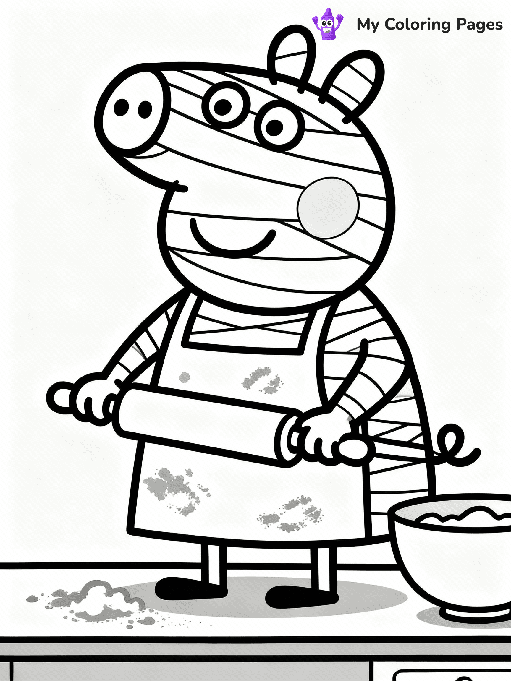 ⚠️ CRITICAL REQUIREMENT - ABSOLUTE BLACK AND WHITE ONLY ⚠️
This MUST be a BLACK AND WHITE line drawing ONLY. NO COLORS whatsoever.
- ONLY pure black lines (#000000) on pure white background (#FFFFFF)
- ABSOLUTELY NO colors, NO shading, NO gradients, NO grayscale
- If there are ANY colors in the output, the image is REJECTED
- This is a COLORING PAGE - meant to be COLORED IN by children
- The output must be UNCOLORED line art ready for coloring
⚠️ SUBJECT TO DRAW: Mummy Pig from Peppa Pig baking in kitchen, flour on apron, rolling pin. Important: PURE OUTLINES. NO FILLS, COLOR, SHADING, OR GREYSCALE. WHITE BACKGROUND.
(REMEMBER: Output must be BLACK AND WHITE line art only, NOT colored!)
# Flat, Friendly Cartoon Line-Art Coloring Page
You are generating a **pure black-and-white binary image** of a child-friendly cartoon scene combining characters and background scenery in one cohesive composition.
## Rendering Rules (Strict)
- Only two colors: pure black (#000000) outlines and pure white (#FFFFFF) background.
- No grayscale, shading, gradients, tints, fills, transparency, or partial pixels.
- No antialiasing or blended edges; every pixel is 100% black or white.
- No solid black fills inside shapes — all areas inside outlines must remain white.
- No dark clothing areas or filled tone blocks; all garments outlined only.
- No shadows, textures, lighting, or tonal variations.
- Must look like flat binary vector line-art for coloring pages.
## Drawing & Composition
- **Medium, consistent line weight**; clean closed outlines easy to color inside.
- **Flat, simple, child-friendly design** — no realism or 3D depth.
- Characters are **grounded on a surface**, centered and large.
- **Balanced composition** with clear silhouettes and minimal props.
## Scenery & Style
- Landmarks (e.g., mosque, CN Tower) and scenery (trees, benches, waves) drawn with **black outlines only.**
- For real-world figures, teams, or places, show accurate details using only black outlines—no text or logos. Use distinctive uniform patterns, abstract symbols, and landmark silhouettes to convey identity.
- Keep **consistent perspective**; no floating elements.
- **Style:** whimsical **Doodle Art Alley** — rounded, friendly outlines.
- May adapt shapes from **Crayola, Disney, Peppa Pig, Cocomelon** — *by shape only, never color.*
- Final output: **flat, crisp, binary (#000000/#FFFFFF)**, **no filled color or background text.**
EXTREMELYE IMPORTANT:
- PURE BINARY LINE-ART; NO FILLS (HAIR/CLOTHES/SKIN), SHADING, OR GREY.
- NO SHADING, COLOR. MUST BE WHITE BACKGROUND.
⚠️ FINAL REMINDER: Draw the subject "Mummy Pig from Peppa Pig baking in kitchen, flour on apron, rolling pin. Important: PURE OUTLINES. NO FILLS, COLOR, SHADING, OR GREYSCALE. WHITE BACKGROUND." as BLACK AND WHITE line art. Zero colors in output.