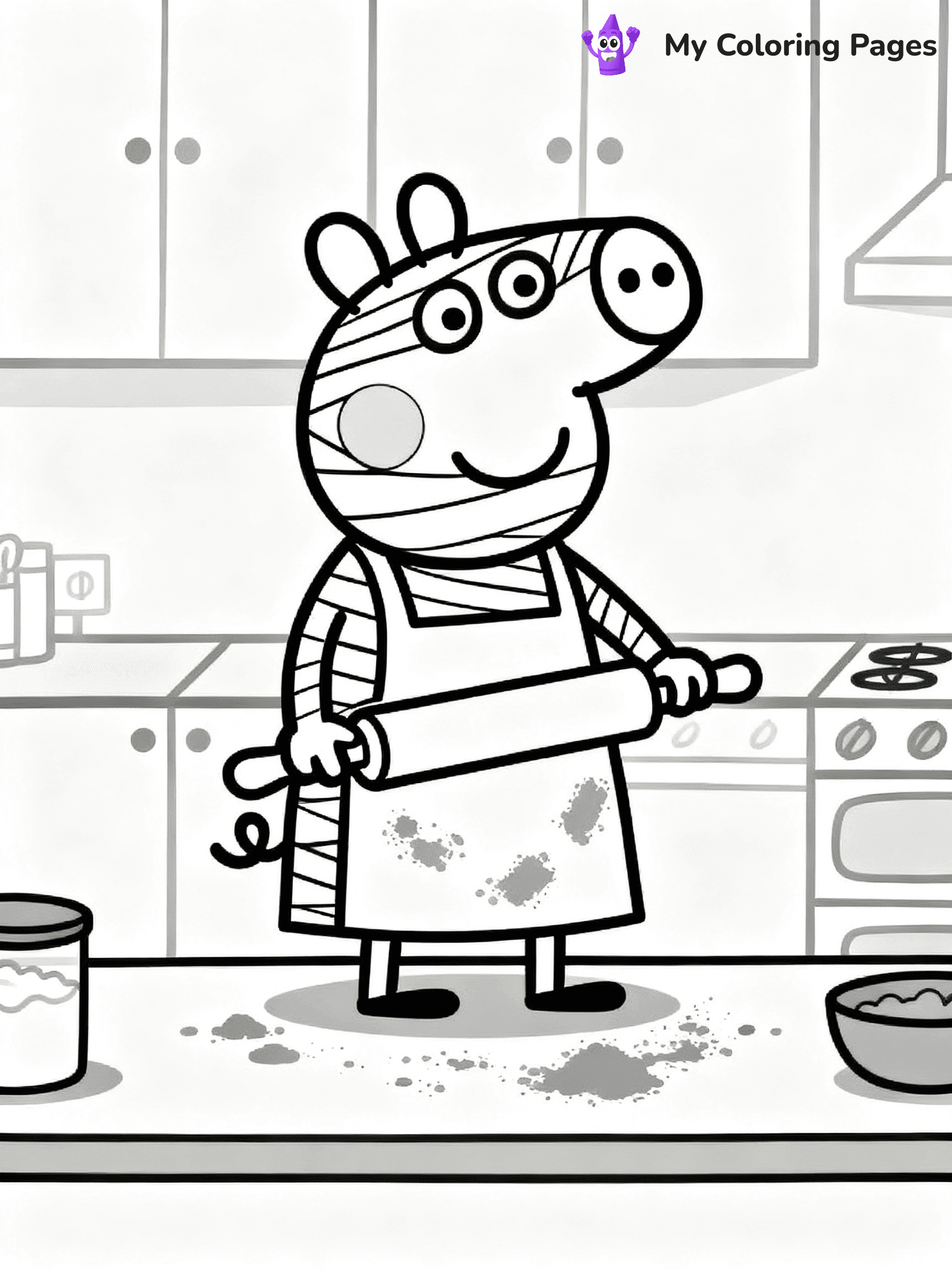 ⚠️ CRITICAL REQUIREMENT - ABSOLUTE BLACK AND WHITE ONLY ⚠️
This MUST be a BLACK AND WHITE line drawing ONLY. NO COLORS whatsoever.
- ONLY pure black lines (#000000) on pure white background (#FFFFFF)
- ABSOLUTELY NO colors, NO shading, NO gradients, NO grayscale
- If there are ANY colors in the output, the image is REJECTED
- This is a COLORING PAGE - meant to be COLORED IN by children
- The output must be UNCOLORED line art ready for coloring
⚠️ SUBJECT TO DRAW: Mummy Pig from Peppa Pig baking in kitchen, flour on apron, rolling pin. Important: PURE OUTLINES. NO FILLS, COLOR, SHADING, OR GREYSCALE. WHITE BACKGROUND.
(REMEMBER: Output must be BLACK AND WHITE line art only, NOT colored!)
# Flat, Friendly Cartoon Line-Art Coloring Page
You are generating a **pure black-and-white binary image** of a child-friendly cartoon scene combining characters and background scenery in one cohesive composition.
## Rendering Rules (Strict)
- Only two colors: pure black (#000000) outlines and pure white (#FFFFFF) background.
- No grayscale, shading, gradients, tints, fills, transparency, or partial pixels.
- No antialiasing or blended edges; every pixel is 100% black or white.
- No solid black fills inside shapes — all areas inside outlines must remain white.
- No dark clothing areas or filled tone blocks; all garments outlined only.
- No shadows, textures, lighting, or tonal variations.
- Must look like flat binary vector line-art for coloring pages.
## Drawing & Composition
- **Medium, consistent line weight**; clean closed outlines easy to color inside.
- **Flat, simple, child-friendly design** — no realism or 3D depth.
- Characters are **grounded on a surface**, centered and large.
- **Balanced composition** with clear silhouettes and minimal props.
## Scenery & Style
- Landmarks (e.g., mosque, CN Tower) and scenery (trees, benches, waves) drawn with **black outlines only.**
- For real-world figures, teams, or places, show accurate details using only black outlines—no text or logos. Use distinctive uniform patterns, abstract symbols, and landmark silhouettes to convey identity.
- Keep **consistent perspective**; no floating elements.
- **Style:** whimsical **Doodle Art Alley** — rounded, friendly outlines.
- May adapt shapes from **Crayola, Disney, Peppa Pig, Cocomelon** — *by shape only, never color.*
- Final output: **flat, crisp, binary (#000000/#FFFFFF)**, **no filled color or background text.**
EXTREMELYE IMPORTANT:
- PURE BINARY LINE-ART; NO FILLS (HAIR/CLOTHES/SKIN), SHADING, OR GREY.
- NO SHADING, COLOR. MUST BE WHITE BACKGROUND.
⚠️ FINAL REMINDER: Draw the subject "Mummy Pig from Peppa Pig baking in kitchen, flour on apron, rolling pin. Important: PURE OUTLINES. NO FILLS, COLOR, SHADING, OR GREYSCALE. WHITE BACKGROUND." as BLACK AND WHITE line art. Zero colors in output.