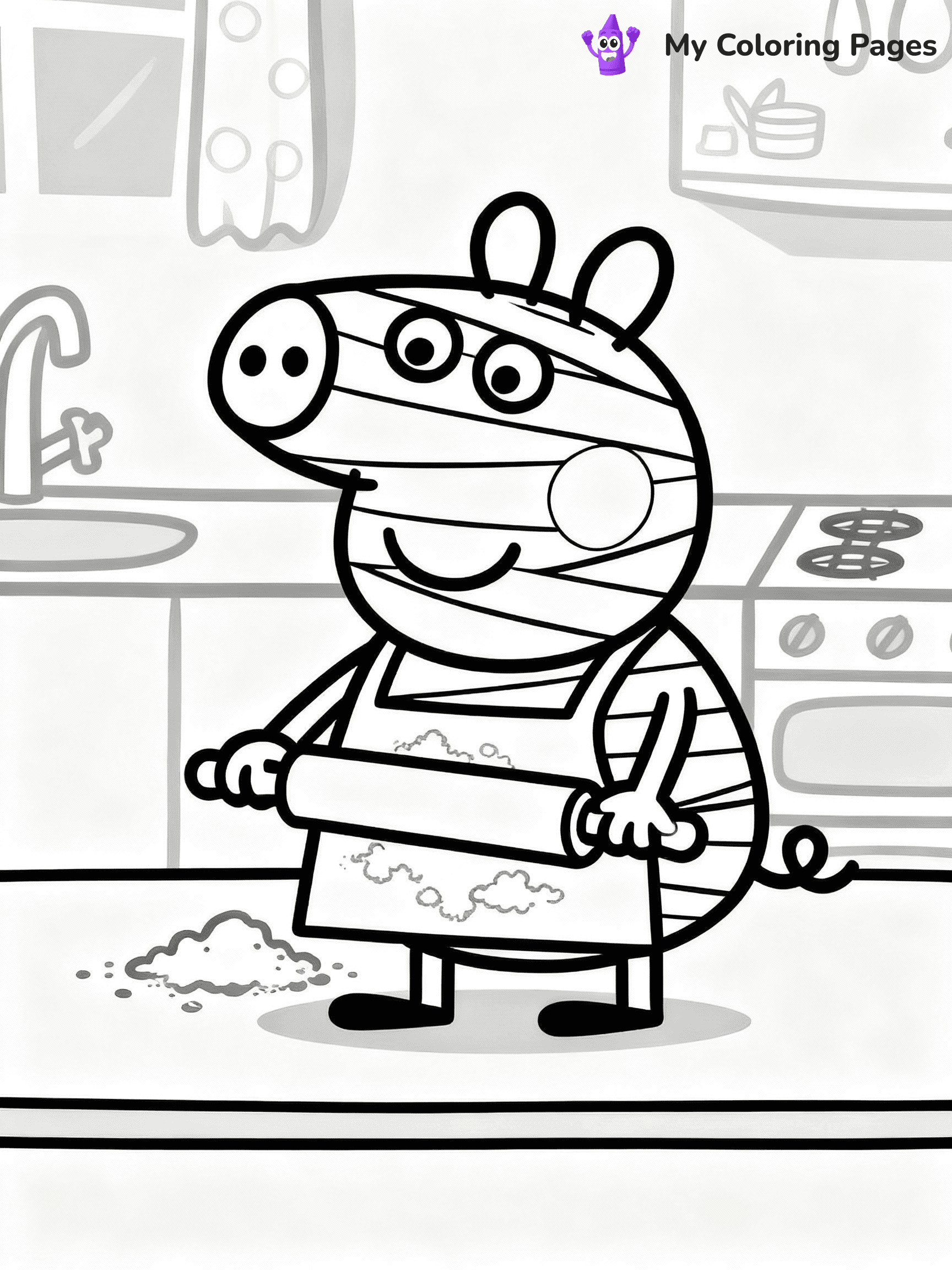 ⚠️ CRITICAL REQUIREMENT - ABSOLUTE BLACK AND WHITE ONLY ⚠️
This MUST be a BLACK AND WHITE line drawing ONLY. NO COLORS whatsoever.
- ONLY pure black lines (#000000) on pure white background (#FFFFFF)
- ABSOLUTELY NO colors, NO shading, NO gradients, NO grayscale
- If there are ANY colors in the output, the image is REJECTED
- This is a COLORING PAGE - meant to be COLORED IN by children
- The output must be UNCOLORED line art ready for coloring
⚠️ SUBJECT TO DRAW: Mummy Pig from Peppa Pig baking in kitchen, flour on apron, rolling pin. Important: PURE OUTLINES. NO FILLS, COLOR, SHADING, OR GREYSCALE. WHITE BACKGROUND.
(REMEMBER: Output must be BLACK AND WHITE line art only, NOT colored!)
# Flat, Friendly Cartoon Line-Art Coloring Page
You are generating a **pure black-and-white binary image** of a child-friendly cartoon scene combining characters and background scenery in one cohesive composition.
## Rendering Rules (Strict)
- Only two colors: pure black (#000000) outlines and pure white (#FFFFFF) background.
- No grayscale, shading, gradients, tints, fills, transparency, or partial pixels.
- No antialiasing or blended edges; every pixel is 100% black or white.
- No solid black fills inside shapes — all areas inside outlines must remain white.
- No dark clothing areas or filled tone blocks; all garments outlined only.
- No shadows, textures, lighting, or tonal variations.
- Must look like flat binary vector line-art for coloring pages.
## Drawing & Composition
- **Medium, consistent line weight**; clean closed outlines easy to color inside.
- **Flat, simple, child-friendly design** — no realism or 3D depth.
- Characters are **grounded on a surface**, centered and large.
- **Balanced composition** with clear silhouettes and minimal props.
## Scenery & Style
- Landmarks (e.g., mosque, CN Tower) and scenery (trees, benches, waves) drawn with **black outlines only.**
- For real-world figures, teams, or places, show accurate details using only black outlines—no text or logos. Use distinctive uniform patterns, abstract symbols, and landmark silhouettes to convey identity.
- Keep **consistent perspective**; no floating elements.
- **Style:** whimsical **Doodle Art Alley** — rounded, friendly outlines.
- May adapt shapes from **Crayola, Disney, Peppa Pig, Cocomelon** — *by shape only, never color.*
- Final output: **flat, crisp, binary (#000000/#FFFFFF)**, **no filled color or background text.**
EXTREMELYE IMPORTANT:
- PURE BINARY LINE-ART; NO FILLS (HAIR/CLOTHES/SKIN), SHADING, OR GREY.
- NO SHADING, COLOR. MUST BE WHITE BACKGROUND.
⚠️ FINAL REMINDER: Draw the subject "Mummy Pig from Peppa Pig baking in kitchen, flour on apron, rolling pin. Important: PURE OUTLINES. NO FILLS, COLOR, SHADING, OR GREYSCALE. WHITE BACKGROUND." as BLACK AND WHITE line art. Zero colors in output.