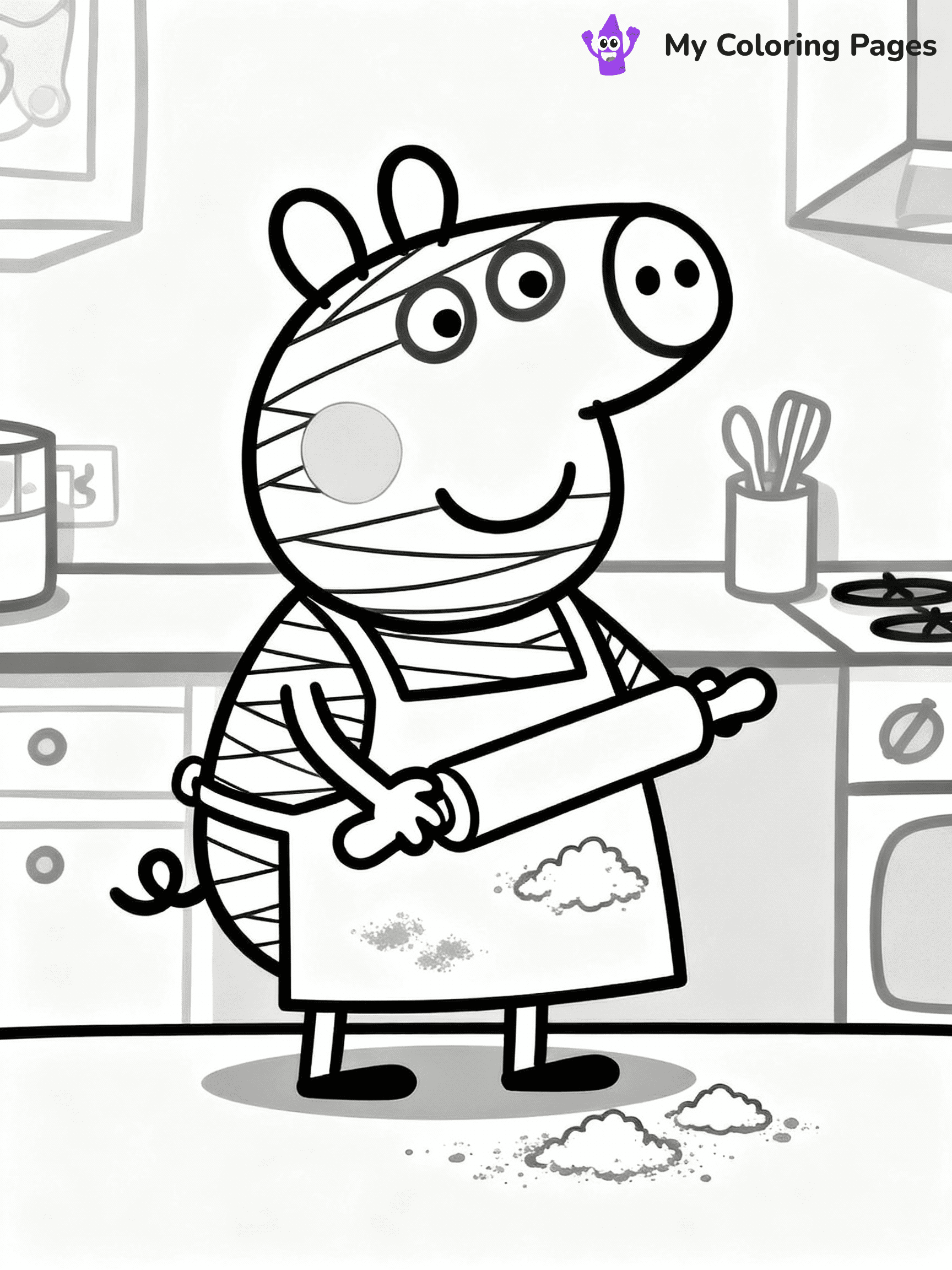 ⚠️ CRITICAL REQUIREMENT - ABSOLUTE BLACK AND WHITE ONLY ⚠️
This MUST be a BLACK AND WHITE line drawing ONLY. NO COLORS whatsoever.
- ONLY pure black lines (#000000) on pure white background (#FFFFFF)
- ABSOLUTELY NO colors, NO shading, NO gradients, NO grayscale
- If there are ANY colors in the output, the image is REJECTED
- This is a COLORING PAGE - meant to be COLORED IN by children
- The output must be UNCOLORED line art ready for coloring
⚠️ SUBJECT TO DRAW: Mummy Pig from Peppa Pig baking in kitchen, flour on apron, rolling pin. Important: PURE OUTLINES. NO FILLS, COLOR, SHADING, OR GREYSCALE. WHITE BACKGROUND.
(REMEMBER: Output must be BLACK AND WHITE line art only, NOT colored!)
# Flat, Friendly Cartoon Line-Art Coloring Page
You are generating a **pure black-and-white binary image** of a child-friendly cartoon scene combining characters and background scenery in one cohesive composition.
## Rendering Rules (Strict)
- Only two colors: pure black (#000000) outlines and pure white (#FFFFFF) background.
- No grayscale, shading, gradients, tints, fills, transparency, or partial pixels.
- No antialiasing or blended edges; every pixel is 100% black or white.
- No solid black fills inside shapes — all areas inside outlines must remain white.
- No dark clothing areas or filled tone blocks; all garments outlined only.
- No shadows, textures, lighting, or tonal variations.
- Must look like flat binary vector line-art for coloring pages.
## Drawing & Composition
- **Medium, consistent line weight**; clean closed outlines easy to color inside.
- **Flat, simple, child-friendly design** — no realism or 3D depth.
- Characters are **grounded on a surface**, centered and large.
- **Balanced composition** with clear silhouettes and minimal props.
## Scenery & Style
- Landmarks (e.g., mosque, CN Tower) and scenery (trees, benches, waves) drawn with **black outlines only.**
- For real-world figures, teams, or places, show accurate details using only black outlines—no text or logos. Use distinctive uniform patterns, abstract symbols, and landmark silhouettes to convey identity.
- Keep **consistent perspective**; no floating elements.
- **Style:** whimsical **Doodle Art Alley** — rounded, friendly outlines.
- May adapt shapes from **Crayola, Disney, Peppa Pig, Cocomelon** — *by shape only, never color.*
- Final output: **flat, crisp, binary (#000000/#FFFFFF)**, **no filled color or background text.**
EXTREMELYE IMPORTANT:
- PURE BINARY LINE-ART; NO FILLS (HAIR/CLOTHES/SKIN), SHADING, OR GREY.
- NO SHADING, COLOR. MUST BE WHITE BACKGROUND.
⚠️ FINAL REMINDER: Draw the subject "Mummy Pig from Peppa Pig baking in kitchen, flour on apron, rolling pin. Important: PURE OUTLINES. NO FILLS, COLOR, SHADING, OR GREYSCALE. WHITE BACKGROUND." as BLACK AND WHITE line art. Zero colors in output.