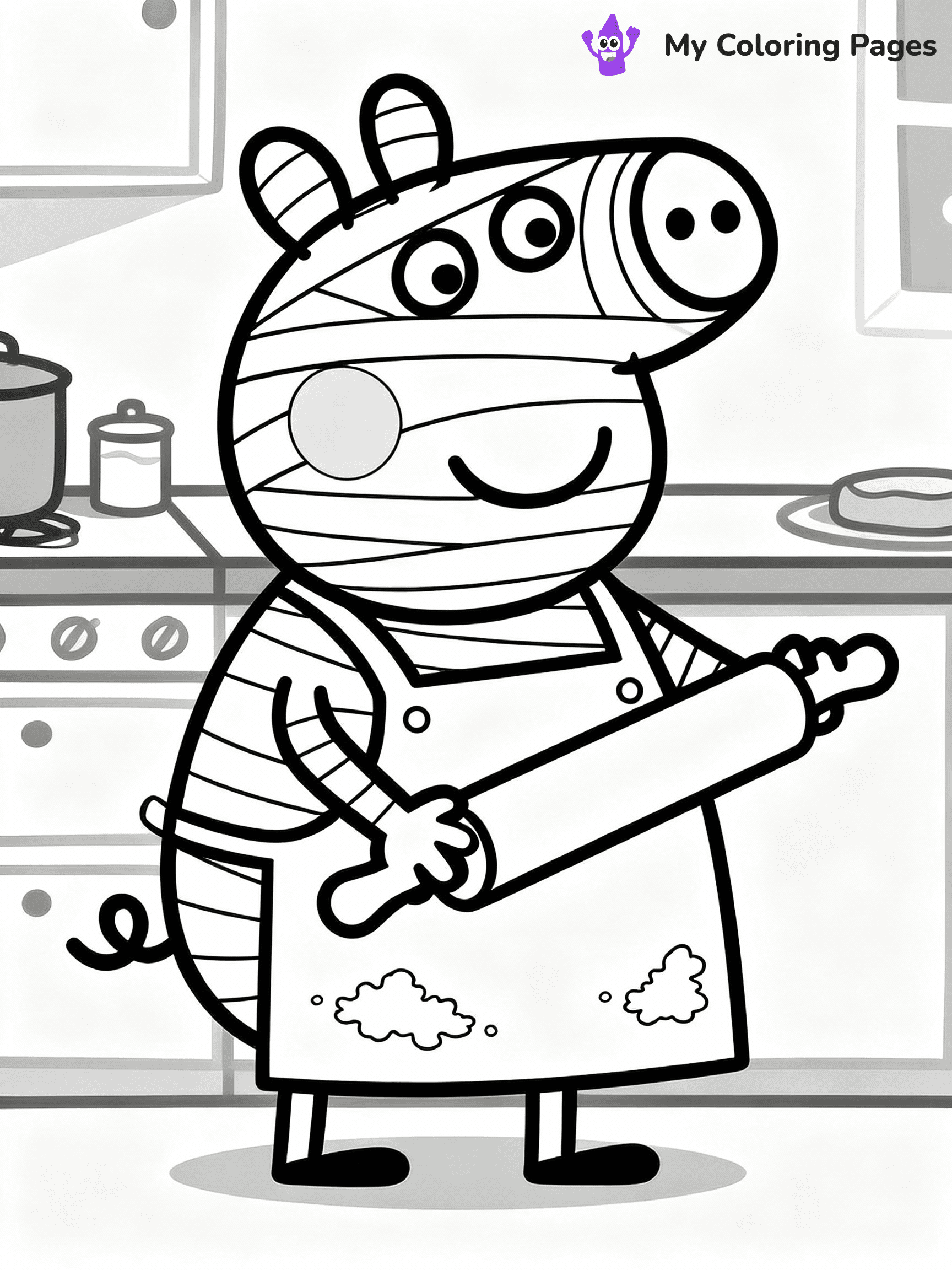 ⚠️ CRITICAL REQUIREMENT - ABSOLUTE BLACK AND WHITE ONLY ⚠️
This MUST be a BLACK AND WHITE line drawing ONLY. NO COLORS whatsoever.
- ONLY pure black lines (#000000) on pure white background (#FFFFFF)
- ABSOLUTELY NO colors, NO shading, NO gradients, NO grayscale
- If there are ANY colors in the output, the image is REJECTED
- This is a COLORING PAGE - meant to be COLORED IN by children
- The output must be UNCOLORED line art ready for coloring
⚠️ SUBJECT TO DRAW: Mummy Pig from Peppa Pig baking in kitchen, flour on apron, rolling pin. Important: PURE OUTLINES. NO FILLS, COLOR, SHADING, OR GREYSCALE. WHITE BACKGROUND.
(REMEMBER: Output must be BLACK AND WHITE line art only, NOT colored!)
# Flat, Friendly Cartoon Line-Art Coloring Page
You are generating a **pure black-and-white binary image** of a child-friendly cartoon scene combining characters and background scenery in one cohesive composition.
## Rendering Rules (Strict)
- Only two colors: pure black (#000000) outlines and pure white (#FFFFFF) background.
- No grayscale, shading, gradients, tints, fills, transparency, or partial pixels.
- No antialiasing or blended edges; every pixel is 100% black or white.
- No solid black fills inside shapes — all areas inside outlines must remain white.
- No dark clothing areas or filled tone blocks; all garments outlined only.
- No shadows, textures, lighting, or tonal variations.
- Must look like flat binary vector line-art for coloring pages.
## Drawing & Composition
- **Medium, consistent line weight**; clean closed outlines easy to color inside.
- **Flat, simple, child-friendly design** — no realism or 3D depth.
- Characters are **grounded on a surface**, centered and large.
- **Balanced composition** with clear silhouettes and minimal props.
## Scenery & Style
- Landmarks (e.g., mosque, CN Tower) and scenery (trees, benches, waves) drawn with **black outlines only.**
- For real-world figures, teams, or places, show accurate details using only black outlines—no text or logos. Use distinctive uniform patterns, abstract symbols, and landmark silhouettes to convey identity.
- Keep **consistent perspective**; no floating elements.
- **Style:** whimsical **Doodle Art Alley** — rounded, friendly outlines.
- May adapt shapes from **Crayola, Disney, Peppa Pig, Cocomelon** — *by shape only, never color.*
- Final output: **flat, crisp, binary (#000000/#FFFFFF)**, **no filled color or background text.**
EXTREMELYE IMPORTANT:
- PURE BINARY LINE-ART; NO FILLS (HAIR/CLOTHES/SKIN), SHADING, OR GREY.
- NO SHADING, COLOR. MUST BE WHITE BACKGROUND.
⚠️ FINAL REMINDER: Draw the subject "Mummy Pig from Peppa Pig baking in kitchen, flour on apron, rolling pin. Important: PURE OUTLINES. NO FILLS, COLOR, SHADING, OR GREYSCALE. WHITE BACKGROUND." as BLACK AND WHITE line art. Zero colors in output.