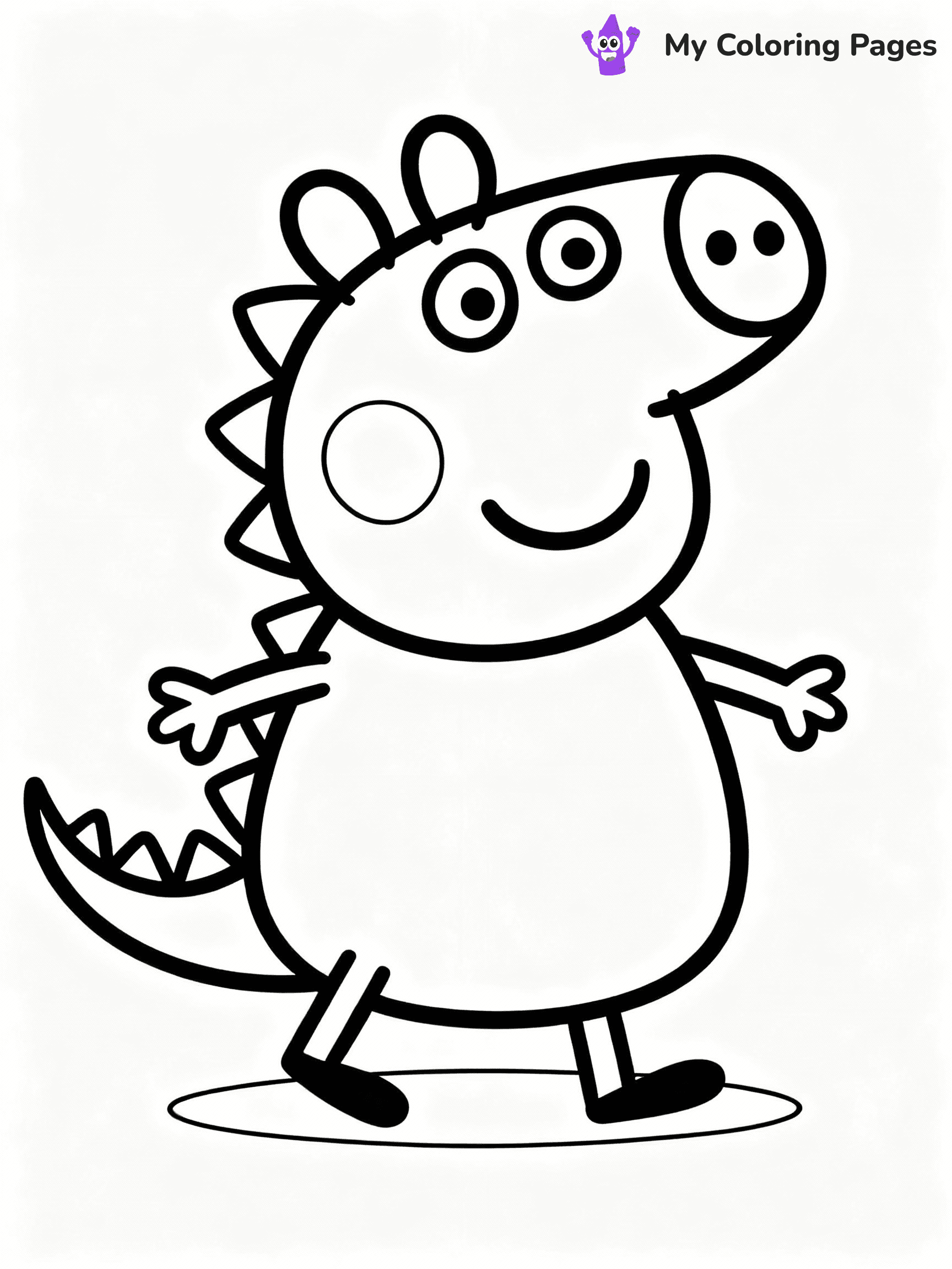 ⚠️ CRITICAL REQUIREMENT - ABSOLUTE BLACK AND WHITE ONLY ⚠️
This MUST be a BLACK AND WHITE line drawing ONLY. NO COLORS whatsoever.
- ONLY pure black lines (#000000) on pure white background (#FFFFFF)
- ABSOLUTELY NO colors, NO shading, NO gradients, NO grayscale
- If there are ANY colors in the output, the image is REJECTED
- This is a COLORING PAGE - meant to be COLORED IN by children
- The output must be UNCOLORED line art ready for coloring
⚠️ SUBJECT TO DRAW: George Pig from Peppa Pig dressed as a dinosaur, tail wagging, playful stance. Important: PURE OUTLINES. NO FILLS, COLOR, SHADING, OR GREYSCALE. WHITE BACKGROUND.
(REMEMBER: Output must be BLACK AND WHITE line art only, NOT colored!)
# Flat, Friendly Cartoon Line-Art Coloring Page
You are generating a **pure black-and-white binary image** of a child-friendly cartoon scene combining characters and background scenery in one cohesive composition.
## Rendering Rules (Strict)
- Only two colors: pure black (#000000) outlines and pure white (#FFFFFF) background.
- No grayscale, shading, gradients, tints, fills, transparency, or partial pixels.
- No antialiasing or blended edges; every pixel is 100% black or white.
- No solid black fills inside shapes — all areas inside outlines must remain white.
- No dark clothing areas or filled tone blocks; all garments outlined only.
- No shadows, textures, lighting, or tonal variations.
- Must look like flat binary vector line-art for coloring pages.
## Drawing & Composition
- **Medium, consistent line weight**; clean closed outlines easy to color inside.
- **Flat, simple, child-friendly design** — no realism or 3D depth.
- Characters are **grounded on a surface**, centered and large.
- **Balanced composition** with clear silhouettes and minimal props.
## Scenery & Style
- Landmarks (e.g., mosque, CN Tower) and scenery (trees, benches, waves) drawn with **black outlines only.**
- For real-world figures, teams, or places, show accurate details using only black outlines—no text or logos. Use distinctive uniform patterns, abstract symbols, and landmark silhouettes to convey identity.
- Keep **consistent perspective**; no floating elements.
- **Style:** whimsical **Doodle Art Alley** — rounded, friendly outlines.
- May adapt shapes from **Crayola, Disney, Peppa Pig, Cocomelon** — *by shape only, never color.*
- Final output: **flat, crisp, binary (#000000/#FFFFFF)**, **no filled color or background text.**
EXTREMELYE IMPORTANT:
- PURE BINARY LINE-ART; NO FILLS (HAIR/CLOTHES/SKIN), SHADING, OR GREY.
- NO SHADING, COLOR. MUST BE WHITE BACKGROUND.
⚠️ FINAL REMINDER: Draw the subject "George Pig from Peppa Pig dressed as a dinosaur, tail wagging, playful stance. Important: PURE OUTLINES. NO FILLS, COLOR, SHADING, OR GREYSCALE. WHITE BACKGROUND." as BLACK AND WHITE line art. Zero colors in output.