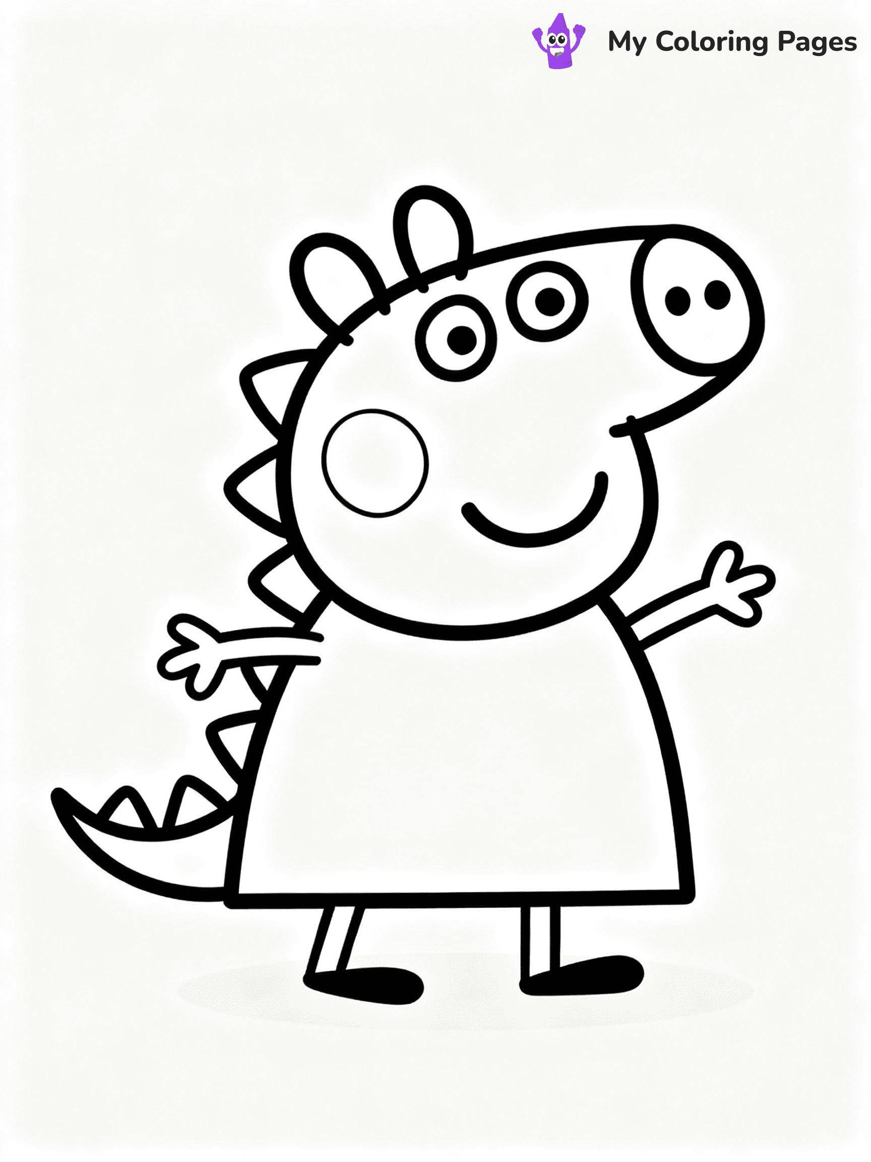 ⚠️ CRITICAL REQUIREMENT - ABSOLUTE BLACK AND WHITE ONLY ⚠️
This MUST be a BLACK AND WHITE line drawing ONLY. NO COLORS whatsoever.
- ONLY pure black lines (#000000) on pure white background (#FFFFFF)
- ABSOLUTELY NO colors, NO shading, NO gradients, NO grayscale
- If there are ANY colors in the output, the image is REJECTED
- This is a COLORING PAGE - meant to be COLORED IN by children
- The output must be UNCOLORED line art ready for coloring
⚠️ SUBJECT TO DRAW: George Pig from Peppa Pig dressed as a dinosaur, tail wagging, playful stance. Important: PURE OUTLINES. NO FILLS, COLOR, SHADING, OR GREYSCALE. WHITE BACKGROUND.
(REMEMBER: Output must be BLACK AND WHITE line art only, NOT colored!)
# Flat, Friendly Cartoon Line-Art Coloring Page
You are generating a **pure black-and-white binary image** of a child-friendly cartoon scene combining characters and background scenery in one cohesive composition.
## Rendering Rules (Strict)
- Only two colors: pure black (#000000) outlines and pure white (#FFFFFF) background.
- No grayscale, shading, gradients, tints, fills, transparency, or partial pixels.
- No antialiasing or blended edges; every pixel is 100% black or white.
- No solid black fills inside shapes — all areas inside outlines must remain white.
- No dark clothing areas or filled tone blocks; all garments outlined only.
- No shadows, textures, lighting, or tonal variations.
- Must look like flat binary vector line-art for coloring pages.
## Drawing & Composition
- **Medium, consistent line weight**; clean closed outlines easy to color inside.
- **Flat, simple, child-friendly design** — no realism or 3D depth.
- Characters are **grounded on a surface**, centered and large.
- **Balanced composition** with clear silhouettes and minimal props.
## Scenery & Style
- Landmarks (e.g., mosque, CN Tower) and scenery (trees, benches, waves) drawn with **black outlines only.**
- For real-world figures, teams, or places, show accurate details using only black outlines—no text or logos. Use distinctive uniform patterns, abstract symbols, and landmark silhouettes to convey identity.
- Keep **consistent perspective**; no floating elements.
- **Style:** whimsical **Doodle Art Alley** — rounded, friendly outlines.
- May adapt shapes from **Crayola, Disney, Peppa Pig, Cocomelon** — *by shape only, never color.*
- Final output: **flat, crisp, binary (#000000/#FFFFFF)**, **no filled color or background text.**
EXTREMELYE IMPORTANT:
- PURE BINARY LINE-ART; NO FILLS (HAIR/CLOTHES/SKIN), SHADING, OR GREY.
- NO SHADING, COLOR. MUST BE WHITE BACKGROUND.
⚠️ FINAL REMINDER: Draw the subject "George Pig from Peppa Pig dressed as a dinosaur, tail wagging, playful stance. Important: PURE OUTLINES. NO FILLS, COLOR, SHADING, OR GREYSCALE. WHITE BACKGROUND." as BLACK AND WHITE line art. Zero colors in output.