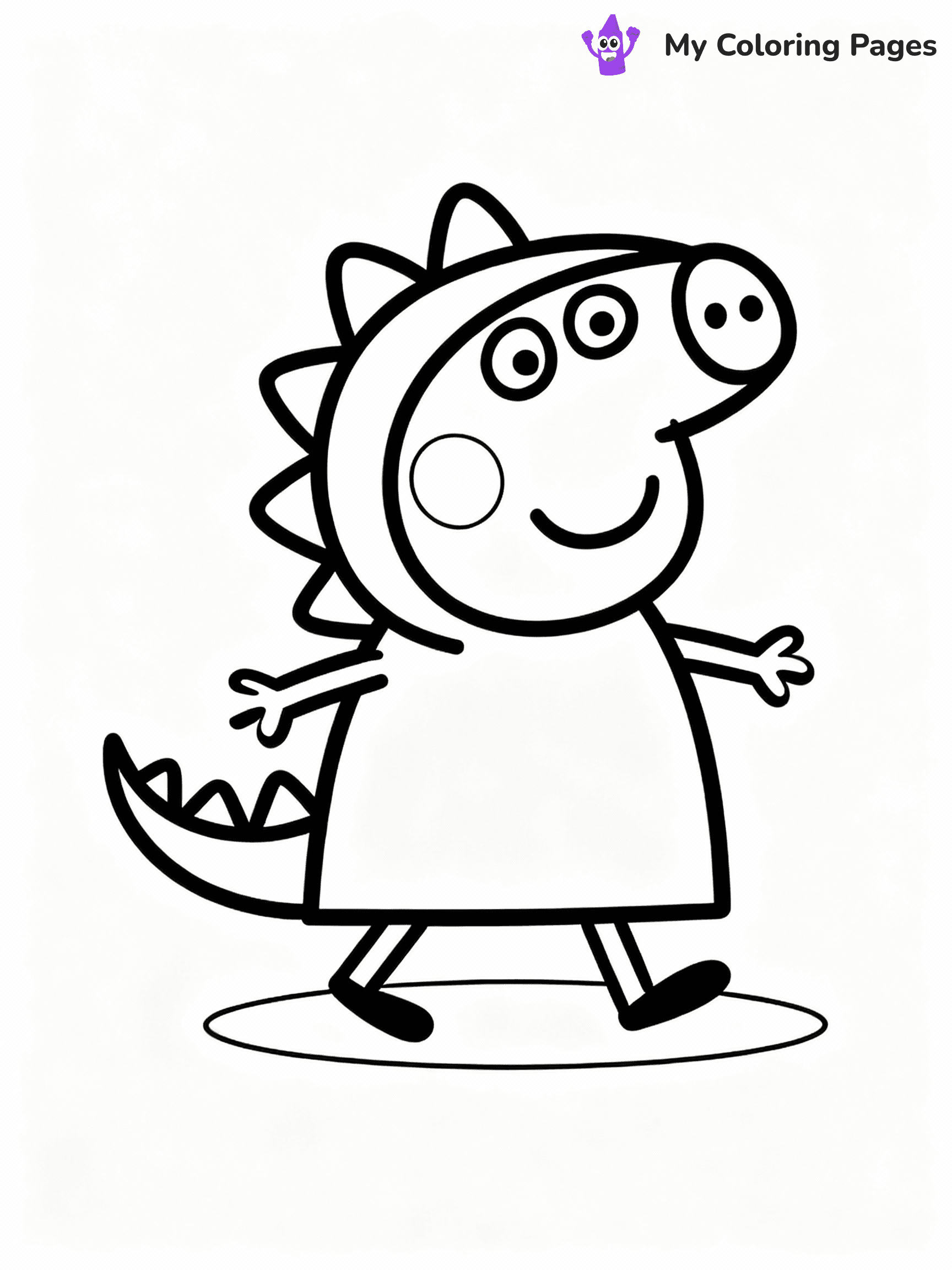 ⚠️ CRITICAL REQUIREMENT - ABSOLUTE BLACK AND WHITE ONLY ⚠️
This MUST be a BLACK AND WHITE line drawing ONLY. NO COLORS whatsoever.
- ONLY pure black lines (#000000) on pure white background (#FFFFFF)
- ABSOLUTELY NO colors, NO shading, NO gradients, NO grayscale
- If there are ANY colors in the output, the image is REJECTED
- This is a COLORING PAGE - meant to be COLORED IN by children
- The output must be UNCOLORED line art ready for coloring
⚠️ SUBJECT TO DRAW: George Pig from Peppa Pig dressed as a dinosaur, tail wagging, playful stance. Important: PURE OUTLINES. NO FILLS, COLOR, SHADING, OR GREYSCALE. WHITE BACKGROUND.
(REMEMBER: Output must be BLACK AND WHITE line art only, NOT colored!)
# Flat, Friendly Cartoon Line-Art Coloring Page
You are generating a **pure black-and-white binary image** of a child-friendly cartoon scene combining characters and background scenery in one cohesive composition.
## Rendering Rules (Strict)
- Only two colors: pure black (#000000) outlines and pure white (#FFFFFF) background.
- No grayscale, shading, gradients, tints, fills, transparency, or partial pixels.
- No antialiasing or blended edges; every pixel is 100% black or white.
- No solid black fills inside shapes — all areas inside outlines must remain white.
- No dark clothing areas or filled tone blocks; all garments outlined only.
- No shadows, textures, lighting, or tonal variations.
- Must look like flat binary vector line-art for coloring pages.
## Drawing & Composition
- **Medium, consistent line weight**; clean closed outlines easy to color inside.
- **Flat, simple, child-friendly design** — no realism or 3D depth.
- Characters are **grounded on a surface**, centered and large.
- **Balanced composition** with clear silhouettes and minimal props.
## Scenery & Style
- Landmarks (e.g., mosque, CN Tower) and scenery (trees, benches, waves) drawn with **black outlines only.**
- For real-world figures, teams, or places, show accurate details using only black outlines—no text or logos. Use distinctive uniform patterns, abstract symbols, and landmark silhouettes to convey identity.
- Keep **consistent perspective**; no floating elements.
- **Style:** whimsical **Doodle Art Alley** — rounded, friendly outlines.
- May adapt shapes from **Crayola, Disney, Peppa Pig, Cocomelon** — *by shape only, never color.*
- Final output: **flat, crisp, binary (#000000/#FFFFFF)**, **no filled color or background text.**
EXTREMELYE IMPORTANT:
- PURE BINARY LINE-ART; NO FILLS (HAIR/CLOTHES/SKIN), SHADING, OR GREY.
- NO SHADING, COLOR. MUST BE WHITE BACKGROUND.
⚠️ FINAL REMINDER: Draw the subject "George Pig from Peppa Pig dressed as a dinosaur, tail wagging, playful stance. Important: PURE OUTLINES. NO FILLS, COLOR, SHADING, OR GREYSCALE. WHITE BACKGROUND." as BLACK AND WHITE line art. Zero colors in output.