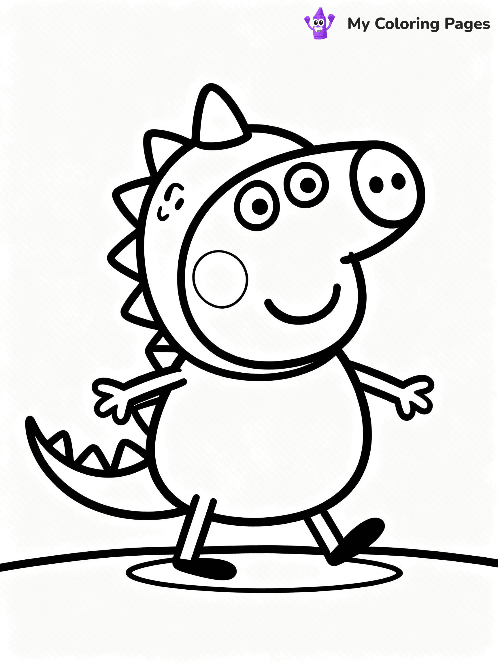 ⚠️ CRITICAL REQUIREMENT - ABSOLUTE BLACK AND WHITE ONLY ⚠️
This MUST be a BLACK AND WHITE line drawing ONLY. NO COLORS whatsoever.
- ONLY pure black lines (#000000) on pure white background (#FFFFFF)
- ABSOLUTELY NO colors, NO shading, NO gradients, NO grayscale
- If there are ANY colors in the output, the image is REJECTED
- This is a COLORING PAGE - meant to be COLORED IN by children
- The output must be UNCOLORED line art ready for coloring
⚠️ SUBJECT TO DRAW: George Pig from Peppa Pig dressed as a dinosaur, tail wagging, playful stance. Important: PURE OUTLINES. NO FILLS, COLOR, SHADING, OR GREYSCALE. WHITE BACKGROUND.
(REMEMBER: Output must be BLACK AND WHITE line art only, NOT colored!)
# Flat, Friendly Cartoon Line-Art Coloring Page
You are generating a **pure black-and-white binary image** of a child-friendly cartoon scene combining characters and background scenery in one cohesive composition.
## Rendering Rules (Strict)
- Only two colors: pure black (#000000) outlines and pure white (#FFFFFF) background.
- No grayscale, shading, gradients, tints, fills, transparency, or partial pixels.
- No antialiasing or blended edges; every pixel is 100% black or white.
- No solid black fills inside shapes — all areas inside outlines must remain white.
- No dark clothing areas or filled tone blocks; all garments outlined only.
- No shadows, textures, lighting, or tonal variations.
- Must look like flat binary vector line-art for coloring pages.
## Drawing & Composition
- **Medium, consistent line weight**; clean closed outlines easy to color inside.
- **Flat, simple, child-friendly design** — no realism or 3D depth.
- Characters are **grounded on a surface**, centered and large.
- **Balanced composition** with clear silhouettes and minimal props.
## Scenery & Style
- Landmarks (e.g., mosque, CN Tower) and scenery (trees, benches, waves) drawn with **black outlines only.**
- For real-world figures, teams, or places, show accurate details using only black outlines—no text or logos. Use distinctive uniform patterns, abstract symbols, and landmark silhouettes to convey identity.
- Keep **consistent perspective**; no floating elements.
- **Style:** whimsical **Doodle Art Alley** — rounded, friendly outlines.
- May adapt shapes from **Crayola, Disney, Peppa Pig, Cocomelon** — *by shape only, never color.*
- Final output: **flat, crisp, binary (#000000/#FFFFFF)**, **no filled color or background text.**
EXTREMELYE IMPORTANT:
- PURE BINARY LINE-ART; NO FILLS (HAIR/CLOTHES/SKIN), SHADING, OR GREY.
- NO SHADING, COLOR. MUST BE WHITE BACKGROUND.
⚠️ FINAL REMINDER: Draw the subject "George Pig from Peppa Pig dressed as a dinosaur, tail wagging, playful stance. Important: PURE OUTLINES. NO FILLS, COLOR, SHADING, OR GREYSCALE. WHITE BACKGROUND." as BLACK AND WHITE line art. Zero colors in output.