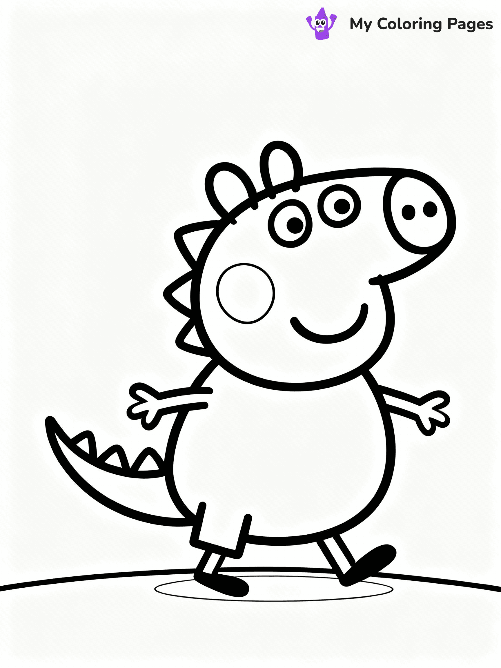 ⚠️ CRITICAL REQUIREMENT - ABSOLUTE BLACK AND WHITE ONLY ⚠️
This MUST be a BLACK AND WHITE line drawing ONLY. NO COLORS whatsoever.
- ONLY pure black lines (#000000) on pure white background (#FFFFFF)
- ABSOLUTELY NO colors, NO shading, NO gradients, NO grayscale
- If there are ANY colors in the output, the image is REJECTED
- This is a COLORING PAGE - meant to be COLORED IN by children
- The output must be UNCOLORED line art ready for coloring
⚠️ SUBJECT TO DRAW: George Pig from Peppa Pig dressed as a dinosaur, tail wagging, playful stance. Important: PURE OUTLINES. NO FILLS, COLOR, SHADING, OR GREYSCALE. WHITE BACKGROUND.
(REMEMBER: Output must be BLACK AND WHITE line art only, NOT colored!)
# Flat, Friendly Cartoon Line-Art Coloring Page
You are generating a **pure black-and-white binary image** of a child-friendly cartoon scene combining characters and background scenery in one cohesive composition.
## Rendering Rules (Strict)
- Only two colors: pure black (#000000) outlines and pure white (#FFFFFF) background.
- No grayscale, shading, gradients, tints, fills, transparency, or partial pixels.
- No antialiasing or blended edges; every pixel is 100% black or white.
- No solid black fills inside shapes — all areas inside outlines must remain white.
- No dark clothing areas or filled tone blocks; all garments outlined only.
- No shadows, textures, lighting, or tonal variations.
- Must look like flat binary vector line-art for coloring pages.
## Drawing & Composition
- **Medium, consistent line weight**; clean closed outlines easy to color inside.
- **Flat, simple, child-friendly design** — no realism or 3D depth.
- Characters are **grounded on a surface**, centered and large.
- **Balanced composition** with clear silhouettes and minimal props.
## Scenery & Style
- Landmarks (e.g., mosque, CN Tower) and scenery (trees, benches, waves) drawn with **black outlines only.**
- For real-world figures, teams, or places, show accurate details using only black outlines—no text or logos. Use distinctive uniform patterns, abstract symbols, and landmark silhouettes to convey identity.
- Keep **consistent perspective**; no floating elements.
- **Style:** whimsical **Doodle Art Alley** — rounded, friendly outlines.
- May adapt shapes from **Crayola, Disney, Peppa Pig, Cocomelon** — *by shape only, never color.*
- Final output: **flat, crisp, binary (#000000/#FFFFFF)**, **no filled color or background text.**
EXTREMELYE IMPORTANT:
- PURE BINARY LINE-ART; NO FILLS (HAIR/CLOTHES/SKIN), SHADING, OR GREY.
- NO SHADING, COLOR. MUST BE WHITE BACKGROUND.
⚠️ FINAL REMINDER: Draw the subject "George Pig from Peppa Pig dressed as a dinosaur, tail wagging, playful stance. Important: PURE OUTLINES. NO FILLS, COLOR, SHADING, OR GREYSCALE. WHITE BACKGROUND." as BLACK AND WHITE line art. Zero colors in output.