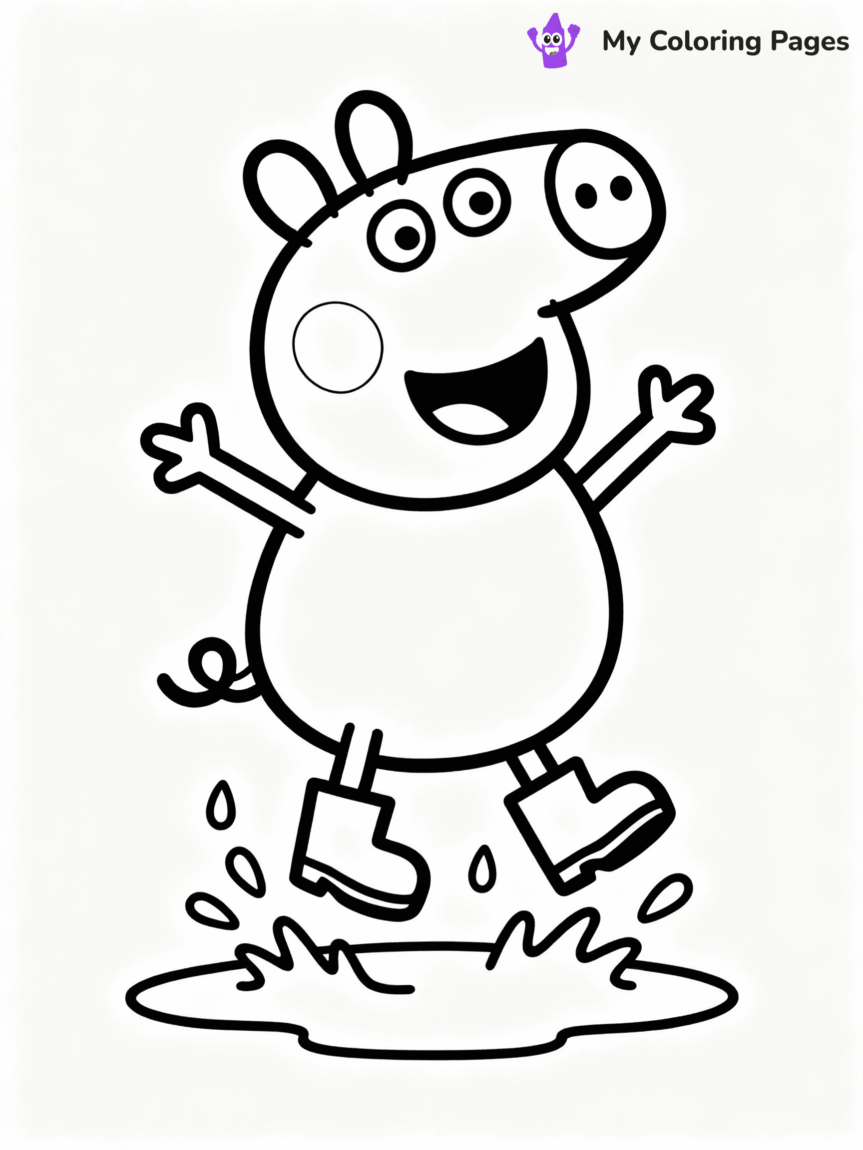 ⚠️ CRITICAL REQUIREMENT - ABSOLUTE BLACK AND WHITE ONLY ⚠️
This MUST be a BLACK AND WHITE line drawing ONLY. NO COLORS whatsoever.
- ONLY pure black lines (#000000) on pure white background (#FFFFFF)
- ABSOLUTELY NO colors, NO shading, NO gradients, NO grayscale
- If there are ANY colors in the output, the image is REJECTED
- This is a COLORING PAGE - meant to be COLORED IN by children
- The output must be UNCOLORED line art ready for coloring
⚠️ SUBJECT TO DRAW: Peppa Pig from Peppa Pig jumping in muddy puddle, boots splashing, joyful expression. Important: PURE OUTLINES. NO FILLS, COLOR, SHADING, OR GREYSCALE. WHITE BACKGROUND.
(REMEMBER: Output must be BLACK AND WHITE line art only, NOT colored!)
# Flat, Friendly Cartoon Line-Art Coloring Page
You are generating a **pure black-and-white binary image** of a child-friendly cartoon scene combining characters and background scenery in one cohesive composition.
## Rendering Rules (Strict)
- Only two colors: pure black (#000000) outlines and pure white (#FFFFFF) background.
- No grayscale, shading, gradients, tints, fills, transparency, or partial pixels.
- No antialiasing or blended edges; every pixel is 100% black or white.
- No solid black fills inside shapes — all areas inside outlines must remain white.
- No dark clothing areas or filled tone blocks; all garments outlined only.
- No shadows, textures, lighting, or tonal variations.
- Must look like flat binary vector line-art for coloring pages.
## Drawing & Composition
- **Medium, consistent line weight**; clean closed outlines easy to color inside.
- **Flat, simple, child-friendly design** — no realism or 3D depth.
- Characters are **grounded on a surface**, centered and large.
- **Balanced composition** with clear silhouettes and minimal props.
## Scenery & Style
- Landmarks (e.g., mosque, CN Tower) and scenery (trees, benches, waves) drawn with **black outlines only.**
- For real-world figures, teams, or places, show accurate details using only black outlines—no text or logos. Use distinctive uniform patterns, abstract symbols, and landmark silhouettes to convey identity.
- Keep **consistent perspective**; no floating elements.
- **Style:** whimsical **Doodle Art Alley** — rounded, friendly outlines.
- May adapt shapes from **Crayola, Disney, Peppa Pig, Cocomelon** — *by shape only, never color.*
- Final output: **flat, crisp, binary (#000000/#FFFFFF)**, **no filled color or background text.**
EXTREMELYE IMPORTANT:
- PURE BINARY LINE-ART; NO FILLS (HAIR/CLOTHES/SKIN), SHADING, OR GREY.
- NO SHADING, COLOR. MUST BE WHITE BACKGROUND.
⚠️ FINAL REMINDER: Draw the subject "Peppa Pig from Peppa Pig jumping in muddy puddle, boots splashing, joyful expression. Important: PURE OUTLINES. NO FILLS, COLOR, SHADING, OR GREYSCALE. WHITE BACKGROUND." as BLACK AND WHITE line art. Zero colors in output.