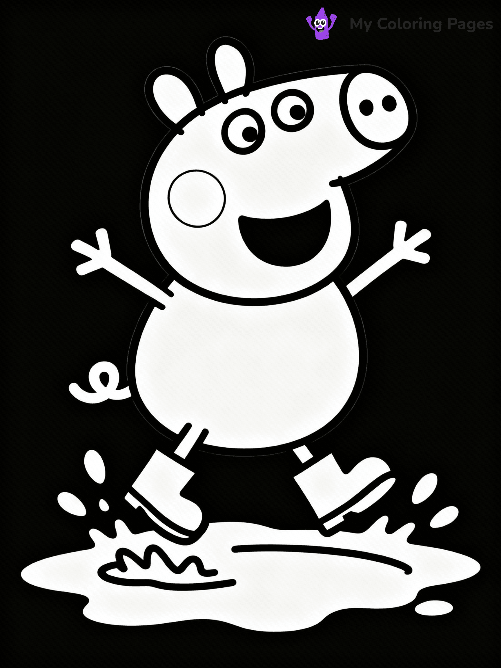 ⚠️ CRITICAL REQUIREMENT - ABSOLUTE BLACK AND WHITE ONLY ⚠️
This MUST be a BLACK AND WHITE line drawing ONLY. NO COLORS whatsoever.
- ONLY pure black lines (#000000) on pure white background (#FFFFFF)
- ABSOLUTELY NO colors, NO shading, NO gradients, NO grayscale
- If there are ANY colors in the output, the image is REJECTED
- This is a COLORING PAGE - meant to be COLORED IN by children
- The output must be UNCOLORED line art ready for coloring
⚠️ SUBJECT TO DRAW: Peppa Pig from Peppa Pig jumping in muddy puddle, boots splashing, joyful expression. Important: PURE OUTLINES. NO FILLS, COLOR, SHADING, OR GREYSCALE. WHITE BACKGROUND.
(REMEMBER: Output must be BLACK AND WHITE line art only, NOT colored!)
# Flat, Friendly Cartoon Line-Art Coloring Page
You are generating a **pure black-and-white binary image** of a child-friendly cartoon scene combining characters and background scenery in one cohesive composition.
## Rendering Rules (Strict)
- Only two colors: pure black (#000000) outlines and pure white (#FFFFFF) background.
- No grayscale, shading, gradients, tints, fills, transparency, or partial pixels.
- No antialiasing or blended edges; every pixel is 100% black or white.
- No solid black fills inside shapes — all areas inside outlines must remain white.
- No dark clothing areas or filled tone blocks; all garments outlined only.
- No shadows, textures, lighting, or tonal variations.
- Must look like flat binary vector line-art for coloring pages.
## Drawing & Composition
- **Medium, consistent line weight**; clean closed outlines easy to color inside.
- **Flat, simple, child-friendly design** — no realism or 3D depth.
- Characters are **grounded on a surface**, centered and large.
- **Balanced composition** with clear silhouettes and minimal props.
## Scenery & Style
- Landmarks (e.g., mosque, CN Tower) and scenery (trees, benches, waves) drawn with **black outlines only.**
- For real-world figures, teams, or places, show accurate details using only black outlines—no text or logos. Use distinctive uniform patterns, abstract symbols, and landmark silhouettes to convey identity.
- Keep **consistent perspective**; no floating elements.
- **Style:** whimsical **Doodle Art Alley** — rounded, friendly outlines.
- May adapt shapes from **Crayola, Disney, Peppa Pig, Cocomelon** — *by shape only, never color.*
- Final output: **flat, crisp, binary (#000000/#FFFFFF)**, **no filled color or background text.**
EXTREMELYE IMPORTANT:
- PURE BINARY LINE-ART; NO FILLS (HAIR/CLOTHES/SKIN), SHADING, OR GREY.
- NO SHADING, COLOR. MUST BE WHITE BACKGROUND.
⚠️ FINAL REMINDER: Draw the subject "Peppa Pig from Peppa Pig jumping in muddy puddle, boots splashing, joyful expression. Important: PURE OUTLINES. NO FILLS, COLOR, SHADING, OR GREYSCALE. WHITE BACKGROUND." as BLACK AND WHITE line art. Zero colors in output.