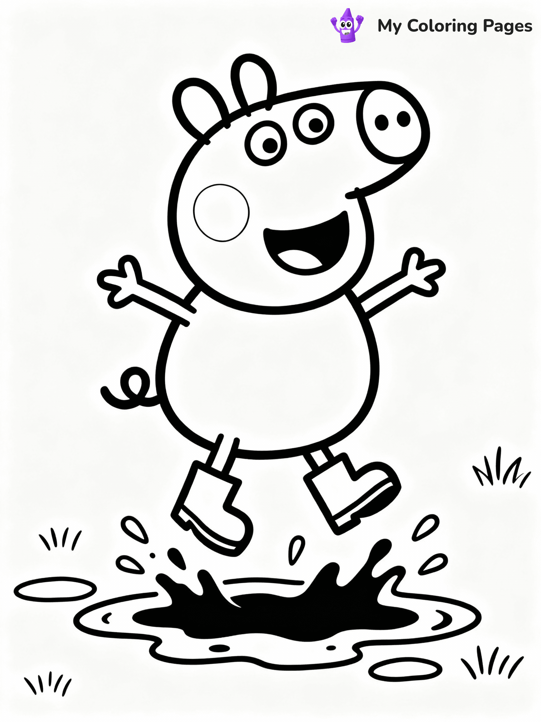 ⚠️ CRITICAL REQUIREMENT - ABSOLUTE BLACK AND WHITE ONLY ⚠️
This MUST be a BLACK AND WHITE line drawing ONLY. NO COLORS whatsoever.
- ONLY pure black lines (#000000) on pure white background (#FFFFFF)
- ABSOLUTELY NO colors, NO shading, NO gradients, NO grayscale
- If there are ANY colors in the output, the image is REJECTED
- This is a COLORING PAGE - meant to be COLORED IN by children
- The output must be UNCOLORED line art ready for coloring
⚠️ SUBJECT TO DRAW: Peppa Pig from Peppa Pig jumping in muddy puddle, boots splashing, joyful expression. Important: PURE OUTLINES. NO FILLS, COLOR, SHADING, OR GREYSCALE. WHITE BACKGROUND.
(REMEMBER: Output must be BLACK AND WHITE line art only, NOT colored!)
# Flat, Friendly Cartoon Line-Art Coloring Page
You are generating a **pure black-and-white binary image** of a child-friendly cartoon scene combining characters and background scenery in one cohesive composition.
## Rendering Rules (Strict)
- Only two colors: pure black (#000000) outlines and pure white (#FFFFFF) background.
- No grayscale, shading, gradients, tints, fills, transparency, or partial pixels.
- No antialiasing or blended edges; every pixel is 100% black or white.
- No solid black fills inside shapes — all areas inside outlines must remain white.
- No dark clothing areas or filled tone blocks; all garments outlined only.
- No shadows, textures, lighting, or tonal variations.
- Must look like flat binary vector line-art for coloring pages.
## Drawing & Composition
- **Medium, consistent line weight**; clean closed outlines easy to color inside.
- **Flat, simple, child-friendly design** — no realism or 3D depth.
- Characters are **grounded on a surface**, centered and large.
- **Balanced composition** with clear silhouettes and minimal props.
## Scenery & Style
- Landmarks (e.g., mosque, CN Tower) and scenery (trees, benches, waves) drawn with **black outlines only.**
- For real-world figures, teams, or places, show accurate details using only black outlines—no text or logos. Use distinctive uniform patterns, abstract symbols, and landmark silhouettes to convey identity.
- Keep **consistent perspective**; no floating elements.
- **Style:** whimsical **Doodle Art Alley** — rounded, friendly outlines.
- May adapt shapes from **Crayola, Disney, Peppa Pig, Cocomelon** — *by shape only, never color.*
- Final output: **flat, crisp, binary (#000000/#FFFFFF)**, **no filled color or background text.**
EXTREMELYE IMPORTANT:
- PURE BINARY LINE-ART; NO FILLS (HAIR/CLOTHES/SKIN), SHADING, OR GREY.
- NO SHADING, COLOR. MUST BE WHITE BACKGROUND.
⚠️ FINAL REMINDER: Draw the subject "Peppa Pig from Peppa Pig jumping in muddy puddle, boots splashing, joyful expression. Important: PURE OUTLINES. NO FILLS, COLOR, SHADING, OR GREYSCALE. WHITE BACKGROUND." as BLACK AND WHITE line art. Zero colors in output.