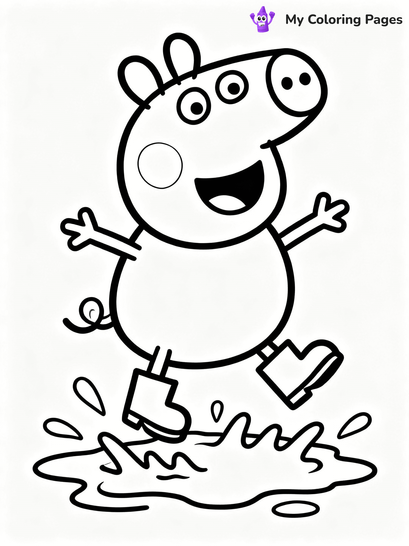 ⚠️ CRITICAL REQUIREMENT - ABSOLUTE BLACK AND WHITE ONLY ⚠️
This MUST be a BLACK AND WHITE line drawing ONLY. NO COLORS whatsoever.
- ONLY pure black lines (#000000) on pure white background (#FFFFFF)
- ABSOLUTELY NO colors, NO shading, NO gradients, NO grayscale
- If there are ANY colors in the output, the image is REJECTED
- This is a COLORING PAGE - meant to be COLORED IN by children
- The output must be UNCOLORED line art ready for coloring
⚠️ SUBJECT TO DRAW: Peppa Pig from Peppa Pig jumping in muddy puddle, boots splashing, joyful expression. Important: PURE OUTLINES. NO FILLS, COLOR, SHADING, OR GREYSCALE. WHITE BACKGROUND.
(REMEMBER: Output must be BLACK AND WHITE line art only, NOT colored!)
# Flat, Friendly Cartoon Line-Art Coloring Page
You are generating a **pure black-and-white binary image** of a child-friendly cartoon scene combining characters and background scenery in one cohesive composition.
## Rendering Rules (Strict)
- Only two colors: pure black (#000000) outlines and pure white (#FFFFFF) background.
- No grayscale, shading, gradients, tints, fills, transparency, or partial pixels.
- No antialiasing or blended edges; every pixel is 100% black or white.
- No solid black fills inside shapes — all areas inside outlines must remain white.
- No dark clothing areas or filled tone blocks; all garments outlined only.
- No shadows, textures, lighting, or tonal variations.
- Must look like flat binary vector line-art for coloring pages.
## Drawing & Composition
- **Medium, consistent line weight**; clean closed outlines easy to color inside.
- **Flat, simple, child-friendly design** — no realism or 3D depth.
- Characters are **grounded on a surface**, centered and large.
- **Balanced composition** with clear silhouettes and minimal props.
## Scenery & Style
- Landmarks (e.g., mosque, CN Tower) and scenery (trees, benches, waves) drawn with **black outlines only.**
- For real-world figures, teams, or places, show accurate details using only black outlines—no text or logos. Use distinctive uniform patterns, abstract symbols, and landmark silhouettes to convey identity.
- Keep **consistent perspective**; no floating elements.
- **Style:** whimsical **Doodle Art Alley** — rounded, friendly outlines.
- May adapt shapes from **Crayola, Disney, Peppa Pig, Cocomelon** — *by shape only, never color.*
- Final output: **flat, crisp, binary (#000000/#FFFFFF)**, **no filled color or background text.**
EXTREMELYE IMPORTANT:
- PURE BINARY LINE-ART; NO FILLS (HAIR/CLOTHES/SKIN), SHADING, OR GREY.
- NO SHADING, COLOR. MUST BE WHITE BACKGROUND.
⚠️ FINAL REMINDER: Draw the subject "Peppa Pig from Peppa Pig jumping in muddy puddle, boots splashing, joyful expression. Important: PURE OUTLINES. NO FILLS, COLOR, SHADING, OR GREYSCALE. WHITE BACKGROUND." as BLACK AND WHITE line art. Zero colors in output.