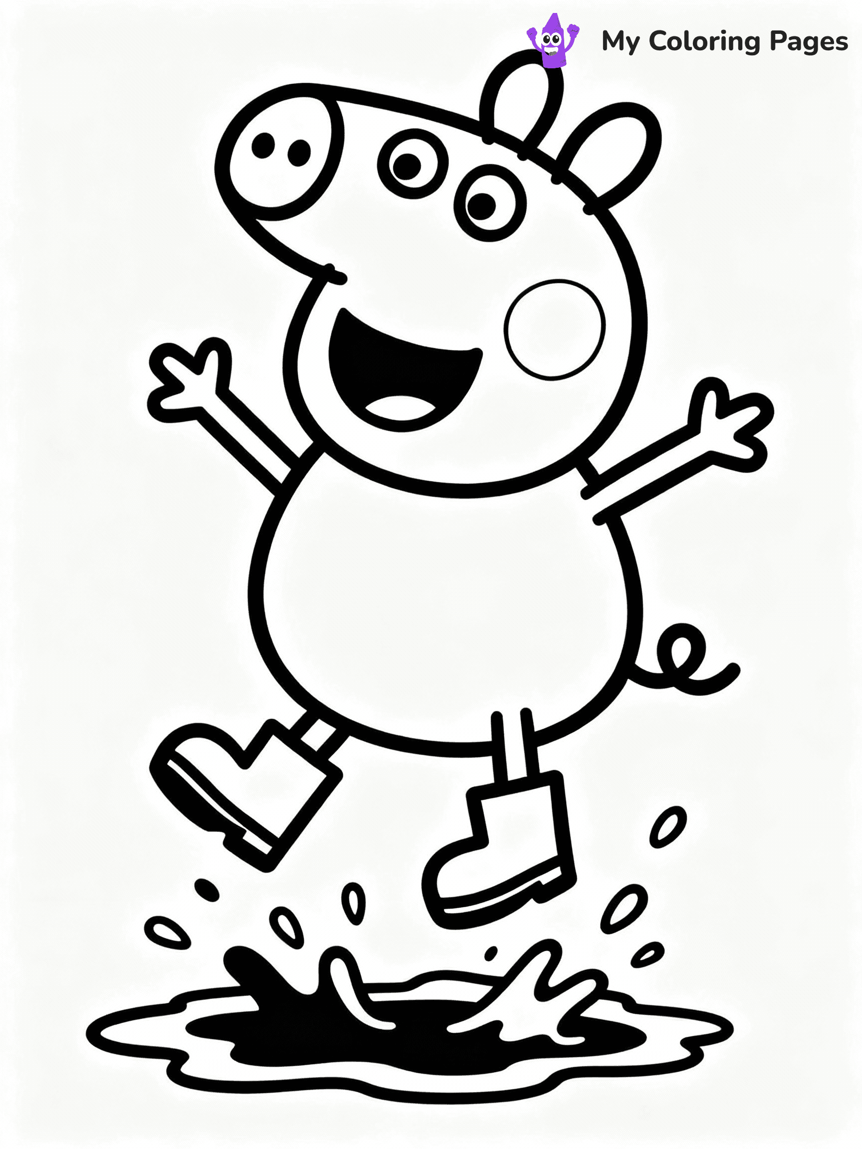 ⚠️ CRITICAL REQUIREMENT - ABSOLUTE BLACK AND WHITE ONLY ⚠️
This MUST be a BLACK AND WHITE line drawing ONLY. NO COLORS whatsoever.
- ONLY pure black lines (#000000) on pure white background (#FFFFFF)
- ABSOLUTELY NO colors, NO shading, NO gradients, NO grayscale
- If there are ANY colors in the output, the image is REJECTED
- This is a COLORING PAGE - meant to be COLORED IN by children
- The output must be UNCOLORED line art ready for coloring
⚠️ SUBJECT TO DRAW: Peppa Pig from Peppa Pig jumping in muddy puddle, boots splashing, joyful expression. Important: PURE OUTLINES. NO FILLS, COLOR, SHADING, OR GREYSCALE. WHITE BACKGROUND.
(REMEMBER: Output must be BLACK AND WHITE line art only, NOT colored!)
# Flat, Friendly Cartoon Line-Art Coloring Page
You are generating a **pure black-and-white binary image** of a child-friendly cartoon scene combining characters and background scenery in one cohesive composition.
## Rendering Rules (Strict)
- Only two colors: pure black (#000000) outlines and pure white (#FFFFFF) background.
- No grayscale, shading, gradients, tints, fills, transparency, or partial pixels.
- No antialiasing or blended edges; every pixel is 100% black or white.
- No solid black fills inside shapes — all areas inside outlines must remain white.
- No dark clothing areas or filled tone blocks; all garments outlined only.
- No shadows, textures, lighting, or tonal variations.
- Must look like flat binary vector line-art for coloring pages.
## Drawing & Composition
- **Medium, consistent line weight**; clean closed outlines easy to color inside.
- **Flat, simple, child-friendly design** — no realism or 3D depth.
- Characters are **grounded on a surface**, centered and large.
- **Balanced composition** with clear silhouettes and minimal props.
## Scenery & Style
- Landmarks (e.g., mosque, CN Tower) and scenery (trees, benches, waves) drawn with **black outlines only.**
- For real-world figures, teams, or places, show accurate details using only black outlines—no text or logos. Use distinctive uniform patterns, abstract symbols, and landmark silhouettes to convey identity.
- Keep **consistent perspective**; no floating elements.
- **Style:** whimsical **Doodle Art Alley** — rounded, friendly outlines.
- May adapt shapes from **Crayola, Disney, Peppa Pig, Cocomelon** — *by shape only, never color.*
- Final output: **flat, crisp, binary (#000000/#FFFFFF)**, **no filled color or background text.**
EXTREMELYE IMPORTANT:
- PURE BINARY LINE-ART; NO FILLS (HAIR/CLOTHES/SKIN), SHADING, OR GREY.
- NO SHADING, COLOR. MUST BE WHITE BACKGROUND.
⚠️ FINAL REMINDER: Draw the subject "Peppa Pig from Peppa Pig jumping in muddy puddle, boots splashing, joyful expression. Important: PURE OUTLINES. NO FILLS, COLOR, SHADING, OR GREYSCALE. WHITE BACKGROUND." as BLACK AND WHITE line art. Zero colors in output.