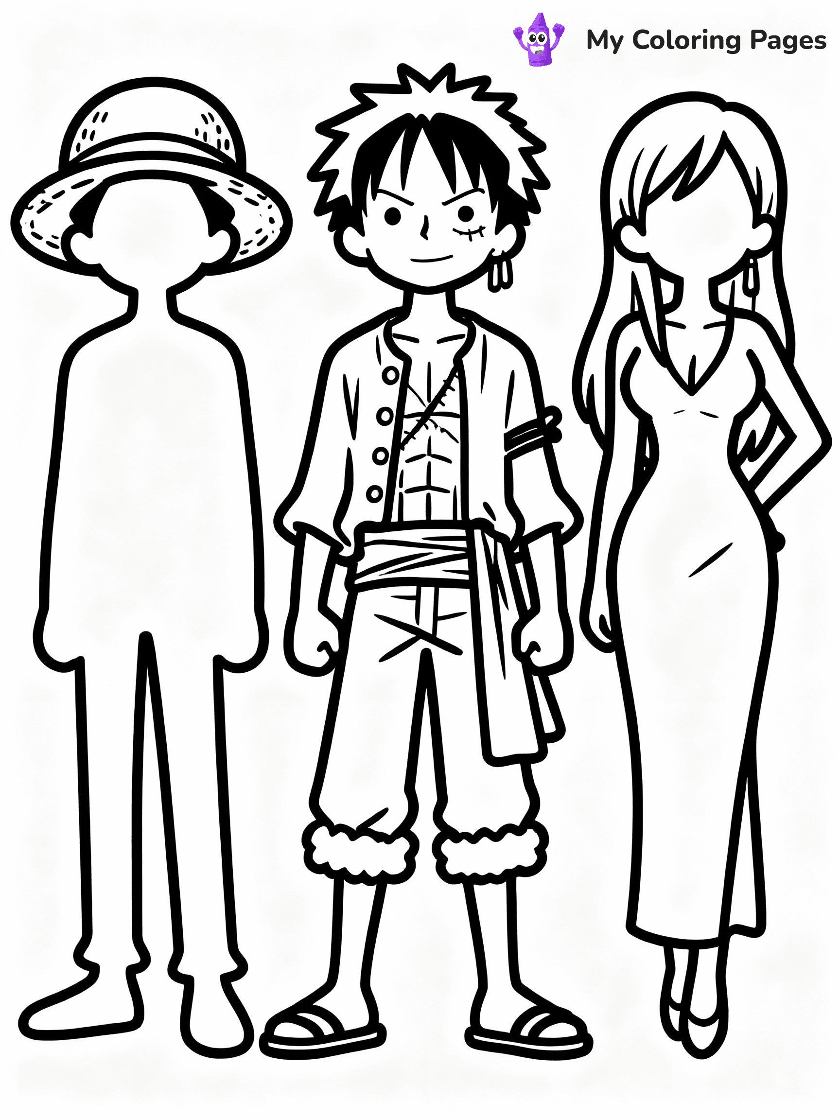 ⚠️ CRITICAL REQUIREMENT - ABSOLUTE BLACK AND WHITE ONLY ⚠️
This MUST be a BLACK AND WHITE line drawing ONLY. NO COLORS whatsoever.
- ONLY pure black lines (#000000) on pure white background (#FFFFFF)
- ABSOLUTELY NO colors, NO shading, NO gradients, NO grayscale
- If there are ANY colors in the output, the image is REJECTED
- This is a COLORING PAGE - meant to be COLORED IN by children
- The output must be UNCOLORED line art ready for coloring
⚠️ SUBJECT TO DRAW: one piece anime characters
(REMEMBER: Output must be BLACK AND WHITE line art only, NOT colored!)
# COLORING PAGE: BLACK OUTLINES ONLY - WHITE BACKGROUND MANDATORY
Create a **coloring book page** using EXACTLY two values: black lines, white space.
## NON-NEGOTIABLE BINARY RULES
- **ONLY #000000 (black) and #FFFFFF (white)** - NO other values exist
- **EVERY PIXEL = BLACK OR WHITE** - no gray/shading/antialiasing
- **WHITE BACKGROUND MANDATORY** - entire canvas stays white
- **ALL SHAPES HOLLOW** - everything is empty outlines waiting to be colored
- **FORBIDDEN:** fills, shading, gradients, patterns, textures, colors
- **NO SOLID REGIONS** - if it's not a thin line, it's wrong
## Universal Line Standards
- Black outlines ONLY - thin, uniform weight
- Every shape completely empty inside
- Closed contours suitable for coloring
- Simple flat illustration - zero depth/3D/realism
- **Style:** Whimsical Doodle Art Alley - rounded, friendly outlines (unless specified)
## Everything = Outline Only
- Characters/animals: hollow shapes
- Objects/clothing: empty contours
- Backgrounds/scenery: line work only
- Natural elements: outlined forms
- Dark/night areas: don't exist (use outlined symbols)
- Textures/patterns: convert to simple lines
## The Test
Can a child color EVERY white space with crayons? If any area is pre-filled/shaded/gray or colored in, it FAILS. Every shape must be waiting to receive color.
**FINAL OUTPUT**: Binary coloring page. Black lines define shapes. White spaces ready for coloring. Nothing else exists. No exceptions. Print-ready.
⚠️ FINAL REMINDER: Draw the subject "one piece anime characters" as BLACK AND WHITE line art. Zero colors in output.