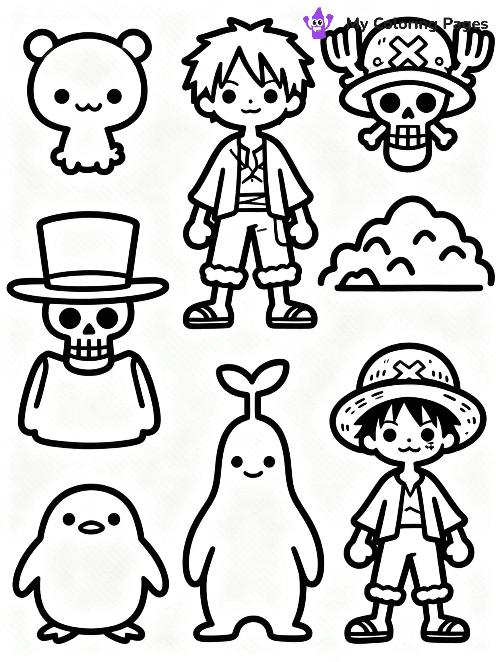 ⚠️ CRITICAL REQUIREMENT - ABSOLUTE BLACK AND WHITE ONLY ⚠️
This MUST be a BLACK AND WHITE line drawing ONLY. NO COLORS whatsoever.
- ONLY pure black lines (#000000) on pure white background (#FFFFFF)
- ABSOLUTELY NO colors, NO shading, NO gradients, NO grayscale
- If there are ANY colors in the output, the image is REJECTED
- This is a COLORING PAGE - meant to be COLORED IN by children
- The output must be UNCOLORED line art ready for coloring
⚠️ SUBJECT TO DRAW: one piece anime characters
(REMEMBER: Output must be BLACK AND WHITE line art only, NOT colored!)
# COLORING PAGE: BLACK OUTLINES ONLY - WHITE BACKGROUND MANDATORY
Create a **coloring book page** using EXACTLY two values: black lines, white space.
## NON-NEGOTIABLE BINARY RULES
- **ONLY #000000 (black) and #FFFFFF (white)** - NO other values exist
- **EVERY PIXEL = BLACK OR WHITE** - no gray/shading/antialiasing
- **WHITE BACKGROUND MANDATORY** - entire canvas stays white
- **ALL SHAPES HOLLOW** - everything is empty outlines waiting to be colored
- **FORBIDDEN:** fills, shading, gradients, patterns, textures, colors
- **NO SOLID REGIONS** - if it's not a thin line, it's wrong
## Universal Line Standards
- Black outlines ONLY - thin, uniform weight
- Every shape completely empty inside
- Closed contours suitable for coloring
- Simple flat illustration - zero depth/3D/realism
- **Style:** Whimsical Doodle Art Alley - rounded, friendly outlines (unless specified)
## Everything = Outline Only
- Characters/animals: hollow shapes
- Objects/clothing: empty contours
- Backgrounds/scenery: line work only
- Natural elements: outlined forms
- Dark/night areas: don't exist (use outlined symbols)
- Textures/patterns: convert to simple lines
## The Test
Can a child color EVERY white space with crayons? If any area is pre-filled/shaded/gray or colored in, it FAILS. Every shape must be waiting to receive color.
**FINAL OUTPUT**: Binary coloring page. Black lines define shapes. White spaces ready for coloring. Nothing else exists. No exceptions. Print-ready.
⚠️ FINAL REMINDER: Draw the subject "one piece anime characters" as BLACK AND WHITE line art. Zero colors in output.