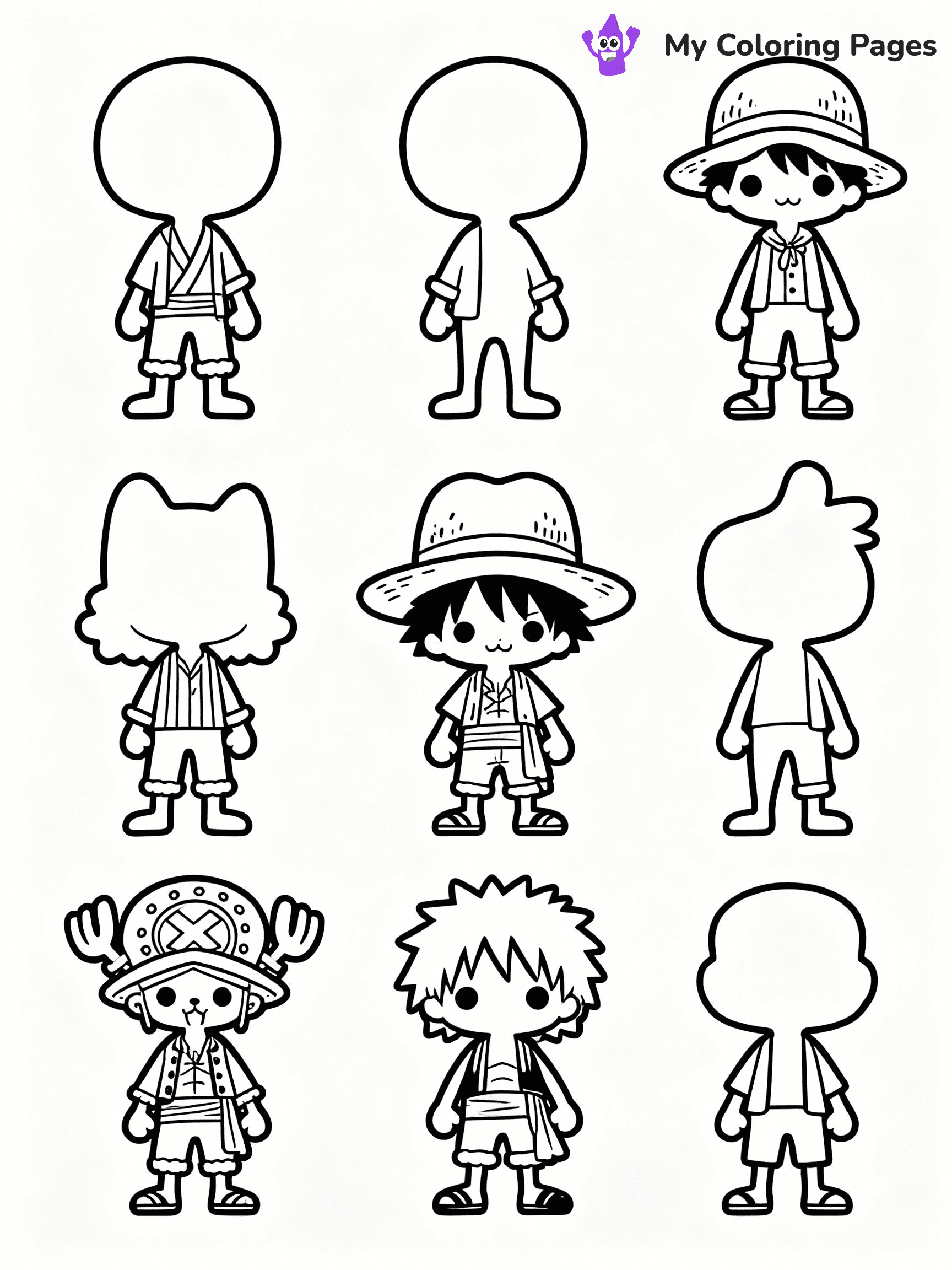 ⚠️ CRITICAL REQUIREMENT - ABSOLUTE BLACK AND WHITE ONLY ⚠️
This MUST be a BLACK AND WHITE line drawing ONLY. NO COLORS whatsoever.
- ONLY pure black lines (#000000) on pure white background (#FFFFFF)
- ABSOLUTELY NO colors, NO shading, NO gradients, NO grayscale
- If there are ANY colors in the output, the image is REJECTED
- This is a COLORING PAGE - meant to be COLORED IN by children
- The output must be UNCOLORED line art ready for coloring
⚠️ SUBJECT TO DRAW: one piece anime characters
(REMEMBER: Output must be BLACK AND WHITE line art only, NOT colored!)
# COLORING PAGE: BLACK OUTLINES ONLY - WHITE BACKGROUND MANDATORY
Create a **coloring book page** using EXACTLY two values: black lines, white space.
## NON-NEGOTIABLE BINARY RULES
- **ONLY #000000 (black) and #FFFFFF (white)** - NO other values exist
- **EVERY PIXEL = BLACK OR WHITE** - no gray/shading/antialiasing
- **WHITE BACKGROUND MANDATORY** - entire canvas stays white
- **ALL SHAPES HOLLOW** - everything is empty outlines waiting to be colored
- **FORBIDDEN:** fills, shading, gradients, patterns, textures, colors
- **NO SOLID REGIONS** - if it's not a thin line, it's wrong
## Universal Line Standards
- Black outlines ONLY - thin, uniform weight
- Every shape completely empty inside
- Closed contours suitable for coloring
- Simple flat illustration - zero depth/3D/realism
- **Style:** Whimsical Doodle Art Alley - rounded, friendly outlines (unless specified)
## Everything = Outline Only
- Characters/animals: hollow shapes
- Objects/clothing: empty contours
- Backgrounds/scenery: line work only
- Natural elements: outlined forms
- Dark/night areas: don't exist (use outlined symbols)
- Textures/patterns: convert to simple lines
## The Test
Can a child color EVERY white space with crayons? If any area is pre-filled/shaded/gray or colored in, it FAILS. Every shape must be waiting to receive color.
**FINAL OUTPUT**: Binary coloring page. Black lines define shapes. White spaces ready for coloring. Nothing else exists. No exceptions. Print-ready.
⚠️ FINAL REMINDER: Draw the subject "one piece anime characters" as BLACK AND WHITE line art. Zero colors in output.