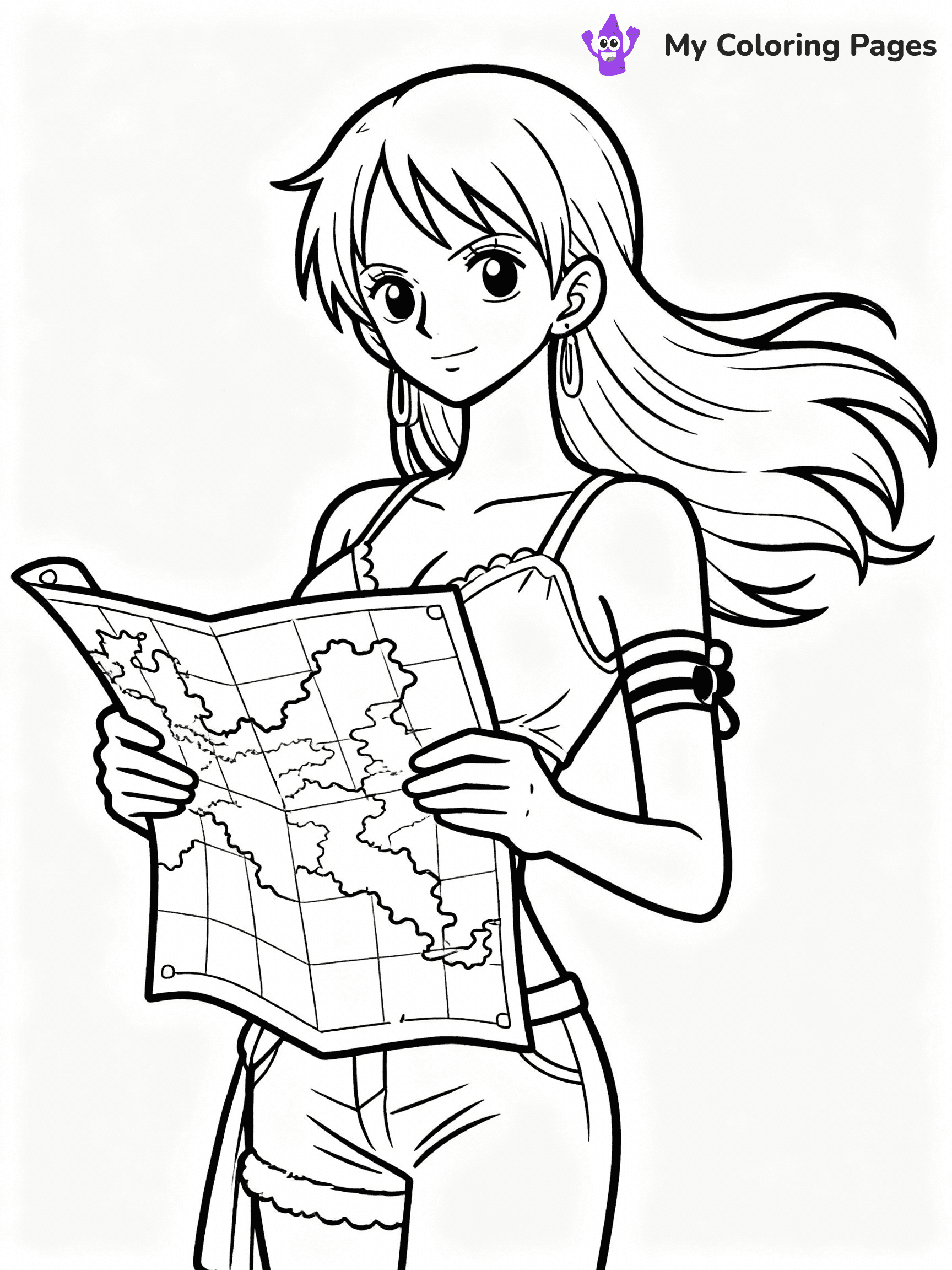 ⚠️ CRITICAL REQUIREMENT - ABSOLUTE BLACK AND WHITE ONLY ⚠️
This MUST be a BLACK AND WHITE line drawing ONLY. NO COLORS whatsoever.
- ONLY pure black lines (#000000) on pure white background (#FFFFFF)
- ABSOLUTELY NO colors, NO shading, NO gradients, NO grayscale
- If there are ANY colors in the output, the image is REJECTED
- This is a COLORING PAGE - meant to be COLORED IN by children
- The output must be UNCOLORED line art ready for coloring
⚠️ SUBJECT TO DRAW: Nami from One Piece in One Piece animation style, holding a map, wind blowing her hair back
(REMEMBER: Output must be BLACK AND WHITE line art only, NOT colored!)
# COLORING PAGE: BLACK OUTLINES ONLY - WHITE BACKGROUND MANDATORY
Create a **coloring book page** using EXACTLY two values: black lines, white space.
## NON-NEGOTIABLE BINARY RULES
- **ONLY #000000 (black) and #FFFFFF (white)** - NO other values exist
- **EVERY PIXEL = BLACK OR WHITE** - no gray/shading/antialiasing
- **WHITE BACKGROUND MANDATORY** - entire canvas stays white
- **ALL SHAPES HOLLOW** - everything is empty outlines waiting to be colored
- **FORBIDDEN:** fills, shading, gradients, patterns, textures, colors
- **NO SOLID REGIONS** - if it's not a thin line, it's wrong
## Universal Line Standards
- Black outlines ONLY - thin, uniform weight
- Every shape completely empty inside
- Closed contours suitable for coloring
- Simple flat illustration - zero depth/3D/realism
- **Style:** Whimsical Doodle Art Alley - rounded, friendly outlines (unless specified)
## Everything = Outline Only
- Characters/animals: hollow shapes
- Objects/clothing: empty contours
- Backgrounds/scenery: line work only
- Natural elements: outlined forms
- Dark/night areas: don't exist (use outlined symbols)
- Textures/patterns: convert to simple lines
## The Test
Can a child color EVERY white space with crayons? If any area is pre-filled/shaded/gray or colored in, it FAILS. Every shape must be waiting to receive color.
**FINAL OUTPUT**: Binary coloring page. Black lines define shapes. White spaces ready for coloring. Nothing else exists. No exceptions. Print-ready.
⚠️ FINAL REMINDER: Draw the subject "Nami from One Piece in One Piece animation style, holding a map, wind blowing her hair back" as BLACK AND WHITE line art. Zero colors in output.