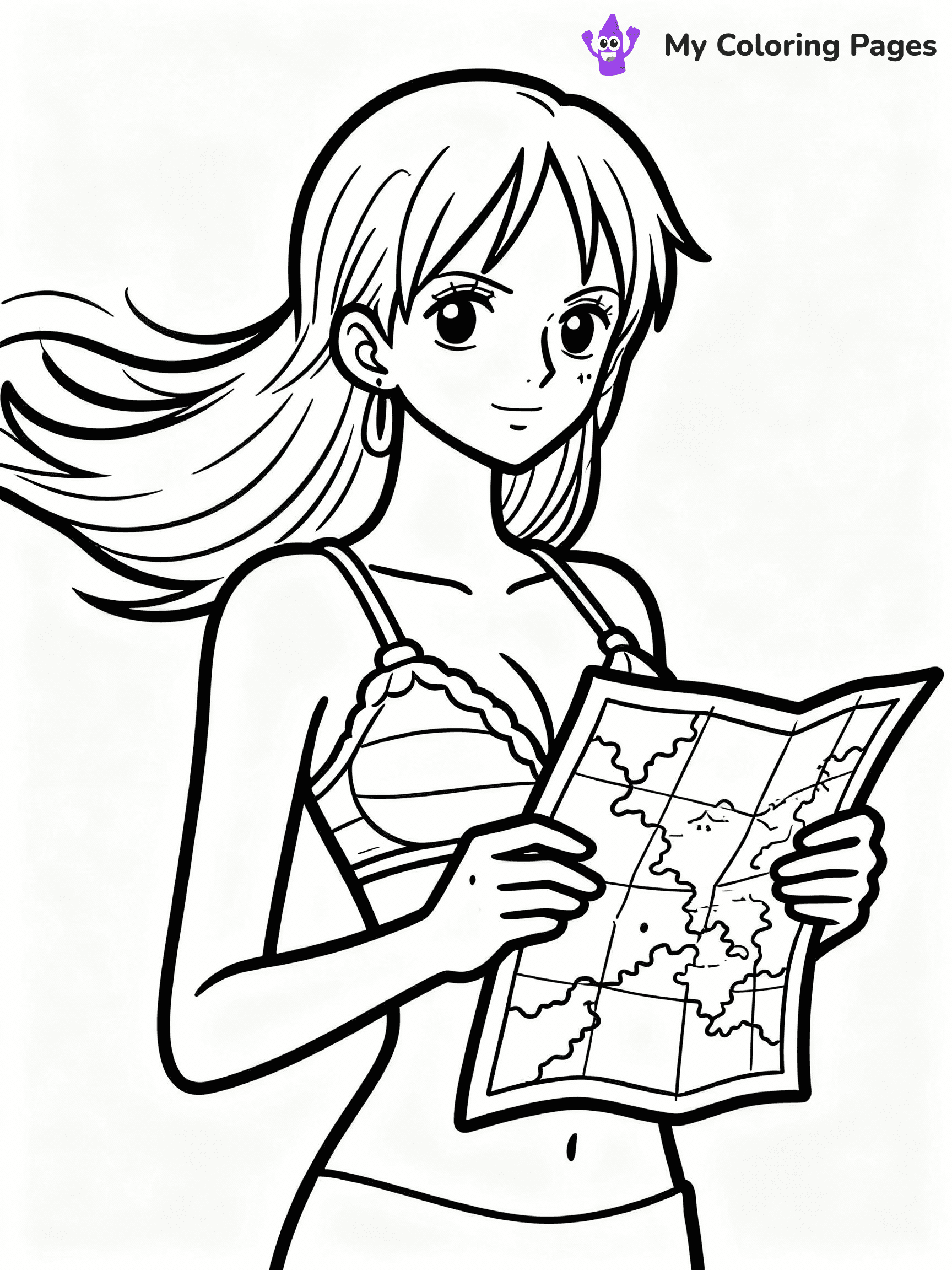 ⚠️ CRITICAL REQUIREMENT - ABSOLUTE BLACK AND WHITE ONLY ⚠️
This MUST be a BLACK AND WHITE line drawing ONLY. NO COLORS whatsoever.
- ONLY pure black lines (#000000) on pure white background (#FFFFFF)
- ABSOLUTELY NO colors, NO shading, NO gradients, NO grayscale
- If there are ANY colors in the output, the image is REJECTED
- This is a COLORING PAGE - meant to be COLORED IN by children
- The output must be UNCOLORED line art ready for coloring
⚠️ SUBJECT TO DRAW: Nami from One Piece in One Piece animation style, holding a map, wind blowing her hair back
(REMEMBER: Output must be BLACK AND WHITE line art only, NOT colored!)
# COLORING PAGE: BLACK OUTLINES ONLY - WHITE BACKGROUND MANDATORY
Create a **coloring book page** using EXACTLY two values: black lines, white space.
## NON-NEGOTIABLE BINARY RULES
- **ONLY #000000 (black) and #FFFFFF (white)** - NO other values exist
- **EVERY PIXEL = BLACK OR WHITE** - no gray/shading/antialiasing
- **WHITE BACKGROUND MANDATORY** - entire canvas stays white
- **ALL SHAPES HOLLOW** - everything is empty outlines waiting to be colored
- **FORBIDDEN:** fills, shading, gradients, patterns, textures, colors
- **NO SOLID REGIONS** - if it's not a thin line, it's wrong
## Universal Line Standards
- Black outlines ONLY - thin, uniform weight
- Every shape completely empty inside
- Closed contours suitable for coloring
- Simple flat illustration - zero depth/3D/realism
- **Style:** Whimsical Doodle Art Alley - rounded, friendly outlines (unless specified)
## Everything = Outline Only
- Characters/animals: hollow shapes
- Objects/clothing: empty contours
- Backgrounds/scenery: line work only
- Natural elements: outlined forms
- Dark/night areas: don't exist (use outlined symbols)
- Textures/patterns: convert to simple lines
## The Test
Can a child color EVERY white space with crayons? If any area is pre-filled/shaded/gray or colored in, it FAILS. Every shape must be waiting to receive color.
**FINAL OUTPUT**: Binary coloring page. Black lines define shapes. White spaces ready for coloring. Nothing else exists. No exceptions. Print-ready.
⚠️ FINAL REMINDER: Draw the subject "Nami from One Piece in One Piece animation style, holding a map, wind blowing her hair back" as BLACK AND WHITE line art. Zero colors in output.