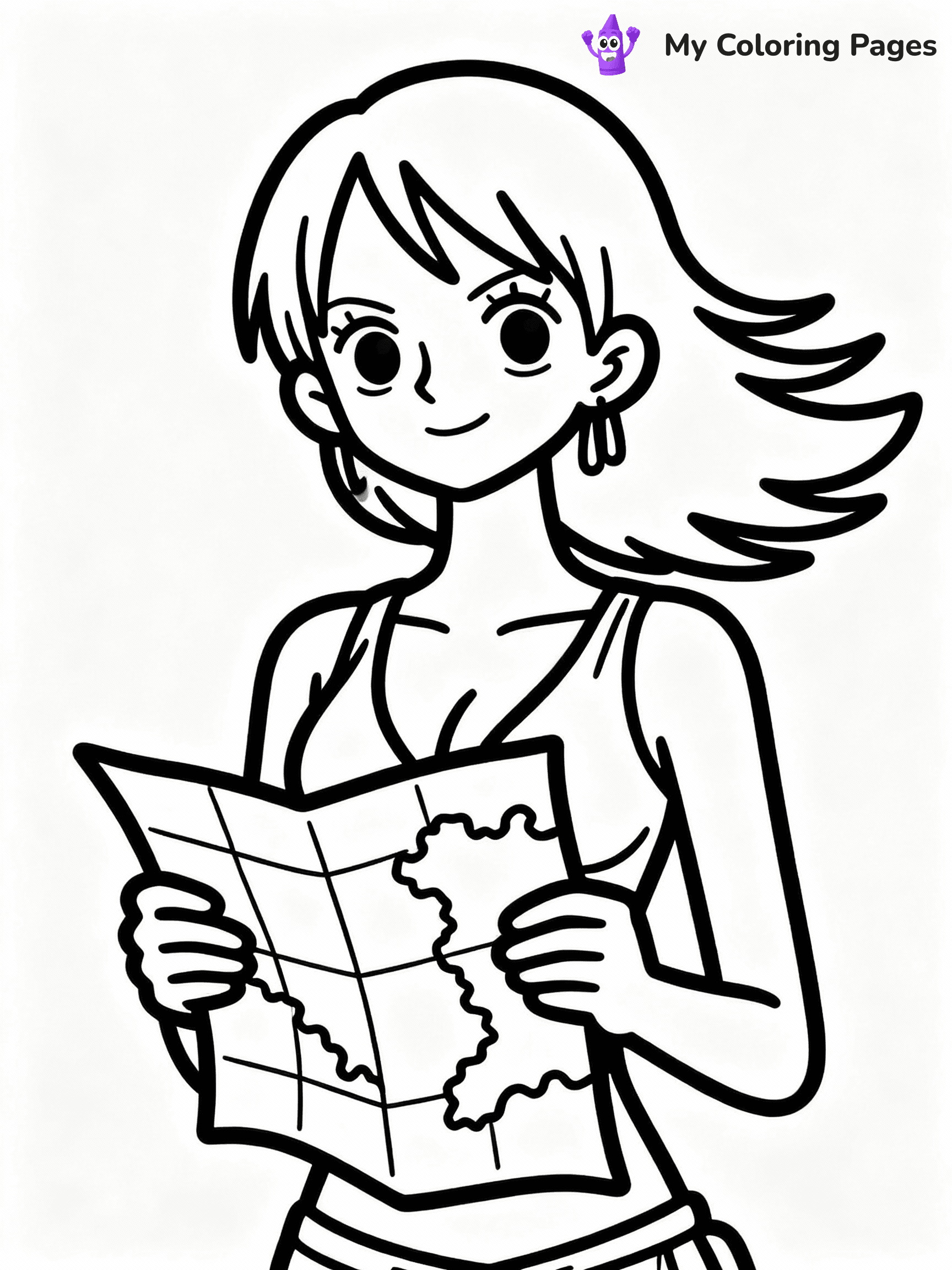 ⚠️ CRITICAL REQUIREMENT - ABSOLUTE BLACK AND WHITE ONLY ⚠️
This MUST be a BLACK AND WHITE line drawing ONLY. NO COLORS whatsoever.
- ONLY pure black lines (#000000) on pure white background (#FFFFFF)
- ABSOLUTELY NO colors, NO shading, NO gradients, NO grayscale
- If there are ANY colors in the output, the image is REJECTED
- This is a COLORING PAGE - meant to be COLORED IN by children
- The output must be UNCOLORED line art ready for coloring
⚠️ SUBJECT TO DRAW: Nami from One Piece in One Piece animation style, holding a map, wind blowing her hair back
(REMEMBER: Output must be BLACK AND WHITE line art only, NOT colored!)
# COLORING PAGE: BLACK OUTLINES ONLY - WHITE BACKGROUND MANDATORY
Create a **coloring book page** using EXACTLY two values: black lines, white space.
## NON-NEGOTIABLE BINARY RULES
- **ONLY #000000 (black) and #FFFFFF (white)** - NO other values exist
- **EVERY PIXEL = BLACK OR WHITE** - no gray/shading/antialiasing
- **WHITE BACKGROUND MANDATORY** - entire canvas stays white
- **ALL SHAPES HOLLOW** - everything is empty outlines waiting to be colored
- **FORBIDDEN:** fills, shading, gradients, patterns, textures, colors
- **NO SOLID REGIONS** - if it's not a thin line, it's wrong
## Universal Line Standards
- Black outlines ONLY - thin, uniform weight
- Every shape completely empty inside
- Closed contours suitable for coloring
- Simple flat illustration - zero depth/3D/realism
- **Style:** Whimsical Doodle Art Alley - rounded, friendly outlines (unless specified)
## Everything = Outline Only
- Characters/animals: hollow shapes
- Objects/clothing: empty contours
- Backgrounds/scenery: line work only
- Natural elements: outlined forms
- Dark/night areas: don't exist (use outlined symbols)
- Textures/patterns: convert to simple lines
## The Test
Can a child color EVERY white space with crayons? If any area is pre-filled/shaded/gray or colored in, it FAILS. Every shape must be waiting to receive color.
**FINAL OUTPUT**: Binary coloring page. Black lines define shapes. White spaces ready for coloring. Nothing else exists. No exceptions. Print-ready.
⚠️ FINAL REMINDER: Draw the subject "Nami from One Piece in One Piece animation style, holding a map, wind blowing her hair back" as BLACK AND WHITE line art. Zero colors in output.