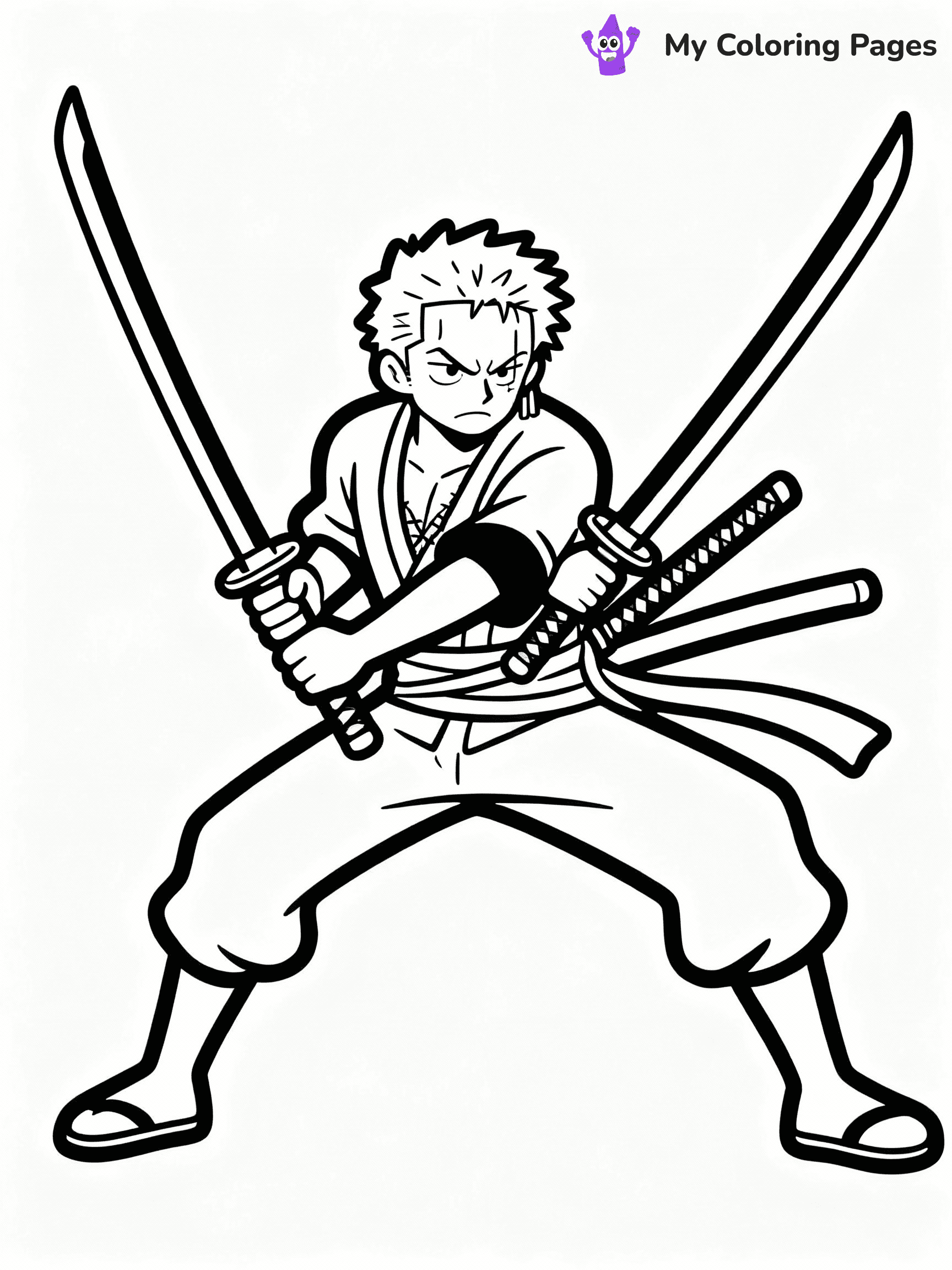 ⚠️ CRITICAL REQUIREMENT - ABSOLUTE BLACK AND WHITE ONLY ⚠️
This MUST be a BLACK AND WHITE line drawing ONLY. NO COLORS whatsoever.
- ONLY pure black lines (#000000) on pure white background (#FFFFFF)
- ABSOLUTELY NO colors, NO shading, NO gradients, NO grayscale
- If there are ANY colors in the output, the image is REJECTED
- This is a COLORING PAGE - meant to be COLORED IN by children
- The output must be UNCOLORED line art ready for coloring
⚠️ SUBJECT TO DRAW: Zoro from One Piece in One Piece animation style, drawing swords, intense focus, battle stance
(REMEMBER: Output must be BLACK AND WHITE line art only, NOT colored!)
# COLORING PAGE: BLACK OUTLINES ONLY - WHITE BACKGROUND MANDATORY
Create a **coloring book page** using EXACTLY two values: black lines, white space.
## NON-NEGOTIABLE BINARY RULES
- **ONLY #000000 (black) and #FFFFFF (white)** - NO other values exist
- **EVERY PIXEL = BLACK OR WHITE** - no gray/shading/antialiasing
- **WHITE BACKGROUND MANDATORY** - entire canvas stays white
- **ALL SHAPES HOLLOW** - everything is empty outlines waiting to be colored
- **FORBIDDEN:** fills, shading, gradients, patterns, textures, colors
- **NO SOLID REGIONS** - if it's not a thin line, it's wrong
## Universal Line Standards
- Black outlines ONLY - thin, uniform weight
- Every shape completely empty inside
- Closed contours suitable for coloring
- Simple flat illustration - zero depth/3D/realism
- **Style:** Whimsical Doodle Art Alley - rounded, friendly outlines (unless specified)
## Everything = Outline Only
- Characters/animals: hollow shapes
- Objects/clothing: empty contours
- Backgrounds/scenery: line work only
- Natural elements: outlined forms
- Dark/night areas: don't exist (use outlined symbols)
- Textures/patterns: convert to simple lines
## The Test
Can a child color EVERY white space with crayons? If any area is pre-filled/shaded/gray or colored in, it FAILS. Every shape must be waiting to receive color.
**FINAL OUTPUT**: Binary coloring page. Black lines define shapes. White spaces ready for coloring. Nothing else exists. No exceptions. Print-ready.
⚠️ FINAL REMINDER: Draw the subject "Zoro from One Piece in One Piece animation style, drawing swords, intense focus, battle stance" as BLACK AND WHITE line art. Zero colors in output.