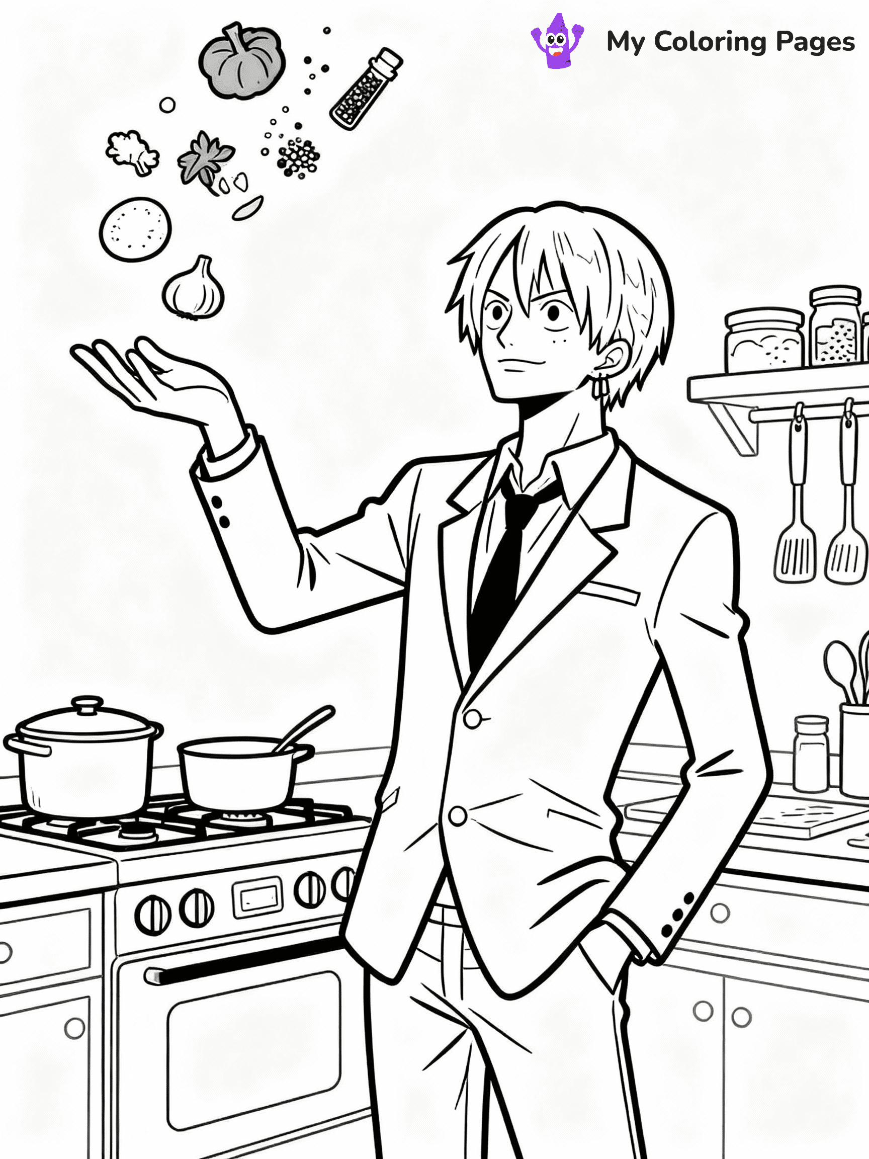 ⚠️ CRITICAL REQUIREMENT - ABSOLUTE BLACK AND WHITE ONLY ⚠️
This MUST be a BLACK AND WHITE line drawing ONLY. NO COLORS whatsoever.
- ONLY pure black lines (#000000) on pure white background (#FFFFFF)
- ABSOLUTELY NO colors, NO shading, NO gradients, NO grayscale
- If there are ANY colors in the output, the image is REJECTED
- This is a COLORING PAGE - meant to be COLORED IN by children
- The output must be UNCOLORED line art ready for coloring
⚠️ SUBJECT TO DRAW: Sanji from One Piece in One Piece animation style, cooking in the kitchen, tossing ingredients in air
(REMEMBER: Output must be BLACK AND WHITE line art only, NOT colored!)
# COLORING PAGE: BLACK OUTLINES ONLY - WHITE BACKGROUND MANDATORY
Create a **coloring book page** using EXACTLY two values: black lines, white space.
## NON-NEGOTIABLE BINARY RULES
- **ONLY #000000 (black) and #FFFFFF (white)** - NO other values exist
- **EVERY PIXEL = BLACK OR WHITE** - no gray/shading/antialiasing
- **WHITE BACKGROUND MANDATORY** - entire canvas stays white
- **ALL SHAPES HOLLOW** - everything is empty outlines waiting to be colored
- **FORBIDDEN:** fills, shading, gradients, patterns, textures, colors
- **NO SOLID REGIONS** - if it's not a thin line, it's wrong
## Universal Line Standards
- Black outlines ONLY - thin, uniform weight
- Every shape completely empty inside
- Closed contours suitable for coloring
- Simple flat illustration - zero depth/3D/realism
- **Style:** Whimsical Doodle Art Alley - rounded, friendly outlines (unless specified)
## Everything = Outline Only
- Characters/animals: hollow shapes
- Objects/clothing: empty contours
- Backgrounds/scenery: line work only
- Natural elements: outlined forms
- Dark/night areas: don't exist (use outlined symbols)
- Textures/patterns: convert to simple lines
## The Test
Can a child color EVERY white space with crayons? If any area is pre-filled/shaded/gray or colored in, it FAILS. Every shape must be waiting to receive color.
**FINAL OUTPUT**: Binary coloring page. Black lines define shapes. White spaces ready for coloring. Nothing else exists. No exceptions. Print-ready.
⚠️ FINAL REMINDER: Draw the subject "Sanji from One Piece in One Piece animation style, cooking in the kitchen, tossing ingredients in air" as BLACK AND WHITE line art. Zero colors in output.