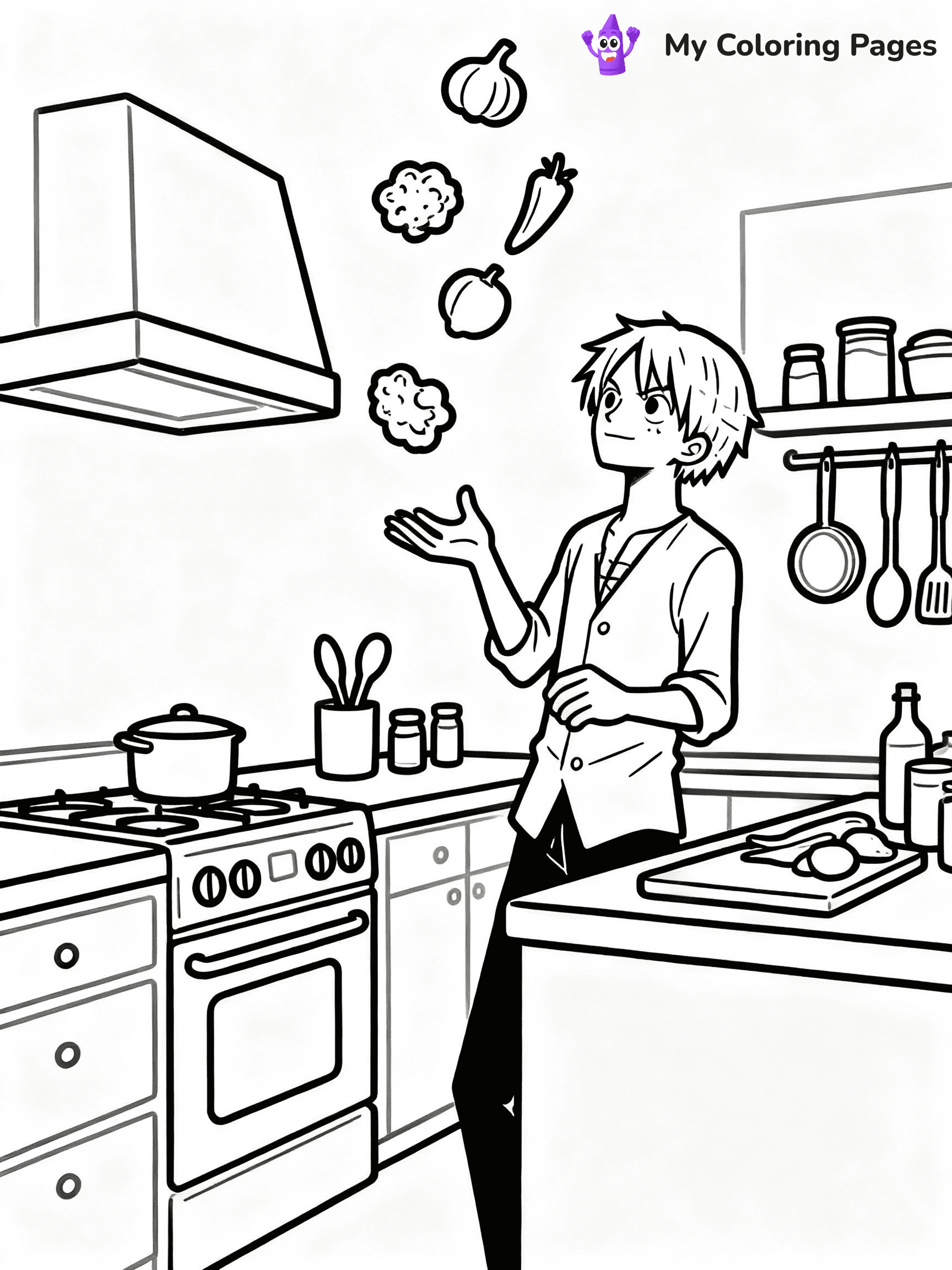 ⚠️ CRITICAL REQUIREMENT - ABSOLUTE BLACK AND WHITE ONLY ⚠️
This MUST be a BLACK AND WHITE line drawing ONLY. NO COLORS whatsoever.
- ONLY pure black lines (#000000) on pure white background (#FFFFFF)
- ABSOLUTELY NO colors, NO shading, NO gradients, NO grayscale
- If there are ANY colors in the output, the image is REJECTED
- This is a COLORING PAGE - meant to be COLORED IN by children
- The output must be UNCOLORED line art ready for coloring
⚠️ SUBJECT TO DRAW: Sanji from One Piece in One Piece animation style, cooking in the kitchen, tossing ingredients in air
(REMEMBER: Output must be BLACK AND WHITE line art only, NOT colored!)
# COLORING PAGE: BLACK OUTLINES ONLY - WHITE BACKGROUND MANDATORY
Create a **coloring book page** using EXACTLY two values: black lines, white space.
## NON-NEGOTIABLE BINARY RULES
- **ONLY #000000 (black) and #FFFFFF (white)** - NO other values exist
- **EVERY PIXEL = BLACK OR WHITE** - no gray/shading/antialiasing
- **WHITE BACKGROUND MANDATORY** - entire canvas stays white
- **ALL SHAPES HOLLOW** - everything is empty outlines waiting to be colored
- **FORBIDDEN:** fills, shading, gradients, patterns, textures, colors
- **NO SOLID REGIONS** - if it's not a thin line, it's wrong
## Universal Line Standards
- Black outlines ONLY - thin, uniform weight
- Every shape completely empty inside
- Closed contours suitable for coloring
- Simple flat illustration - zero depth/3D/realism
- **Style:** Whimsical Doodle Art Alley - rounded, friendly outlines (unless specified)
## Everything = Outline Only
- Characters/animals: hollow shapes
- Objects/clothing: empty contours
- Backgrounds/scenery: line work only
- Natural elements: outlined forms
- Dark/night areas: don't exist (use outlined symbols)
- Textures/patterns: convert to simple lines
## The Test
Can a child color EVERY white space with crayons? If any area is pre-filled/shaded/gray or colored in, it FAILS. Every shape must be waiting to receive color.
**FINAL OUTPUT**: Binary coloring page. Black lines define shapes. White spaces ready for coloring. Nothing else exists. No exceptions. Print-ready.
⚠️ FINAL REMINDER: Draw the subject "Sanji from One Piece in One Piece animation style, cooking in the kitchen, tossing ingredients in air" as BLACK AND WHITE line art. Zero colors in output.