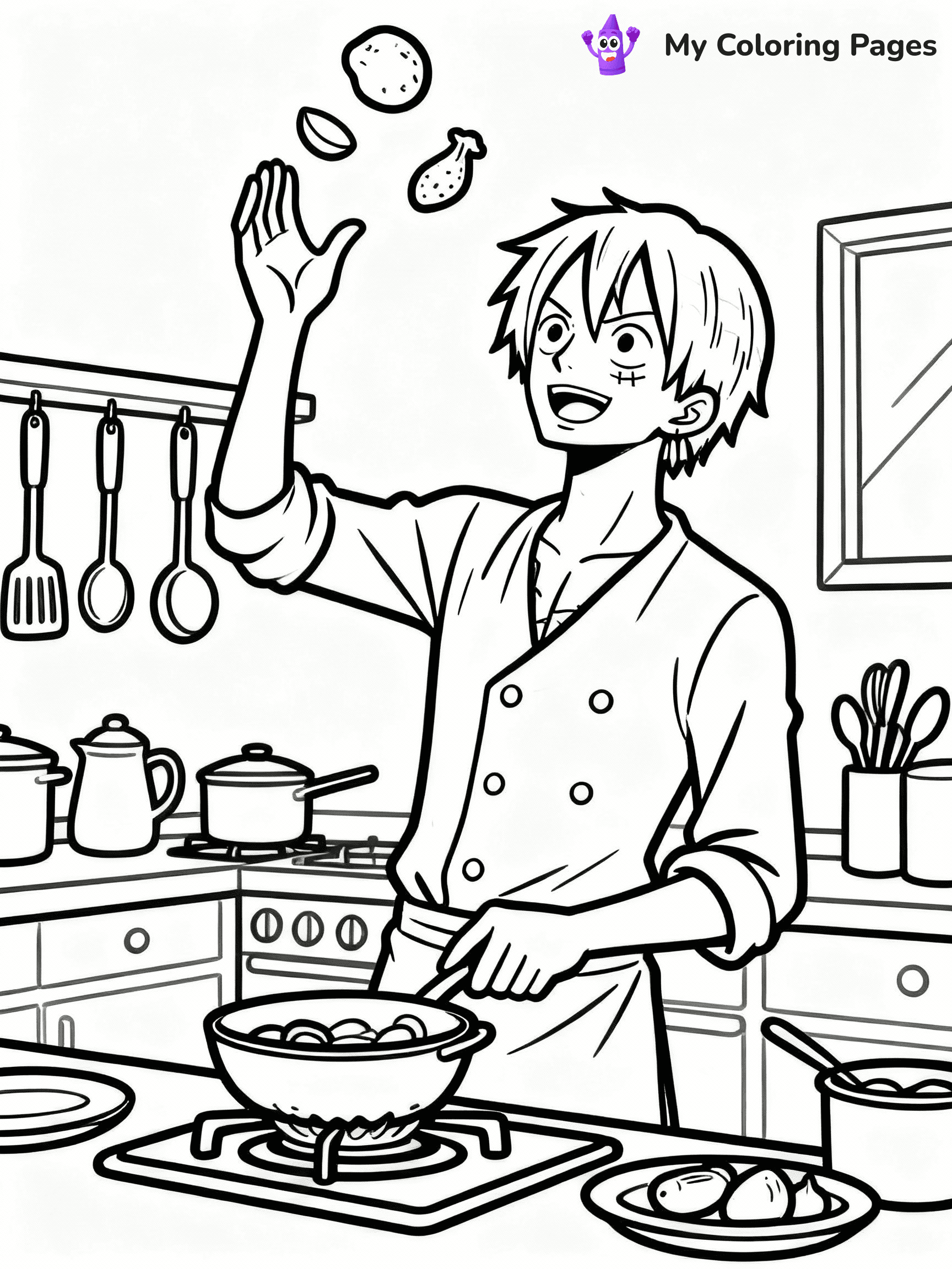 ⚠️ CRITICAL REQUIREMENT - ABSOLUTE BLACK AND WHITE ONLY ⚠️
This MUST be a BLACK AND WHITE line drawing ONLY. NO COLORS whatsoever.
- ONLY pure black lines (#000000) on pure white background (#FFFFFF)
- ABSOLUTELY NO colors, NO shading, NO gradients, NO grayscale
- If there are ANY colors in the output, the image is REJECTED
- This is a COLORING PAGE - meant to be COLORED IN by children
- The output must be UNCOLORED line art ready for coloring
⚠️ SUBJECT TO DRAW: Sanji from One Piece in One Piece animation style, cooking in the kitchen, tossing ingredients in air
(REMEMBER: Output must be BLACK AND WHITE line art only, NOT colored!)
# COLORING PAGE: BLACK OUTLINES ONLY - WHITE BACKGROUND MANDATORY
Create a **coloring book page** using EXACTLY two values: black lines, white space.
## NON-NEGOTIABLE BINARY RULES
- **ONLY #000000 (black) and #FFFFFF (white)** - NO other values exist
- **EVERY PIXEL = BLACK OR WHITE** - no gray/shading/antialiasing
- **WHITE BACKGROUND MANDATORY** - entire canvas stays white
- **ALL SHAPES HOLLOW** - everything is empty outlines waiting to be colored
- **FORBIDDEN:** fills, shading, gradients, patterns, textures, colors
- **NO SOLID REGIONS** - if it's not a thin line, it's wrong
## Universal Line Standards
- Black outlines ONLY - thin, uniform weight
- Every shape completely empty inside
- Closed contours suitable for coloring
- Simple flat illustration - zero depth/3D/realism
- **Style:** Whimsical Doodle Art Alley - rounded, friendly outlines (unless specified)
## Everything = Outline Only
- Characters/animals: hollow shapes
- Objects/clothing: empty contours
- Backgrounds/scenery: line work only
- Natural elements: outlined forms
- Dark/night areas: don't exist (use outlined symbols)
- Textures/patterns: convert to simple lines
## The Test
Can a child color EVERY white space with crayons? If any area is pre-filled/shaded/gray or colored in, it FAILS. Every shape must be waiting to receive color.
**FINAL OUTPUT**: Binary coloring page. Black lines define shapes. White spaces ready for coloring. Nothing else exists. No exceptions. Print-ready.
⚠️ FINAL REMINDER: Draw the subject "Sanji from One Piece in One Piece animation style, cooking in the kitchen, tossing ingredients in air" as BLACK AND WHITE line art. Zero colors in output.