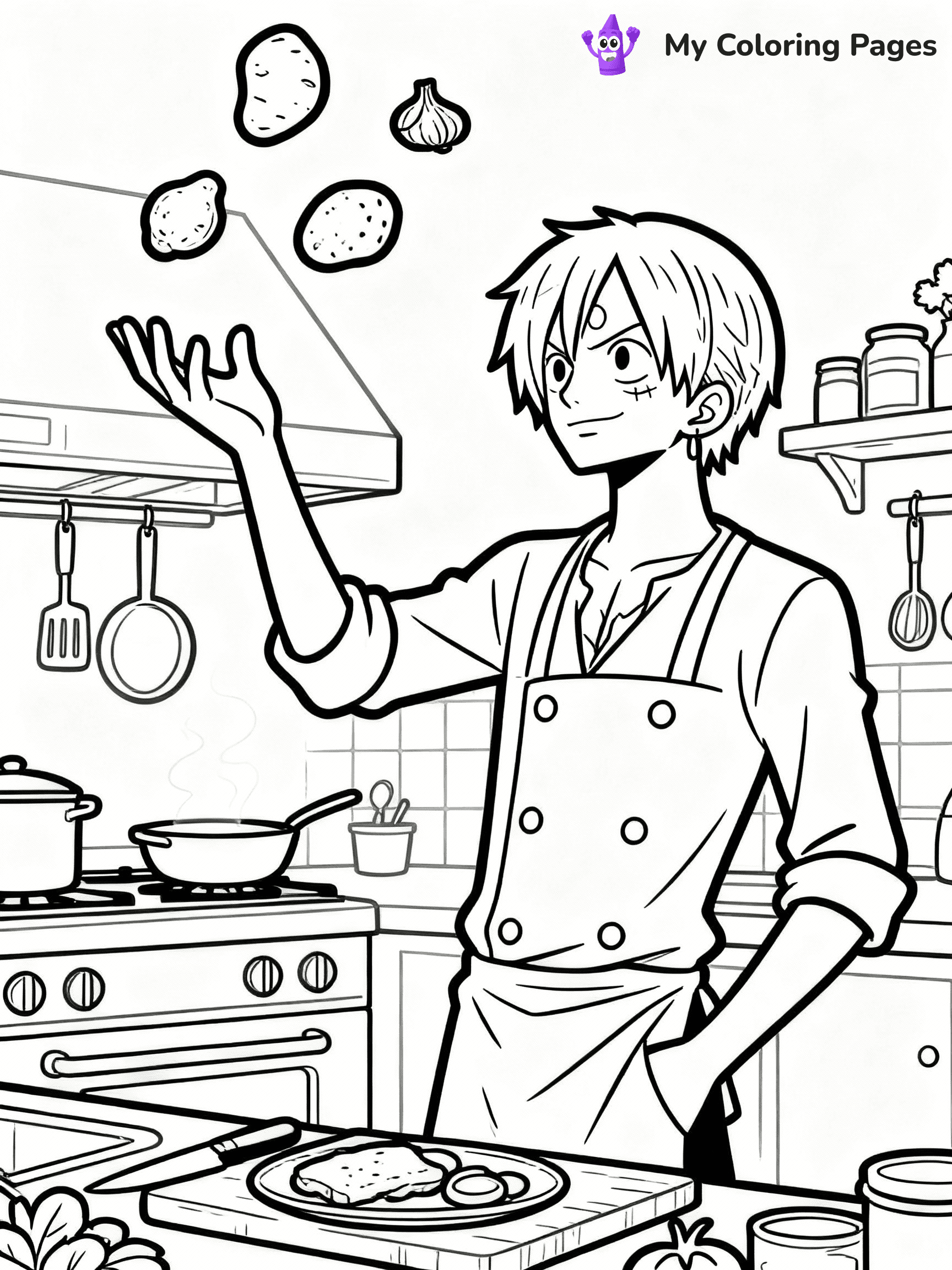 ⚠️ CRITICAL REQUIREMENT - ABSOLUTE BLACK AND WHITE ONLY ⚠️
This MUST be a BLACK AND WHITE line drawing ONLY. NO COLORS whatsoever.
- ONLY pure black lines (#000000) on pure white background (#FFFFFF)
- ABSOLUTELY NO colors, NO shading, NO gradients, NO grayscale
- If there are ANY colors in the output, the image is REJECTED
- This is a COLORING PAGE - meant to be COLORED IN by children
- The output must be UNCOLORED line art ready for coloring
⚠️ SUBJECT TO DRAW: Sanji from One Piece in One Piece animation style, cooking in the kitchen, tossing ingredients in air
(REMEMBER: Output must be BLACK AND WHITE line art only, NOT colored!)
# COLORING PAGE: BLACK OUTLINES ONLY - WHITE BACKGROUND MANDATORY
Create a **coloring book page** using EXACTLY two values: black lines, white space.
## NON-NEGOTIABLE BINARY RULES
- **ONLY #000000 (black) and #FFFFFF (white)** - NO other values exist
- **EVERY PIXEL = BLACK OR WHITE** - no gray/shading/antialiasing
- **WHITE BACKGROUND MANDATORY** - entire canvas stays white
- **ALL SHAPES HOLLOW** - everything is empty outlines waiting to be colored
- **FORBIDDEN:** fills, shading, gradients, patterns, textures, colors
- **NO SOLID REGIONS** - if it's not a thin line, it's wrong
## Universal Line Standards
- Black outlines ONLY - thin, uniform weight
- Every shape completely empty inside
- Closed contours suitable for coloring
- Simple flat illustration - zero depth/3D/realism
- **Style:** Whimsical Doodle Art Alley - rounded, friendly outlines (unless specified)
## Everything = Outline Only
- Characters/animals: hollow shapes
- Objects/clothing: empty contours
- Backgrounds/scenery: line work only
- Natural elements: outlined forms
- Dark/night areas: don't exist (use outlined symbols)
- Textures/patterns: convert to simple lines
## The Test
Can a child color EVERY white space with crayons? If any area is pre-filled/shaded/gray or colored in, it FAILS. Every shape must be waiting to receive color.
**FINAL OUTPUT**: Binary coloring page. Black lines define shapes. White spaces ready for coloring. Nothing else exists. No exceptions. Print-ready.
⚠️ FINAL REMINDER: Draw the subject "Sanji from One Piece in One Piece animation style, cooking in the kitchen, tossing ingredients in air" as BLACK AND WHITE line art. Zero colors in output.