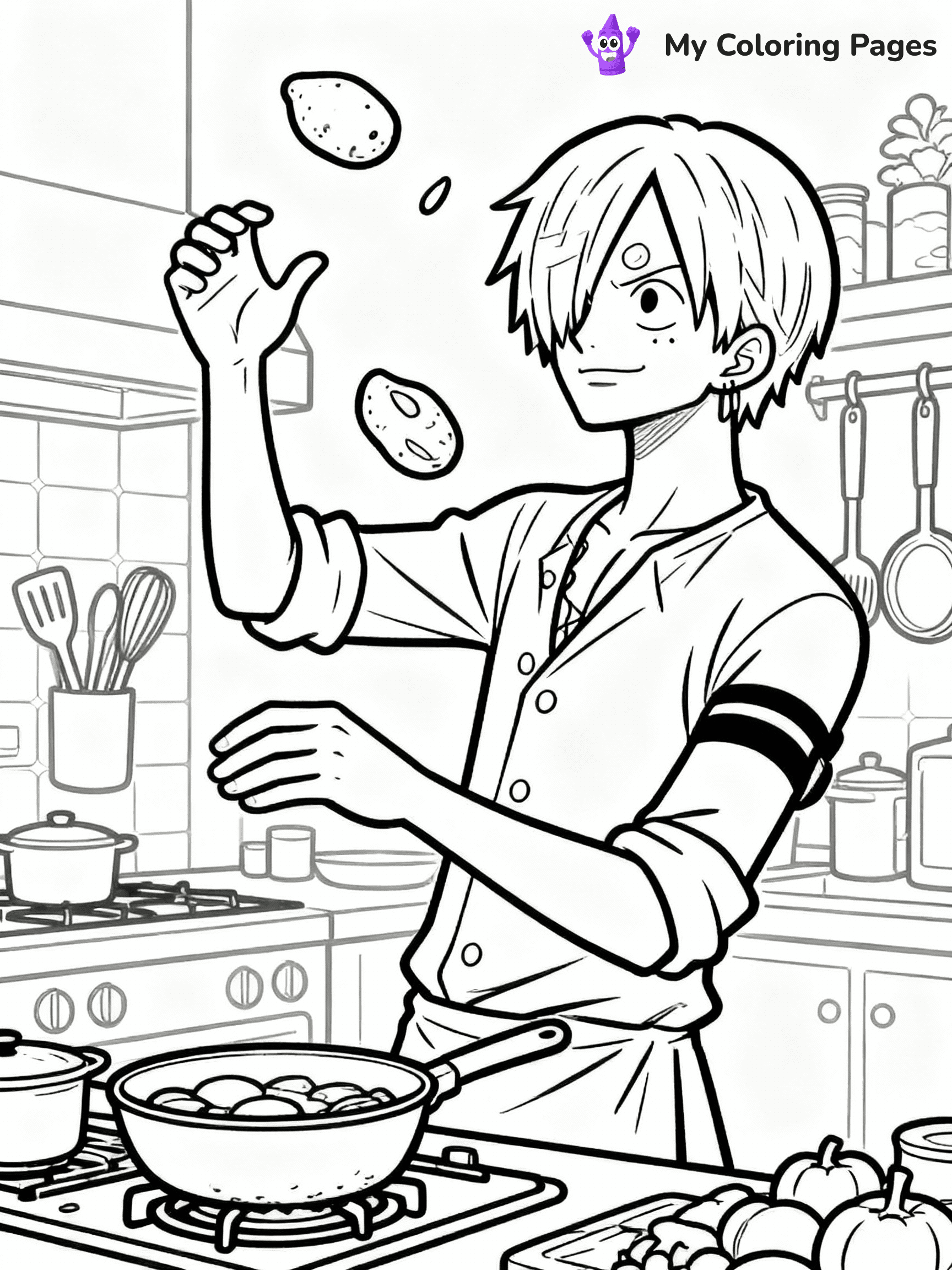 ⚠️ CRITICAL REQUIREMENT - ABSOLUTE BLACK AND WHITE ONLY ⚠️
This MUST be a BLACK AND WHITE line drawing ONLY. NO COLORS whatsoever.
- ONLY pure black lines (#000000) on pure white background (#FFFFFF)
- ABSOLUTELY NO colors, NO shading, NO gradients, NO grayscale
- If there are ANY colors in the output, the image is REJECTED
- This is a COLORING PAGE - meant to be COLORED IN by children
- The output must be UNCOLORED line art ready for coloring
⚠️ SUBJECT TO DRAW: Sanji from One Piece in One Piece animation style, cooking in the kitchen, tossing ingredients in air
(REMEMBER: Output must be BLACK AND WHITE line art only, NOT colored!)
# COLORING PAGE: BLACK OUTLINES ONLY - WHITE BACKGROUND MANDATORY
Create a **coloring book page** using EXACTLY two values: black lines, white space.
## NON-NEGOTIABLE BINARY RULES
- **ONLY #000000 (black) and #FFFFFF (white)** - NO other values exist
- **EVERY PIXEL = BLACK OR WHITE** - no gray/shading/antialiasing
- **WHITE BACKGROUND MANDATORY** - entire canvas stays white
- **ALL SHAPES HOLLOW** - everything is empty outlines waiting to be colored
- **FORBIDDEN:** fills, shading, gradients, patterns, textures, colors
- **NO SOLID REGIONS** - if it's not a thin line, it's wrong
## Universal Line Standards
- Black outlines ONLY - thin, uniform weight
- Every shape completely empty inside
- Closed contours suitable for coloring
- Simple flat illustration - zero depth/3D/realism
- **Style:** Whimsical Doodle Art Alley - rounded, friendly outlines (unless specified)
## Everything = Outline Only
- Characters/animals: hollow shapes
- Objects/clothing: empty contours
- Backgrounds/scenery: line work only
- Natural elements: outlined forms
- Dark/night areas: don't exist (use outlined symbols)
- Textures/patterns: convert to simple lines
## The Test
Can a child color EVERY white space with crayons? If any area is pre-filled/shaded/gray or colored in, it FAILS. Every shape must be waiting to receive color.
**FINAL OUTPUT**: Binary coloring page. Black lines define shapes. White spaces ready for coloring. Nothing else exists. No exceptions. Print-ready.
⚠️ FINAL REMINDER: Draw the subject "Sanji from One Piece in One Piece animation style, cooking in the kitchen, tossing ingredients in air" as BLACK AND WHITE line art. Zero colors in output.