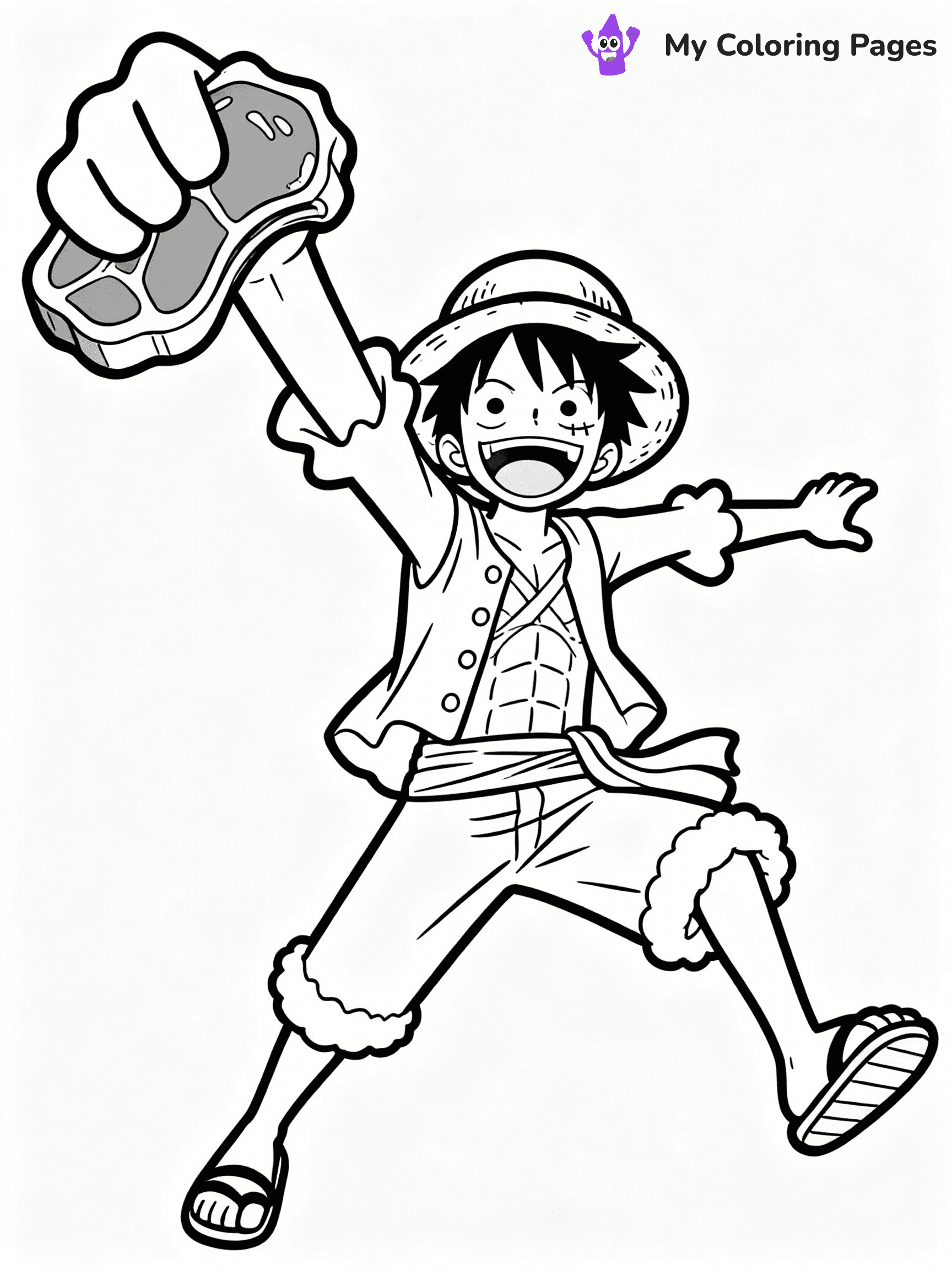 ⚠️ CRITICAL REQUIREMENT - ABSOLUTE BLACK AND WHITE ONLY ⚠️
This MUST be a BLACK AND WHITE line drawing ONLY. NO COLORS whatsoever.
- ONLY pure black lines (#000000) on pure white background (#FFFFFF)
- ABSOLUTELY NO colors, NO shading, NO gradients, NO grayscale
- If there are ANY colors in the output, the image is REJECTED
- This is a COLORING PAGE - meant to be COLORED IN by children
- The output must be UNCOLORED line art ready for coloring
⚠️ SUBJECT TO DRAW: Luffy from One Piece in One Piece animation style, stretching arms to grab a piece of meat, big grin on face
(REMEMBER: Output must be BLACK AND WHITE line art only, NOT colored!)
# COLORING PAGE: BLACK OUTLINES ONLY - WHITE BACKGROUND MANDATORY
Create a **coloring book page** using EXACTLY two values: black lines, white space.
## NON-NEGOTIABLE BINARY RULES
- **ONLY #000000 (black) and #FFFFFF (white)** - NO other values exist
- **EVERY PIXEL = BLACK OR WHITE** - no gray/shading/antialiasing
- **WHITE BACKGROUND MANDATORY** - entire canvas stays white
- **ALL SHAPES HOLLOW** - everything is empty outlines waiting to be colored
- **FORBIDDEN:** fills, shading, gradients, patterns, textures, colors
- **NO SOLID REGIONS** - if it's not a thin line, it's wrong
## Universal Line Standards
- Black outlines ONLY - thin, uniform weight
- Every shape completely empty inside
- Closed contours suitable for coloring
- Simple flat illustration - zero depth/3D/realism
- **Style:** Whimsical Doodle Art Alley - rounded, friendly outlines (unless specified)
## Everything = Outline Only
- Characters/animals: hollow shapes
- Objects/clothing: empty contours
- Backgrounds/scenery: line work only
- Natural elements: outlined forms
- Dark/night areas: don't exist (use outlined symbols)
- Textures/patterns: convert to simple lines
## The Test
Can a child color EVERY white space with crayons? If any area is pre-filled/shaded/gray or colored in, it FAILS. Every shape must be waiting to receive color.
**FINAL OUTPUT**: Binary coloring page. Black lines define shapes. White spaces ready for coloring. Nothing else exists. No exceptions. Print-ready.
⚠️ FINAL REMINDER: Draw the subject "Luffy from One Piece in One Piece animation style, stretching arms to grab a piece of meat, big grin on face" as BLACK AND WHITE line art. Zero colors in output.