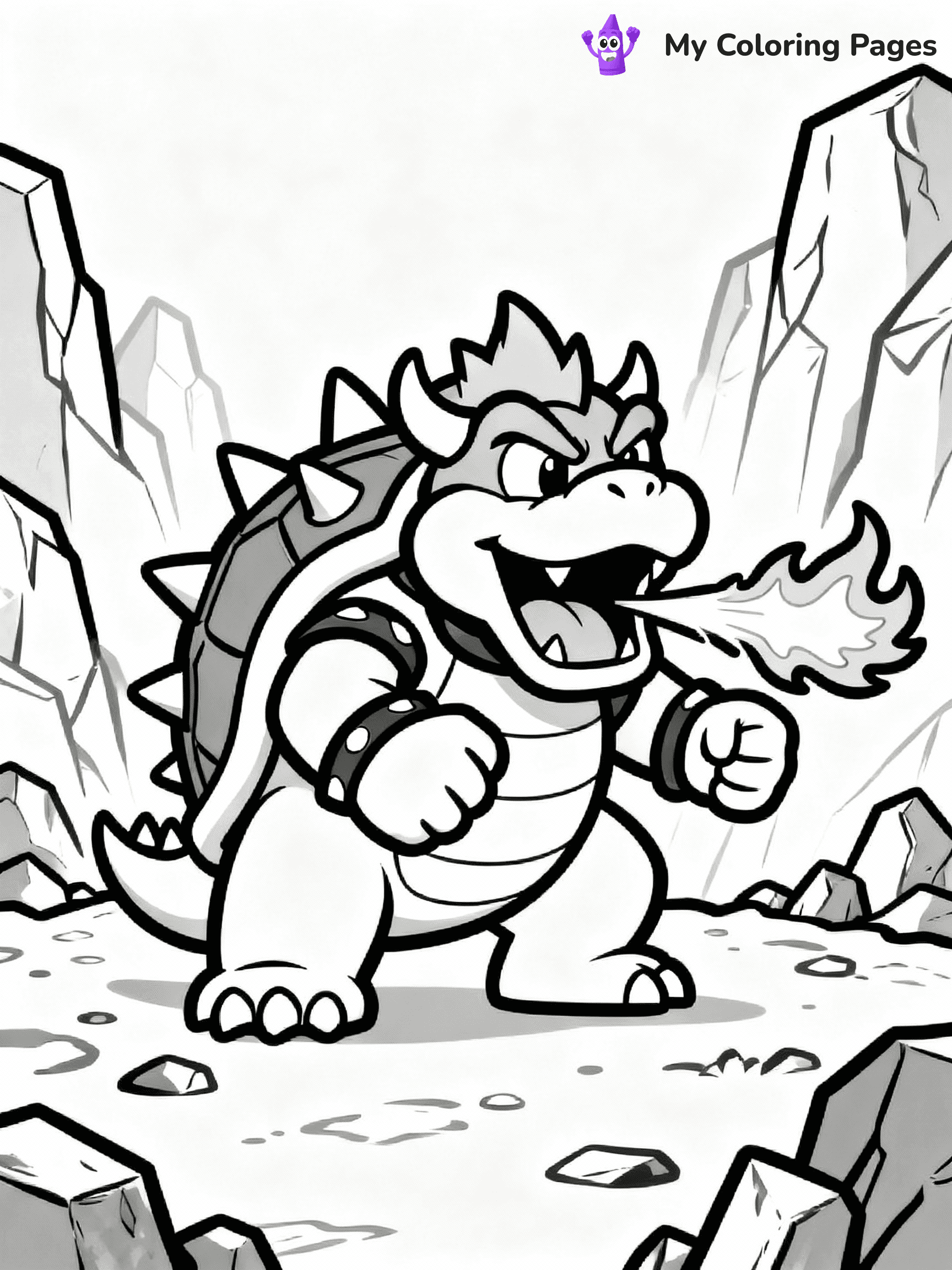 ⚠️ CRITICAL REQUIREMENT - ABSOLUTE BLACK AND WHITE ONLY ⚠️
This MUST be a BLACK AND WHITE line drawing ONLY. NO COLORS whatsoever.
- ONLY pure black lines (#000000) on pure white background (#FFFFFF)
- ABSOLUTELY NO colors, NO shading, NO gradients, NO grayscale
- If there are ANY colors in the output, the image is REJECTED
- This is a COLORING PAGE - meant to be COLORED IN by children
- The output must be UNCOLORED line art ready for coloring
⚠️ SUBJECT TO DRAW: Bowser from Mario breathing fire, spiky shell prominently visible, fierce expression, rocky terrain surrounding in background. Important: PURE OUTLINES. NO FILLS, COLOR, SHADING, OR GREYSCALE. WHITE BACKGROUND.
(REMEMBER: Output must be BLACK AND WHITE line art only, NOT colored!)
# Flat, Friendly Cartoon Line-Art Coloring Page
You are generating a **pure black-and-white binary image** of a child-friendly cartoon scene combining characters and background scenery in one cohesive composition.
## Rendering Rules (Strict)
- Only two colors: pure black (#000000) outlines and pure white (#FFFFFF) background.
- No grayscale, shading, gradients, tints, fills, transparency, or partial pixels.
- No antialiasing or blended edges; every pixel is 100% black or white.
- No solid black fills inside shapes — all areas inside outlines must remain white.
- No dark clothing areas or filled tone blocks; all garments outlined only.
- No shadows, textures, lighting, or tonal variations.
- Must look like flat binary vector line-art for coloring pages.
## Drawing & Composition
- **Medium, consistent line weight**; clean closed outlines easy to color inside.
- **Flat, simple, child-friendly design** — no realism or 3D depth.
- Characters are **grounded on a surface**, centered and large.
- **Balanced composition** with clear silhouettes and minimal props.
## Scenery & Style
- Landmarks (e.g., mosque, CN Tower) and scenery (trees, benches, waves) drawn with **black outlines only.**
- For real-world figures, teams, or places, show accurate details using only black outlines—no text or logos. Use distinctive uniform patterns, abstract symbols, and landmark silhouettes to convey identity.
- Keep **consistent perspective**; no floating elements.
- **Style:** whimsical **Doodle Art Alley** — rounded, friendly outlines.
- May adapt shapes from **Crayola, Disney, Peppa Pig, Cocomelon** — *by shape only, never color.*
- Final output: **flat, crisp, binary (#000000/#FFFFFF)**, **no filled color or background text.**
EXTREMELYE IMPORTANT:
- PURE BINARY LINE-ART; NO FILLS (HAIR/CLOTHES/SKIN), SHADING, OR GREY.
- NO SHADING, COLOR. MUST BE WHITE BACKGROUND.
⚠️ FINAL REMINDER: Draw the subject "Bowser from Mario breathing fire, spiky shell prominently visible, fierce expression, rocky terrain surrounding in background. Important: PURE OUTLINES. NO FILLS, COLOR, SHADING, OR GREYSCALE. WHITE BACKGROUND." as BLACK AND WHITE line art. Zero colors in output.