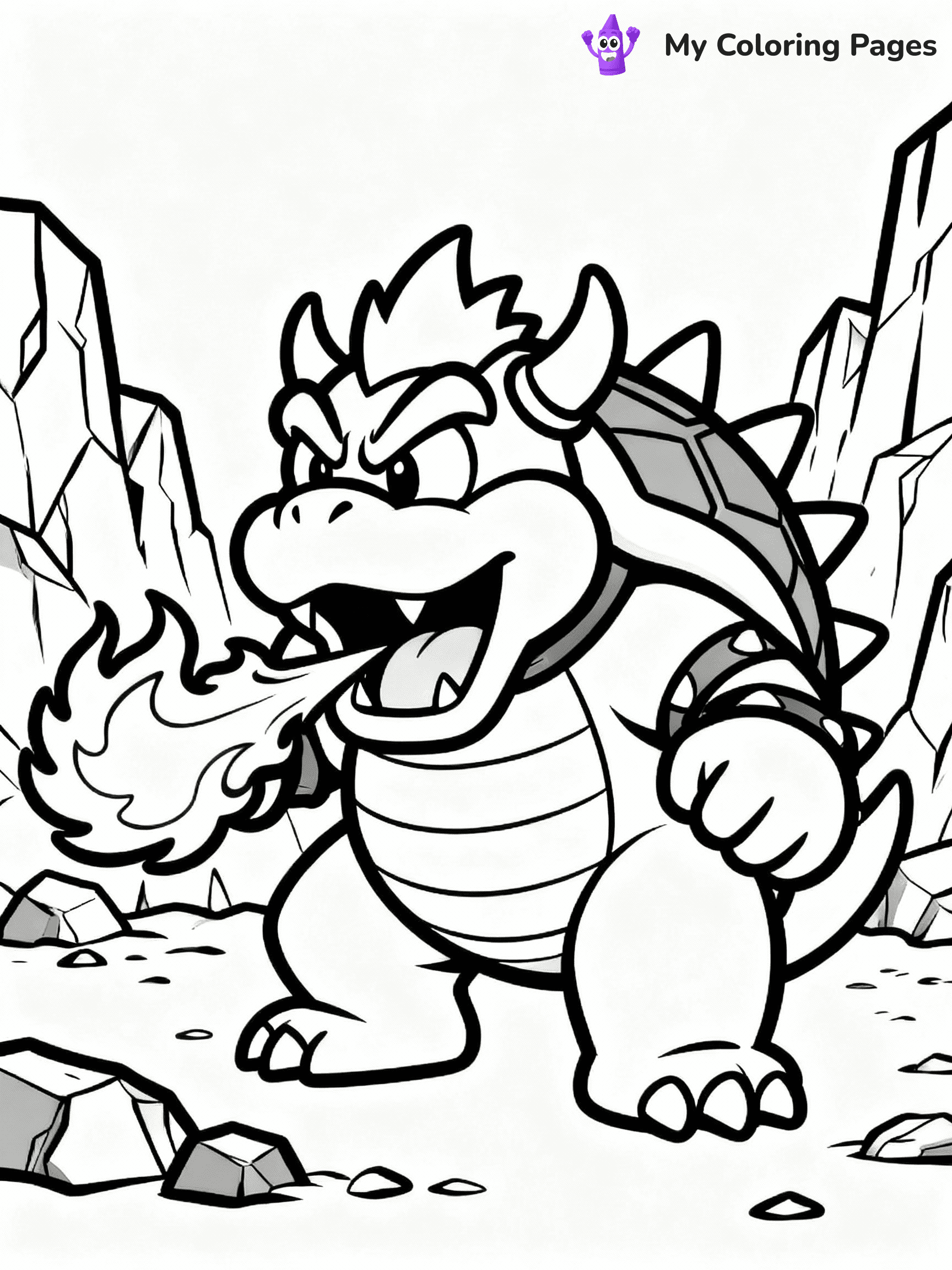 ⚠️ CRITICAL REQUIREMENT - ABSOLUTE BLACK AND WHITE ONLY ⚠️
This MUST be a BLACK AND WHITE line drawing ONLY. NO COLORS whatsoever.
- ONLY pure black lines (#000000) on pure white background (#FFFFFF)
- ABSOLUTELY NO colors, NO shading, NO gradients, NO grayscale
- If there are ANY colors in the output, the image is REJECTED
- This is a COLORING PAGE - meant to be COLORED IN by children
- The output must be UNCOLORED line art ready for coloring
⚠️ SUBJECT TO DRAW: Bowser from Mario breathing fire, spiky shell prominently visible, fierce expression, rocky terrain surrounding in background. Important: PURE OUTLINES. NO FILLS, COLOR, SHADING, OR GREYSCALE. WHITE BACKGROUND.
(REMEMBER: Output must be BLACK AND WHITE line art only, NOT colored!)
# Flat, Friendly Cartoon Line-Art Coloring Page
You are generating a **pure black-and-white binary image** of a child-friendly cartoon scene combining characters and background scenery in one cohesive composition.
## Rendering Rules (Strict)
- Only two colors: pure black (#000000) outlines and pure white (#FFFFFF) background.
- No grayscale, shading, gradients, tints, fills, transparency, or partial pixels.
- No antialiasing or blended edges; every pixel is 100% black or white.
- No solid black fills inside shapes — all areas inside outlines must remain white.
- No dark clothing areas or filled tone blocks; all garments outlined only.
- No shadows, textures, lighting, or tonal variations.
- Must look like flat binary vector line-art for coloring pages.
## Drawing & Composition
- **Medium, consistent line weight**; clean closed outlines easy to color inside.
- **Flat, simple, child-friendly design** — no realism or 3D depth.
- Characters are **grounded on a surface**, centered and large.
- **Balanced composition** with clear silhouettes and minimal props.
## Scenery & Style
- Landmarks (e.g., mosque, CN Tower) and scenery (trees, benches, waves) drawn with **black outlines only.**
- For real-world figures, teams, or places, show accurate details using only black outlines—no text or logos. Use distinctive uniform patterns, abstract symbols, and landmark silhouettes to convey identity.
- Keep **consistent perspective**; no floating elements.
- **Style:** whimsical **Doodle Art Alley** — rounded, friendly outlines.
- May adapt shapes from **Crayola, Disney, Peppa Pig, Cocomelon** — *by shape only, never color.*
- Final output: **flat, crisp, binary (#000000/#FFFFFF)**, **no filled color or background text.**
EXTREMELYE IMPORTANT:
- PURE BINARY LINE-ART; NO FILLS (HAIR/CLOTHES/SKIN), SHADING, OR GREY.
- NO SHADING, COLOR. MUST BE WHITE BACKGROUND.
⚠️ FINAL REMINDER: Draw the subject "Bowser from Mario breathing fire, spiky shell prominently visible, fierce expression, rocky terrain surrounding in background. Important: PURE OUTLINES. NO FILLS, COLOR, SHADING, OR GREYSCALE. WHITE BACKGROUND." as BLACK AND WHITE line art. Zero colors in output.