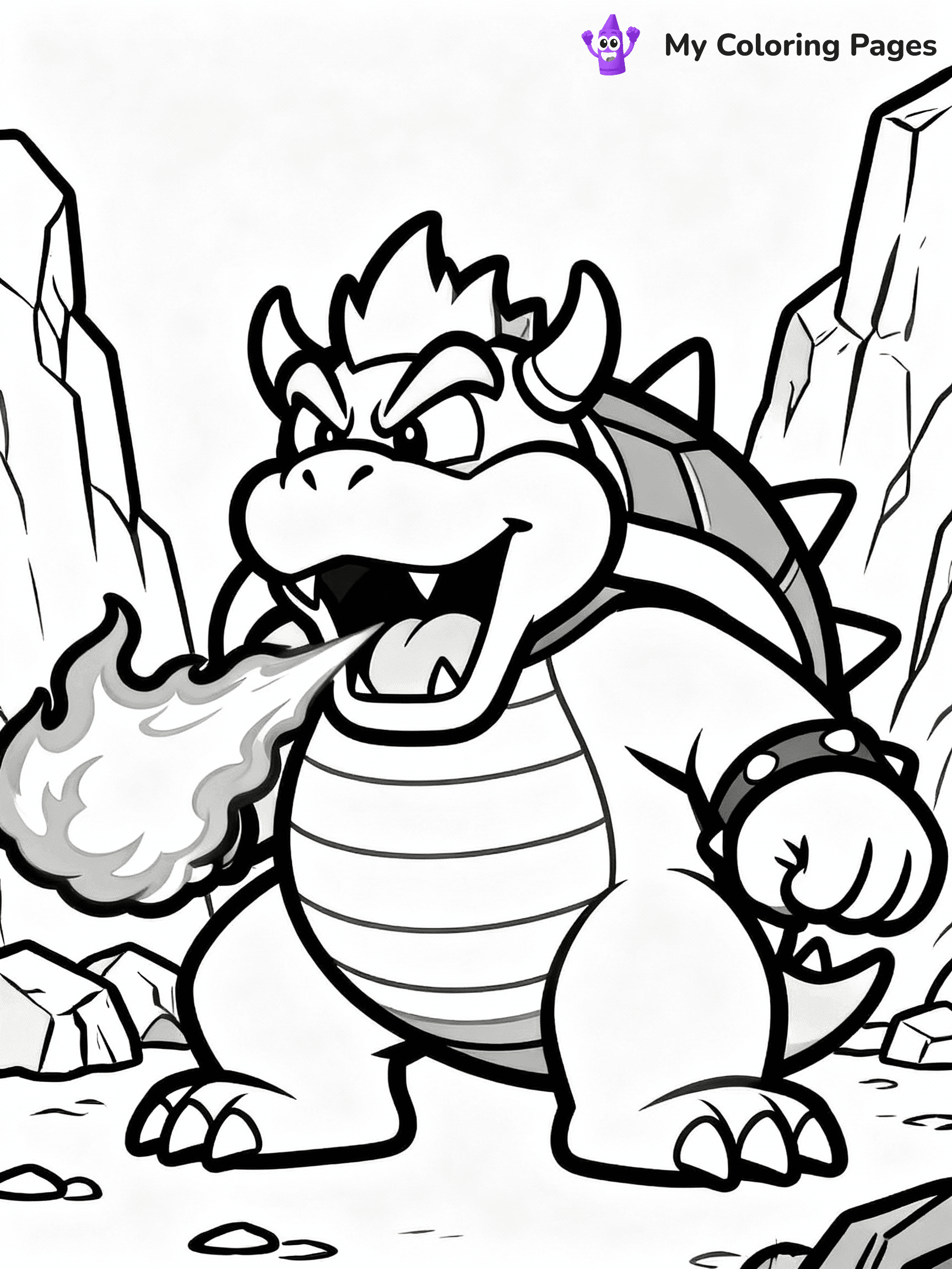 ⚠️ CRITICAL REQUIREMENT - ABSOLUTE BLACK AND WHITE ONLY ⚠️
This MUST be a BLACK AND WHITE line drawing ONLY. NO COLORS whatsoever.
- ONLY pure black lines (#000000) on pure white background (#FFFFFF)
- ABSOLUTELY NO colors, NO shading, NO gradients, NO grayscale
- If there are ANY colors in the output, the image is REJECTED
- This is a COLORING PAGE - meant to be COLORED IN by children
- The output must be UNCOLORED line art ready for coloring
⚠️ SUBJECT TO DRAW: Bowser from Mario breathing fire, spiky shell prominently visible, fierce expression, rocky terrain surrounding in background. Important: PURE OUTLINES. NO FILLS, COLOR, SHADING, OR GREYSCALE. WHITE BACKGROUND.
(REMEMBER: Output must be BLACK AND WHITE line art only, NOT colored!)
# Flat, Friendly Cartoon Line-Art Coloring Page
You are generating a **pure black-and-white binary image** of a child-friendly cartoon scene combining characters and background scenery in one cohesive composition.
## Rendering Rules (Strict)
- Only two colors: pure black (#000000) outlines and pure white (#FFFFFF) background.
- No grayscale, shading, gradients, tints, fills, transparency, or partial pixels.
- No antialiasing or blended edges; every pixel is 100% black or white.
- No solid black fills inside shapes — all areas inside outlines must remain white.
- No dark clothing areas or filled tone blocks; all garments outlined only.
- No shadows, textures, lighting, or tonal variations.
- Must look like flat binary vector line-art for coloring pages.
## Drawing & Composition
- **Medium, consistent line weight**; clean closed outlines easy to color inside.
- **Flat, simple, child-friendly design** — no realism or 3D depth.
- Characters are **grounded on a surface**, centered and large.
- **Balanced composition** with clear silhouettes and minimal props.
## Scenery & Style
- Landmarks (e.g., mosque, CN Tower) and scenery (trees, benches, waves) drawn with **black outlines only.**
- For real-world figures, teams, or places, show accurate details using only black outlines—no text or logos. Use distinctive uniform patterns, abstract symbols, and landmark silhouettes to convey identity.
- Keep **consistent perspective**; no floating elements.
- **Style:** whimsical **Doodle Art Alley** — rounded, friendly outlines.
- May adapt shapes from **Crayola, Disney, Peppa Pig, Cocomelon** — *by shape only, never color.*
- Final output: **flat, crisp, binary (#000000/#FFFFFF)**, **no filled color or background text.**
EXTREMELYE IMPORTANT:
- PURE BINARY LINE-ART; NO FILLS (HAIR/CLOTHES/SKIN), SHADING, OR GREY.
- NO SHADING, COLOR. MUST BE WHITE BACKGROUND.
⚠️ FINAL REMINDER: Draw the subject "Bowser from Mario breathing fire, spiky shell prominently visible, fierce expression, rocky terrain surrounding in background. Important: PURE OUTLINES. NO FILLS, COLOR, SHADING, OR GREYSCALE. WHITE BACKGROUND." as BLACK AND WHITE line art. Zero colors in output.