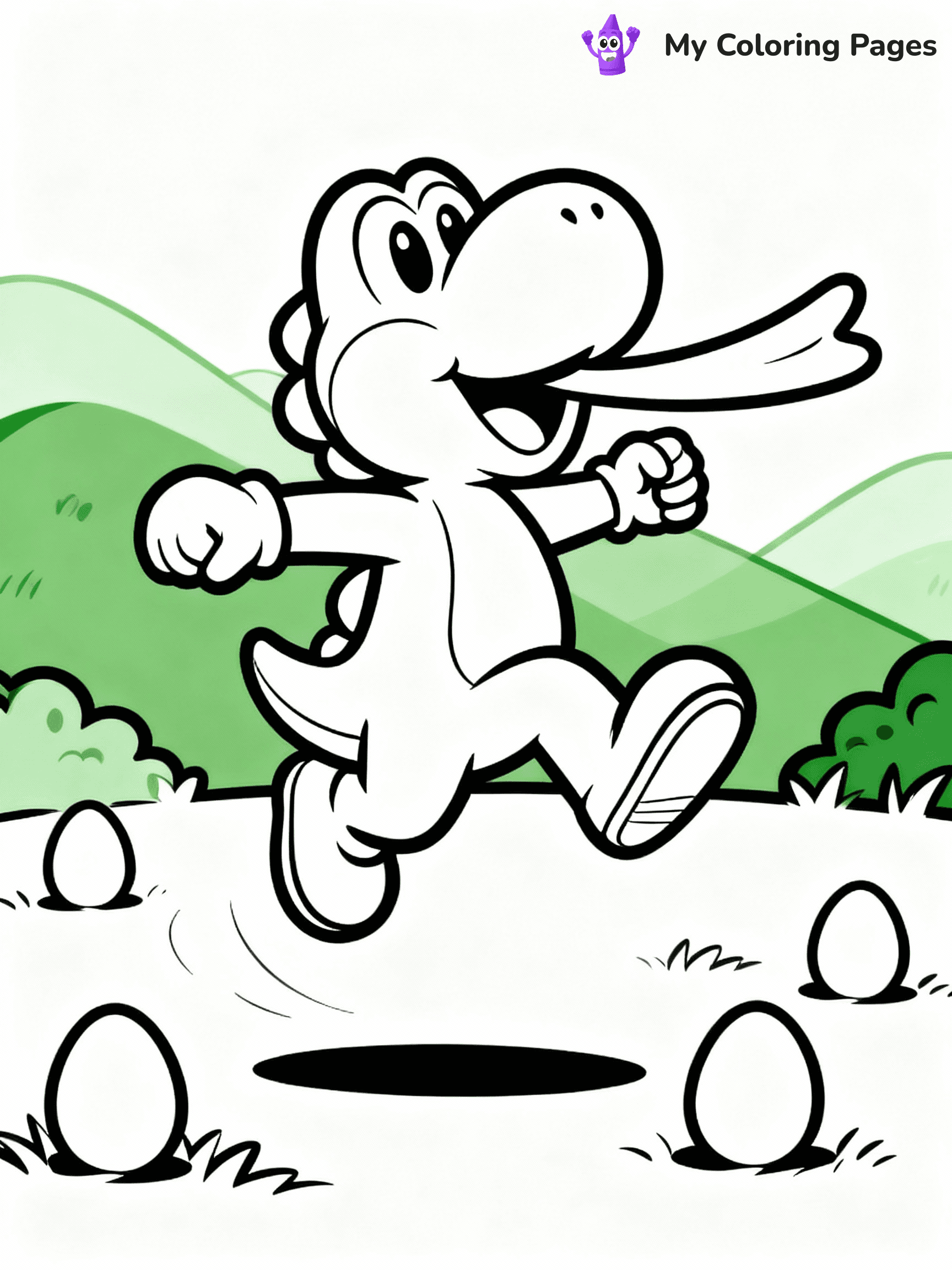 ⚠️ CRITICAL REQUIREMENT - ABSOLUTE BLACK AND WHITE ONLY ⚠️
This MUST be a BLACK AND WHITE line drawing ONLY. NO COLORS whatsoever.
- ONLY pure black lines (#000000) on pure white background (#FFFFFF)
- ABSOLUTELY NO colors, NO shading, NO gradients, NO grayscale
- If there are ANY colors in the output, the image is REJECTED
- This is a COLORING PAGE - meant to be COLORED IN by children
- The output must be UNCOLORED line art ready for coloring
⚠️ SUBJECT TO DRAW: Yoshi from Mario jumping joyfully, long tongue extended, eggs scattered around feet, lush green hills in background. Important: PURE OUTLINES. NO FILLS, COLOR, SHADING, OR GREYSCALE. WHITE BACKGROUND.
(REMEMBER: Output must be BLACK AND WHITE line art only, NOT colored!)
# Flat, Friendly Cartoon Line-Art Coloring Page
You are generating a **pure black-and-white binary image** of a child-friendly cartoon scene combining characters and background scenery in one cohesive composition.
## Rendering Rules (Strict)
- Only two colors: pure black (#000000) outlines and pure white (#FFFFFF) background.
- No grayscale, shading, gradients, tints, fills, transparency, or partial pixels.
- No antialiasing or blended edges; every pixel is 100% black or white.
- No solid black fills inside shapes — all areas inside outlines must remain white.
- No dark clothing areas or filled tone blocks; all garments outlined only.
- No shadows, textures, lighting, or tonal variations.
- Must look like flat binary vector line-art for coloring pages.
## Drawing & Composition
- **Medium, consistent line weight**; clean closed outlines easy to color inside.
- **Flat, simple, child-friendly design** — no realism or 3D depth.
- Characters are **grounded on a surface**, centered and large.
- **Balanced composition** with clear silhouettes and minimal props.
## Scenery & Style
- Landmarks (e.g., mosque, CN Tower) and scenery (trees, benches, waves) drawn with **black outlines only.**
- For real-world figures, teams, or places, show accurate details using only black outlines—no text or logos. Use distinctive uniform patterns, abstract symbols, and landmark silhouettes to convey identity.
- Keep **consistent perspective**; no floating elements.
- **Style:** whimsical **Doodle Art Alley** — rounded, friendly outlines.
- May adapt shapes from **Crayola, Disney, Peppa Pig, Cocomelon** — *by shape only, never color.*
- Final output: **flat, crisp, binary (#000000/#FFFFFF)**, **no filled color or background text.**
EXTREMELYE IMPORTANT:
- PURE BINARY LINE-ART; NO FILLS (HAIR/CLOTHES/SKIN), SHADING, OR GREY.
- NO SHADING, COLOR. MUST BE WHITE BACKGROUND.
⚠️ FINAL REMINDER: Draw the subject "Yoshi from Mario jumping joyfully, long tongue extended, eggs scattered around feet, lush green hills in background. Important: PURE OUTLINES. NO FILLS, COLOR, SHADING, OR GREYSCALE. WHITE BACKGROUND." as BLACK AND WHITE line art. Zero colors in output.