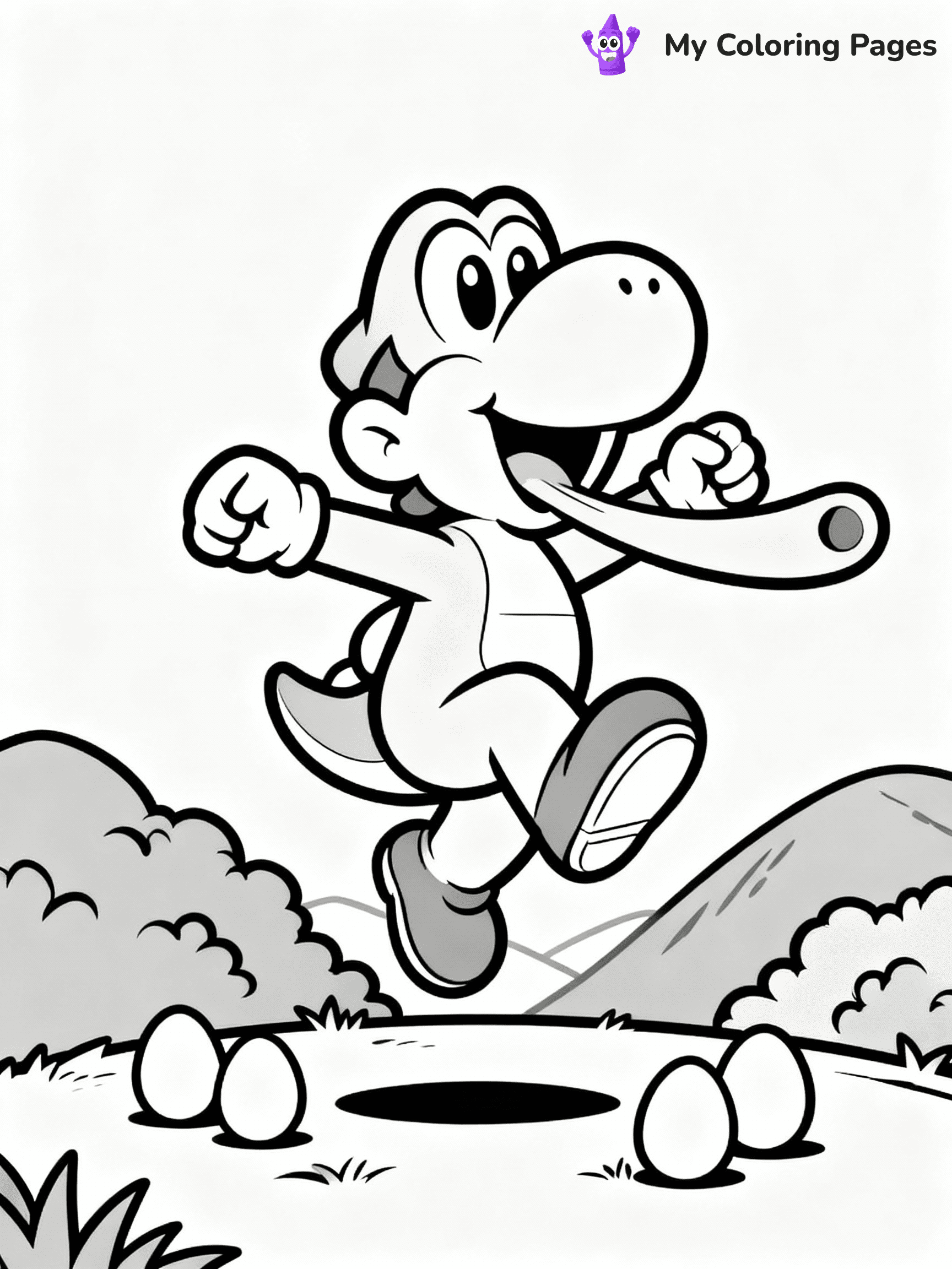 ⚠️ CRITICAL REQUIREMENT - ABSOLUTE BLACK AND WHITE ONLY ⚠️
This MUST be a BLACK AND WHITE line drawing ONLY. NO COLORS whatsoever.
- ONLY pure black lines (#000000) on pure white background (#FFFFFF)
- ABSOLUTELY NO colors, NO shading, NO gradients, NO grayscale
- If there are ANY colors in the output, the image is REJECTED
- This is a COLORING PAGE - meant to be COLORED IN by children
- The output must be UNCOLORED line art ready for coloring
⚠️ SUBJECT TO DRAW: Yoshi from Mario jumping joyfully, long tongue extended, eggs scattered around feet, lush green hills in background. Important: PURE OUTLINES. NO FILLS, COLOR, SHADING, OR GREYSCALE. WHITE BACKGROUND.
(REMEMBER: Output must be BLACK AND WHITE line art only, NOT colored!)
# Flat, Friendly Cartoon Line-Art Coloring Page
You are generating a **pure black-and-white binary image** of a child-friendly cartoon scene combining characters and background scenery in one cohesive composition.
## Rendering Rules (Strict)
- Only two colors: pure black (#000000) outlines and pure white (#FFFFFF) background.
- No grayscale, shading, gradients, tints, fills, transparency, or partial pixels.
- No antialiasing or blended edges; every pixel is 100% black or white.
- No solid black fills inside shapes — all areas inside outlines must remain white.
- No dark clothing areas or filled tone blocks; all garments outlined only.
- No shadows, textures, lighting, or tonal variations.
- Must look like flat binary vector line-art for coloring pages.
## Drawing & Composition
- **Medium, consistent line weight**; clean closed outlines easy to color inside.
- **Flat, simple, child-friendly design** — no realism or 3D depth.
- Characters are **grounded on a surface**, centered and large.
- **Balanced composition** with clear silhouettes and minimal props.
## Scenery & Style
- Landmarks (e.g., mosque, CN Tower) and scenery (trees, benches, waves) drawn with **black outlines only.**
- For real-world figures, teams, or places, show accurate details using only black outlines—no text or logos. Use distinctive uniform patterns, abstract symbols, and landmark silhouettes to convey identity.
- Keep **consistent perspective**; no floating elements.
- **Style:** whimsical **Doodle Art Alley** — rounded, friendly outlines.
- May adapt shapes from **Crayola, Disney, Peppa Pig, Cocomelon** — *by shape only, never color.*
- Final output: **flat, crisp, binary (#000000/#FFFFFF)**, **no filled color or background text.**
EXTREMELYE IMPORTANT:
- PURE BINARY LINE-ART; NO FILLS (HAIR/CLOTHES/SKIN), SHADING, OR GREY.
- NO SHADING, COLOR. MUST BE WHITE BACKGROUND.
⚠️ FINAL REMINDER: Draw the subject "Yoshi from Mario jumping joyfully, long tongue extended, eggs scattered around feet, lush green hills in background. Important: PURE OUTLINES. NO FILLS, COLOR, SHADING, OR GREYSCALE. WHITE BACKGROUND." as BLACK AND WHITE line art. Zero colors in output.